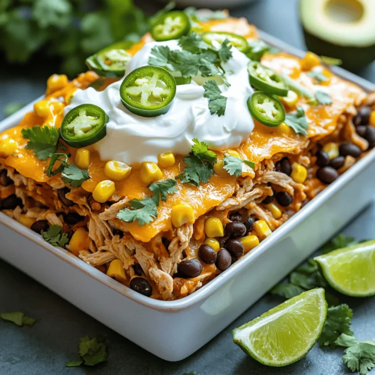 - 2 cups cooked shredded chicken - 1 can (15 oz) black beans, drained and rinsed - 1 can (15 oz) corn, drained - 1 packet taco seasoning - 1 cup salsa The main ingredients create the base of your casserole. The chicken offers protein and flavor. Black beans add fiber and a nice texture. Corn brings a touch of sweetness. Taco seasoning gives it that classic taco flavor. Salsa adds moisture and a pop of zest. - 1 cup sour cream - 2 cups shredded cheddar cheese (divided) The creamy layer makes this dish rich and smooth. Sour cream balances the spices with its coolness. The cheddar cheese melts beautifully, adding a great taste. Using two cups lets you have some on top for that golden finish. - 8 small corn tortillas, cut into quarters - 1 jalapeño, diced (optional) - Fresh cilantro, sliced avocado, and lime wedges for serving Corn tortillas are the backbone of this casserole. They soak up flavors and keep the layers together. You can add jalapeños for a spicy kick. Fresh cilantro, avocado, and lime make great garnishes. They brighten the dish and add freshness. For the full recipe, check out the details provided earlier. - Preheat oven to 350°F (175°C). - In a large mixing bowl, combine cooked chicken, black beans, corn, taco seasoning, and salsa. Mix well until combined. This step is key. It brings all the flavors together. The chicken adds protein, while beans and corn give texture. Taco seasoning provides that classic flavor we all love. Salsa adds moisture and zest. - In another bowl, mix sour cream with 1 cup of cheddar cheese. This makes a creamy layer. - In a 9x13 inch baking dish, spread half of the tortilla quarters. - Layer half of the chicken mixture over the tortillas. - Spread half of the sour cream and cheese mixture on top. You want to build layers for great taste. The tortillas give a base. The chicken mixture adds heartiness, and the creamy layer keeps it rich. - Repeat these layers using the remaining tortillas, chicken mixture, and creamy layer. - Top with the last cup of cheddar cheese. If using jalapeños, add them now. This final layer of cheese melts beautifully. It forms a golden crust that is hard to resist. - Cover the dish with foil. Bake for 30 minutes. - After 30 minutes, remove the foil. Bake for another 10-15 minutes until bubbly and golden. Baking warms everything through. The covered dish helps steam the casserole. Once uncovered, the cheese gets that nice golden color. For the full recipe, refer to the earlier section. Enjoy the process! To make your chicken taco casserole truly shine, use homemade or high-quality taco seasoning. The right seasoning packs a punch and enhances the flavor of your dish. Also, let the casserole cool slightly before serving. This small step brings out the flavors even more, making every bite enjoyable. Serve your casserole hot, and don’t skip the garnishes! Fresh cilantro and avocado add a burst of flavor. You can also pair it with a side salad or rice. These sides make for a complete meal that everyone will love. To make this dish, you will need a few simple tools: - Large mixing bowl - 9x13 inch baking dish - Aluminum foil These tools help ensure your casserole cooks evenly and looks great on your table. Don't forget to check the full recipe for detailed steps! {{image_2}} You can easily mix things up in your chicken taco casserole. If you want a different flavor, swap the chicken for ground turkey or beef. Both meats add a unique taste and texture. You can also use black-eyed peas or pinto beans instead of black beans. This change keeps the dish hearty and adds extra protein. Do you like heat? Add more jalapeños for a spicy kick. You can also include diced green chiles for extra flavor. These spicy ingredients boost the taste and make your casserole really pop. Adjust the amount based on your spice preference. If you're looking for a meatless meal, try a vegetarian version. You can substitute the chicken with a mix of extra vegetables like bell peppers, zucchini, or mushrooms. You can also use plant-based proteins like lentils or tofu. This way, you can enjoy a tasty and filling casserole without any meat. For the full recipe, check out the [Full Recipe]. After you enjoy your chicken taco casserole, store leftovers in an airtight container. This keeps the flavors fresh. You can refrigerate it for up to 3-4 days. Just make sure to let it cool before sealing. If you want to keep it longer, freezing works well. You can freeze the casserole in individual portions or freeze the whole dish. It stays good for up to 3 months. When you're ready to eat, just thaw it in the fridge overnight. To reheat, you have two options. You can heat it in the oven at 350°F until it is warmed through. If you're in a hurry, use the microwave. Just make sure it heats evenly so every bite is nice and hot. Enjoy your meal! Yes, leftover rotisserie chicken works great for this recipe. It saves time and adds flavor. Just shred or chop the chicken before mixing it in. This method makes the dish even easier. You'll love how the chicken blends with the other ingredients. You can use flour tortillas as a substitute. They will work just as well. Cut them into quarters like corn tortillas. This small change won’t affect the taste much. You'll still enjoy the same delicious flavors in your casserole. Ensure to use gluten-free tortillas and check seasonings for gluten. Many brands offer gluten-free options. Look for taco seasoning that is labeled gluten-free. These small changes keep this dish safe for everyone. Enjoy your flavorful casserole without worry! This chicken taco casserole is a tasty and simple dish to make. We covered key ingredients like cooked chicken, black beans, and corn. The creamy layer with sour cream and cheddar adds flavor, while the tortillas bring it together. You can customize it with different meats or make it vegetarian. Store leftovers easily, or freeze them for later. Enjoy this dish hot with your favorite garnishes. I hope you find joy in making this recipe and sharing it with others.