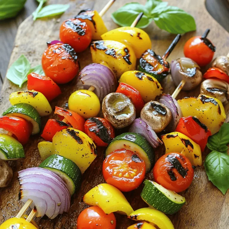 For your simple grilled veggie skewers, gather these fresh vegetables: - 1 bell pepper (red, yellow, or green), cut into 1-inch pieces - 1 zucchini, sliced into thick rounds - 1 yellow squash, sliced into thick rounds - 1 red onion, cut into wedges - 8 cherry tomatoes - 1 cup mushrooms, whole or halved if large Next, you'll need some seasonings and marinades to make them burst with flavor: - 3 tablespoons olive oil - 1 teaspoon garlic powder - 1 teaspoon dried oregano - 1 teaspoon smoked paprika - Salt and pepper to taste Finally, for a beautiful finish, consider these suggested garnishes: - Fresh basil leaves for garnish These ingredients make up the core of your skewers. They are colorful, tasty, and perfect for summer grilling. Feel free to check the full recipe for more details on preparing these delightful veggie skewers. Prepping the Vegetables Start by washing all your veggies. Cut the bell pepper into 1-inch pieces. Slice the zucchini and yellow squash into thick rounds. For the red onion, cut it into wedges. Make sure to keep the cherry tomatoes whole. If your mushrooms are big, you can cut them in half. Marinating for Flavor Place all the chopped vegetables in a large bowl. Drizzle 3 tablespoons of olive oil over them. Add 1 teaspoon each of garlic powder, dried oregano, and smoked paprika. Season with salt and pepper to taste. Toss the veggies well to coat them in the oil and spices. This step adds a lot of flavor to your skewers. Assembling the Skewers Grab your skewers and start threading the marinated veggies. Alternate colors and types for a fun look. This makes the skewers not only tasty but also pretty. Pack them close together, but leave a little space for even cooking. Preheating the Grill Before placing your skewers on the grill, preheat it to medium-high heat. If you're using wooden skewers, soak them in water for about 30 minutes. This helps prevent them from burning on the grill. Cooking Instructions Place the assembled skewers on the hot grill. Cook them for about 10 to 15 minutes. Turn them occasionally to ensure they cook evenly. You want to see nice grill marks on the veggies. Checking for Doneness To check if your skewers are done, look for tender veggies. They should be soft but not mushy. If they are tender and have those beautiful grill marks, they are ready to come off the grill. Let them rest for a couple of minutes before serving. For a nice touch, add some fresh basil leaves on top. Enjoy your colorful, tasty Simple Grilled Veggie Skewers! For the full recipe, check out the detailed instructions above. Best Practices for Even Cooking To cook veggies evenly, cut them into similar sizes. This helps them cook at the same pace. Use medium-high heat for grilling. It gives the best results for grilled veggie skewers. Avoiding Common Mistakes Don’t overcrowd the skewers. If you pack them too tightly, they won’t cook well. Make sure to turn them often while grilling. This helps prevent burning and ensures even cooking. Achieving Grill Marks To get those nice grill marks, place the skewers on the grill and leave them alone for a few minutes. Don’t move them too soon. After a few minutes, turn them a quarter turn for perfect marks. Pairing with Dips or Sauces These skewers taste great with dips. Try pairing them with hummus or tzatziki. A drizzle of balsamic glaze adds a lovely touch too. It enhances the flavor and makes the dish look fancy. Creative Plating Ideas For a fun presentation, arrange the skewers on a colorful platter. You can add fresh herbs or lemon slices for extra color. Consider using a wooden board for a rustic look. Add-ons to Enhance Flavor You can add more flavor by including cheese on the skewers. Feta or mozzarella works well. For a spicy kick, sprinkle chili flakes over the veggies before grilling. These small changes can really boost the taste. {{image_2}} Adding More Veggies You can get creative with your skewers. Try adding eggplant, asparagus, or bell peppers. Each veggie brings its own taste. Mix and match for fun flavors. Utilizing Seasonal Produce Use what’s fresh in your area. In summer, zucchini and tomatoes shine. In fall, try butternut squash or mushrooms. Seasonal veggies taste best. They also help the planet by reducing food miles. Using Different Types of Skewers You can use wooden, metal, or even rosemary skewers. Wooden skewers need soaking to prevent burning. Metal skewers are great for reuse. Rosemary skewers add a nice aroma to your veggies. Marinade Alternatives Switch up your marinade for new flavors. Try soy sauce, lemon juice, or balsamic vinegar. Each adds a unique twist. Marinating for at least 30 minutes helps flavors soak in. Adding Proteins like Tofu or Chicken Want to make it a meal? Add tofu, shrimp, or chicken to your skewers. Cut them into bite-sized pieces for easy grilling. This boosts protein and makes your dish more filling. Spice Up with Heat If you love spice, add chili flakes or hot sauce. You can also use jalapeños for a kick. Adjust the heat to your taste. This will give your skewers an exciting flavor boost. For the complete recipe, check out the Full Recipe section! You can prep skewers in advance. Cut all your veggies and marinate them. Store them in a bowl covered with plastic wrap. This keeps them fresh for up to 24 hours. If you want to store uncooked skewers, thread the veggies onto the skewers. Place them in a zip-top bag or an airtight container. Keep them in the fridge. They stay good for about a day. For leftover skewers, refrigerate them right away. Place them in a container with a lid. They will last 3 to 4 days in the fridge. You can also freeze them. Wrap the skewers tightly in plastic wrap and place them in a freezer bag. They can last up to 3 months frozen. To reheat, take them out of the fridge or freezer. If frozen, let them thaw in the fridge overnight. Heat the grill to medium. Place the skewers on the grill for about 5 minutes. Turn them to heat evenly. You can also reheat in the oven at 350°F for 10 minutes. Enjoy your tasty leftovers! How long should skewers be soaked? Soak wooden skewers for 30 minutes. This keeps them from burning on the grill. Can I use wooden skewers without soaking? Yes, but it's better to soak them. Soaking helps avoid flare-ups while grilling. What are the best vegetables to grill? Great choices include bell peppers, zucchini, mushrooms, onions, and cherry tomatoes. Each adds unique flavor and color to your skewers. Can I make these skewers in the oven? Absolutely! Preheat your oven to 400°F. Place the skewers on a baking sheet. Cook for about 20 minutes, turning halfway through. How can I ensure even cooking on the grill? Cut your veggies into similar sizes. Also, turn the skewers often while grilling to cook all sides evenly. Calorie count per serving Each serving has about 130 calories. This makes them a light and healthy dish. Health benefits of grilled vegetables Grilled veggies are full of vitamins and minerals. They boost your immune system and help with digestion. Options for low-carb diets These skewers fit well in low-carb diets. They are low in carbs and high in fiber. You can enjoy them guilt-free! For the full recipe, check out the Simple Grilled Veggie Skewers. You now have all you need to make great vegetable skewers. We covered ingredients, easy steps, and helpful tips. Plus, I shared tasty variations and how to store leftovers. With these ideas, grilling will be fun and simple. Enjoy delicious, healthy skewers with your family and friends. Remember, the best part is to experiment and find your favorite flavors! Happy grilling!