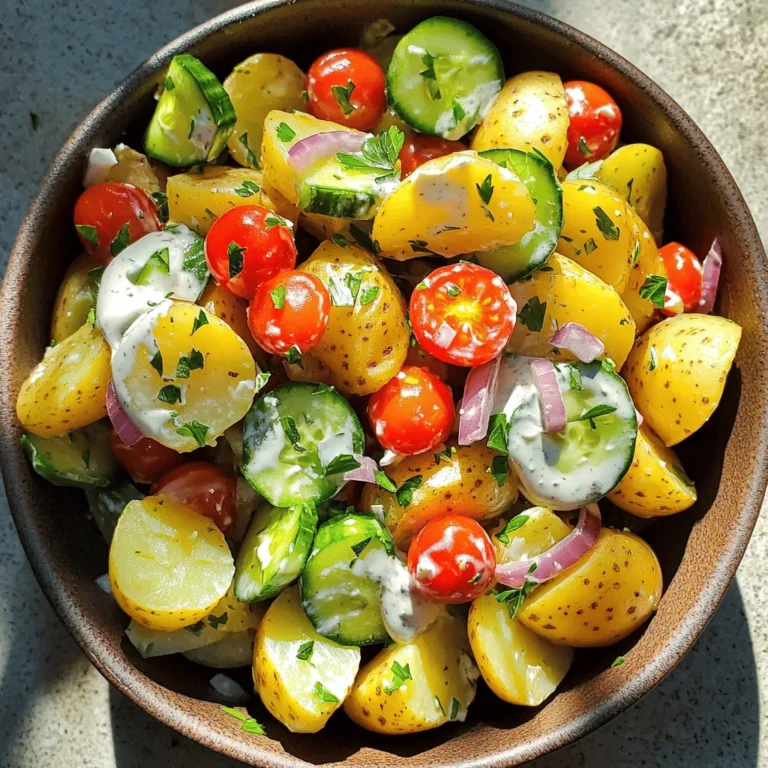 Here are the key ingredients you need for the Healthy No Mayo Potato Salad: - 4 medium-sized Yukon Gold potatoes, diced - 1 cup cherry tomatoes, halved - 1 cucumber, diced (seeds removed) - 1/2 cup red onion, finely chopped - 1/3 cup plain Greek yogurt - 2 tablespoons Dijon mustard - 2 tablespoons apple cider vinegar - 1 tablespoon extra virgin olive oil - 1 teaspoon garlic powder or 1 clove minced garlic - Salt and freshly cracked black pepper - Fresh parsley, chopped Each ingredient plays a vital role in this dish. The potatoes provide the main base and texture. Cherry tomatoes add a burst of sweetness, while cucumber brings a nice crunch. The red onion offers a bit of sharpness. Greek yogurt serves as a creamy, tangy substitute for mayo, making it lighter and healthier. Dijon mustard and apple cider vinegar add depth and tanginess to the dressing. Olive oil enhances the flavors and provides richness. Garlic powder or fresh garlic brings aromatic warmth, while salt and pepper are essential for seasoning. Finally, parsley adds freshness and a pop of color. For the full recipe, check out the Healthy No Mayo Potato Salad. - Start by filling a large pot with water. - Add a generous pinch of salt. - Bring the water to a rolling boil over high heat. - Carefully add the diced Yukon Gold potatoes. - Cook for about 10 to 15 minutes until fork-tender but not falling apart. - Drain the potatoes in a colander. - Allow them to cool to room temperature. - In a spacious mixing bowl, combine Greek yogurt, Dijon mustard, apple cider vinegar, and olive oil. - Add garlic powder, salt, and pepper. - Mix with a whisk until you achieve a smooth and creamy dressing. - Once the potatoes have cooled, gently add them to the bowl with the dressing. - Add halved cherry tomatoes, diced cucumber, and finely chopped red onion. - Gently fold all the ingredients together. - Be careful not to mash the potatoes. - Taste the salad and adjust the seasoning as needed. - Cover the bowl and refrigerate for at least 30 minutes. - This allows the flavors to meld and deepen. - Before serving, sprinkle freshly chopped parsley on top for a pop of color. This simple method makes a fantastic Healthy No Mayo Potato Salad that is easy and flavorful. You can find the complete details in the Full Recipe. To make sure your potatoes are fork-tender, boil them in salted water. Start with cold water and bring it to a boil. Cook them for 10 to 15 minutes. Check that they are soft but not mushy. If you overcook, it can ruin the salad. When you combine the ingredients, use a gentle hand. Fold the potatoes into the dressing slowly. This way, they stay intact and don't turn into mush. Adjust the seasoning to match your taste. You can add more salt or pepper as needed. If you like a bit of sweetness, add more Dijon mustard. It brings out the flavors of the other ingredients. For a smoother dressing, whisk the yogurt and mustard well. You want it creamy but not too thick. If it feels too thick, a splash of water can help. This salad pairs well with grilled chicken or fish. You can also serve it with fresh greens for a light meal. For a crunchy twist, top it with some sunflower seeds or nuts. Adding fresh herbs like dill or chives can also brighten the dish. Enjoy it as a side at picnics or barbecues. It’s a hit with everyone! {{image_4}} You can switch up the veggies in your potato salad. Instead of Yukon Gold potatoes, try red or purple potatoes. These add color and flavor. You can also use sweet potatoes for a sweeter taste. For a crunchier salad, add bell peppers or radishes. They give a nice bite. If you want more greens, toss in some spinach or kale. When it comes to yogurt, feel free to experiment. You can use low-fat plain yogurt or even dairy-free yogurt if you want. A tangy option is coconut yogurt, which adds a unique twist. If you want a vegan version, swap the Greek yogurt for a plant-based yogurt. Choose one that is plain and unsweetened. You can also add avocado for creaminess. For those who need gluten-free meals, this recipe is already safe. Just check that your mustard and vinegar are gluten-free. You can also enjoy this potato salad as a low-calorie dish. Use less oil or yogurt to cut down on calories. You can enjoy this potato salad in many ways. Serve it as a side dish at a barbecue or picnic. It pairs well with grilled meats and veggies. For a filling main dish, add some chickpeas or black beans. This boosts protein and flavor. If you want a fun twist, try serving it in lettuce wraps. Use large leaves like romaine or butter lettuce. This way, you get a fresh, crunchy bite with every scoop. For the complete recipe, check out the Full Recipe section above! To keep your Healthy No Mayo Potato Salad fresh, store it in the fridge. Place it in an airtight container. This helps keep moisture in and odors out. Make sure the lid is tight to avoid spills. If you have a lot of leftovers, divide them into smaller containers. This way, you only open what you plan to eat. Your potato salad will stay fresh for about three to five days in the fridge. Check for signs of spoilage before eating. If you see any mold or it smells off, toss it out. Freshness is key to enjoying the flavors of the salad. Always trust your senses! If you prefer your potato salad cold, serve it straight from the fridge. It tastes great chilled. If you want to refresh the flavors, add a splash of apple cider vinegar or a bit more Greek yogurt. This can help bring back the zing. Mix it gently, and enjoy! Yes, you can make this salad ahead of time. It tastes even better after chilling. To prep in advance, follow these best practices: - Cook and cool the potatoes: Boil the Yukon Gold potatoes and allow them to cool completely. - Mix the dressing: Combine the Greek yogurt, mustard, vinegar, and olive oil in a separate bowl. - Store separately: Keep the dressing and the potatoes in separate containers. This keeps the salad fresh and prevents sogginess. - Combine before serving: When you are ready to eat, mix the potatoes with the dressing and add the veggies. If you need an alternative to Greek yogurt, there are several options. For those with dairy allergies, consider these substitutes: - Silken tofu: Blend it until smooth for a creamy texture. - Dairy-free yogurt: Use almond or coconut yogurt for a similar taste and texture. - Avocado: Mash ripe avocado to add creaminess and healthy fats. These options keep the salad delicious without dairy. Yes, this recipe is perfect for meal prep. Here are some tips for portioning and storing: - Divide into servings: Use small containers to portion out the salad for easy meals. - Keep it fresh: Store in airtight containers in the fridge. - Lasts for days: The salad will stay good for up to four days. - Grab-and-go meals: This makes for a quick lunch or side dish throughout the week. With these steps, you can enjoy healthy meals all week long. For the full recipe, visit the [Full Recipe] link. This healthy no-mayo potato salad is easy and tasty. We covered what to use and how to make it step-by-step. I shared tips for the best texture and flavor, plus ideas for serving it. Remember, you can swap out ingredients to fit your needs. Store leftovers for freshness and enjoy them later. You now have a great recipe for any meal. Get creative and make it your own!