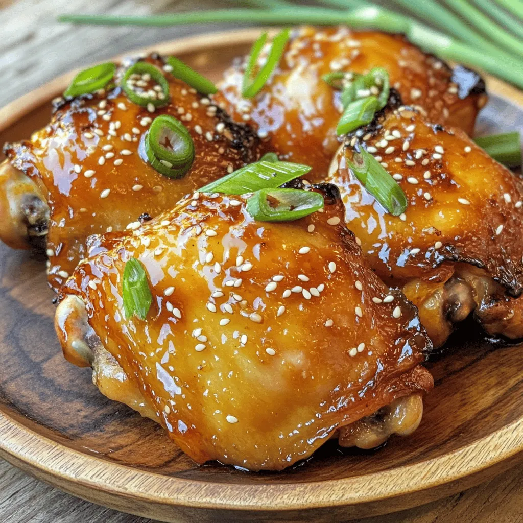 - 4 boneless chicken thighs - 1/4 cup honey - 1/4 cup low-sodium soy sauce - 4 cloves garlic, minced - 1 teaspoon fresh ginger, grated - 1 tablespoon sesame oil - 1 tablespoon olive oil - Salt and freshly ground black pepper to taste - 2 green onions, sliced (for garnish) - Sesame seeds (for garnish) When you gather these ingredients, you set the stage for a great dish. The chicken thighs are juicy and tender, and they soak up the sweet and savory marinade. Honey adds a nice touch of sweetness, while soy sauce brings depth. Don't skip the garlic and ginger; they boost the flavor. The sesame oil and olive oil mix well, giving the chicken a rich taste. The seasonings are simple, just salt and pepper, but they make a big difference. For garnish, green onions and sesame seeds add a fresh crunch and a pop of color. This simple list makes cooking fun. You can find these ingredients at any grocery store. As you prepare, think about how these flavors will blend together. It’s a delightful experience. You can check out the Full Recipe to dive deeper into this delicious dish. To start, grab a medium bowl. In it, whisk together the honey, low-sodium soy sauce, minced garlic, and grated ginger. This mixture creates a sweet and savory marinade that makes the chicken shine. Ensure it’s mixed well, as this is where the magic begins. Next, take your chicken thighs and sprinkle salt and freshly ground black pepper on both sides. This step is crucial for flavor. Now, place the chicken in a large zip-top bag or a shallow dish. Pour the prepared marinade over the chicken, ensuring it’s coated well. Seal the bag or cover the dish tightly. For the best taste, let it sit in the fridge for at least 30 minutes, or up to 2 hours if you can wait. Heat sesame oil and olive oil in a large skillet over medium-high heat. Wait until the oils shimmer, which should take a minute or two. Once hot, remove the chicken from the marinade, saving the leftover marinade for later. Carefully place the chicken in the skillet. Cook for about 5-7 minutes on each side, until the chicken turns golden brown and reaches an internal temperature of 165°F. This will give you a crunchy exterior. After cooking the chicken, take it out of the skillet and let it rest on a plate. Now, pour the reserved marinade into the same skillet. Bring it to a gentle simmer over medium heat. Let it cook for about 3-4 minutes until it reduces slightly and thickens. This creates a rich sauce that will coat your chicken perfectly. Return the cooked chicken to the skillet. Make sure each piece is well-coated in the thickened sauce. Cook for an additional 1-2 minutes to meld the flavors. Finally, transfer the Honey Garlic Chicken to a serving platter or individual plates. Garnish with sliced green onions and a sprinkle of sesame seeds for a nice crunch. This dish is not just tasty; it’s also beautiful! For the full recipe, be sure to check out the details above. Enjoy your cooking! Marinating the chicken makes it juicy and full of flavor. I recommend marinating for at least 30 minutes. For even better taste, aim for 2 hours. This longer time helps the chicken soak up the honey and garlic flavors. To get that perfect golden-brown crust, heat the oils well before adding the chicken. Make sure your skillet is hot when you place the chicken inside. Cook it in batches if your skillet is small. This way, the chicken cooks evenly. Flip it only once or twice to keep that crust nice and intact. To make your honey garlic chicken even better, try adding spices. A pinch of red pepper flakes gives it a nice kick. If you love citrus, some fresh lime juice adds brightness. You can also toss in some chopped fresh herbs like cilantro for a fresh twist. Each of these will enhance the dish and make it your own. For the complete cooking guidance and more details, check out the Full Recipe. {{image_4}} You can add seasonal vegetables to your honey garlic chicken. Try bell peppers, broccoli, or snap peas. Chop them into bite-sized pieces. Sauté them in the skillet before adding the chicken. This gives your dish color and crunch. You can also steam the veggies and serve them on the side. If you like heat, make spicy honey garlic chicken. Add chili flakes or a splash of sriracha to the marinade. Start with a small amount and taste as you go. This will give your dish a nice kick. The sweetness of the honey balances the heat well. You’ll enjoy the flavor contrast! To turn this dish into a stir-fry, cut the chicken into strips. Marinate them as usual. Heat a wok or large skillet over high heat. Add a bit more oil for frying. Toss the chicken strips in the hot oil until they are golden. Add your favorite vegetables during cooking. Serve it over rice or noodles for a complete meal. These variations keep the dish fresh and fun! For the full recipe, check out the detailed instructions above. To store your honey garlic chicken, let it cool first. Place it in an airtight container. This will keep it fresh. Enjoy your leftovers within three to four days. You can also use the original marinade as a dipping sauce. If you want to freeze honey garlic chicken, first let it cool completely. Place it in a freezer-safe bag or container. Make sure to remove as much air as possible. It can stay in the freezer for up to three months. When you're ready to eat, thaw it in the fridge overnight. Reheat it in a skillet over medium heat until hot. Honey garlic chicken is safe to eat for three to four days when refrigerated. If frozen, use it within three months for best taste. Always check for any off smells or changes in texture before eating. This will ensure your meal remains safe and delicious. For the full recipe, check out the section above. You can pair Honey Garlic Chicken with many tasty sides. Here are some great options: - Steamed jasmine rice - Stir-fried vegetables - Roasted broccoli - Garlic mashed potatoes - Simple green salad - Sweet potato fries These sides complement the sweet and savory flavors of the chicken well. Yes, you can use chicken breast. It will cook faster than thighs. Make sure to adjust the cooking time. Cook breast pieces for about 5-6 minutes on each side. This will keep them juicy and tender. To make Honey Garlic Chicken in an Instant Pot, follow these steps: 1. Mix the marinade as in the full recipe. 2. Season the chicken and add it to the pot. 3. Pour the marinade over the chicken. 4. Seal the lid and set to cook on high pressure for 8 minutes. 5. Allow natural release for 5 minutes, then quick release the rest. This method makes the chicken tender and packed with flavor. Here are some great places to enjoy Honey Garlic Chicken: - Panda Express: Their version is popular and has a good balance of sweet and savory. - Hibachi Grill: Known for their fresh ingredients and bold flavors. - Local Asian bistros: Many small restaurants offer great homemade styles. These spots often serve delicious Honey Garlic Chicken that you can enjoy when dining out. You learned how to make Honey Garlic Chicken with simple ingredients and clear steps. This dish blends sweet and savory flavors, making it a favorite in many homes. Remember to marinate the chicken for best taste and feel free to experiment with added spices or veggies. Store leftovers properly to keep them fresh longer. With these tips and tricks, you're ready to impress everyone at your next meal. Enjoy your cooking adventure!