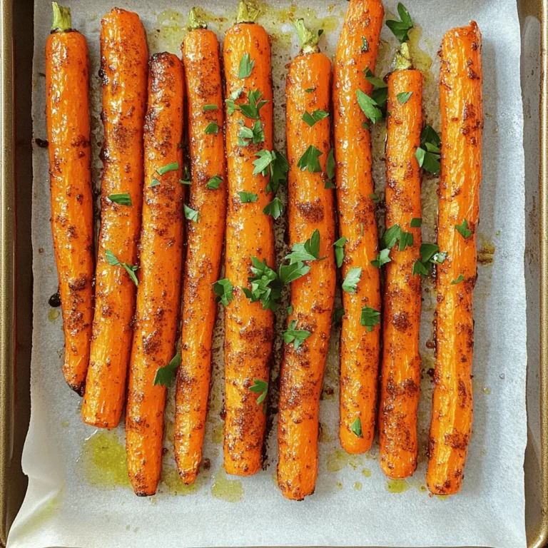 - 1 lb carrots, peeled and cut into sticks - 2 tablespoons olive oil - 1 tablespoon brown sugar - 1 teaspoon smoked paprika - 1 teaspoon ground cumin - ½ teaspoon cayenne pepper - Salt and pepper to taste - Fresh parsley for garnish The main ingredients are key to making simple roasted carrots taste great. Start with fresh carrots. Choose firm ones that are bright in color. These will give you the best flavor and texture. Olive oil adds richness and helps the spices stick. Brown sugar brings a hint of sweetness and helps caramelize the carrots. Spice them up with smoked paprika, ground cumin, and cayenne pepper. Adjust the cayenne based on how much heat you like. Finally, don't forget the salt and pepper to enhance the flavors. - Other spices like garlic powder or thyme - Honey or maple syrup for sweetness You can play with optional ingredients to change the taste. Garlic powder adds a savory touch, while thyme gives a fresh, herbal flavor. If you want to boost the sweetness even more, try honey or maple syrup instead of brown sugar. These options let your creativity shine. - Baking sheet - Parchment paper - Mixing bowl Using the right tools makes cooking easier. A baking sheet helps the carrots roast evenly. Lining it with parchment paper makes cleanup a breeze. A mixing bowl is perfect for tossing the carrots with oil and spices. This setup ensures you have a smooth cooking process and tasty results. For the full recipe, check out the Sweet & Spicy Roasted Carrots! - Preheat the oven to 425°F (220°C). - Prepare the carrot sticks. Cut them into even pieces. This helps them cook evenly. - Toss the carrots with olive oil in a large bowl. Make sure they are well-coated. - Add brown sugar, smoked paprika, ground cumin, cayenne pepper, salt, and pepper. Mix well to coat all the carrots. - Arrange the carrots in a single layer on a baking sheet. Use parchment paper for easy cleanup. - Roast in the oven for 20-25 minutes. Turn the carrots halfway through cooking. This ensures even cooking and caramelization. Cutting your carrots evenly is key. This helps them cook at the same rate. Aim for sticks about the same size. They should be around 1/2 inch thick. When they are done, they should be tender and slightly caramelized. You can poke them with a fork to check. If they feel soft and have a bit of color, they are perfect. You can adjust the spices to match your taste. Try adding garlic powder for depth. If you want more heat, add extra cayenne pepper. Roasted carrots pair well with other veggies. Try mixing in bell peppers or zucchini. This creates a colorful and tasty mix. How you serve your carrots can impress your guests. Use a nice plate and arrange the carrots in a fan shape. This makes them look elegant. For a pop of color, sprinkle fresh parsley on top. You could also add a squeeze of lemon juice for brightness. {{image_2}} You can change up the taste of roasted carrots in fun ways. One option is Sweet & Spicy Roasted Carrots. This version uses brown sugar and spices for a kick. You get a nice balance of sweet and heat with smoked paprika and cayenne pepper. It adds depth and makes the carrots really shine. Another idea is Herb-Infused Roasted Carrots. Here, you can use fresh herbs like thyme or rosemary. These herbs add freshness and a lovely aroma. Just toss them in with the carrots before roasting. This gives you a light and fragrant dish that pairs well with many meals. Making your roasted carrots fit your diet is easy. For vegan-friendly options, just use olive oil without any butter. All the other ingredients are already plant-based. This keeps the dish tasty and suitable for everyone. If you need gluten-free options, you’re in luck! This recipe is naturally gluten-free. Just make sure that any additional seasonings you add are also gluten-free. This way, you can enjoy the flavors without worry. You can also roast your carrots in an air fryer for a quicker option. Just toss the carrot sticks with olive oil and spices as usual. Then, place them in the air fryer basket. Cook them at 400°F (200°C) for about 15-20 minutes. Shake the basket halfway for even cooking. If you prefer stovetop cooking, try sautéing the carrots. Heat some olive oil in a large pan over medium heat. Add the carrot sticks and sauté for about 10-15 minutes. Stir often until they soften and start to caramelize. This method gives you great flavor and a nice texture. For the full recipe, check out the Sweet & Spicy Roasted Carrots section above. To store leftover roasted carrots, let them cool first. Place the carrots in an airtight container. This keeps them fresh longer. I suggest using glass or plastic containers. They seal well and make it easy to see what's inside. Freezing roasted carrots is simple. First, let them cool completely. Then, spread them on a baking sheet. Freeze them for about an hour. Once frozen, transfer them to a freezer-safe bag. Squeeze out as much air as possible before sealing. To reheat, take them out and bake at 400°F (200°C) for about 10-15 minutes. This warms them up nicely without losing flavor. In the fridge, roasted carrots last about 3 to 5 days. Keep an eye on them. If they start to smell bad or look slimy, it’s time to toss them. Fresh carrots should be firm and bright in color. If you notice any dark spots, that’s a sign of spoilage. To make simple roasted carrots, start by preheating your oven to 425°F (220°C). Next, peel and cut 1 lb of carrots into sticks. In a bowl, toss the carrot sticks with 2 tablespoons of olive oil. Then, add 1 tablespoon of brown sugar, 1 teaspoon of smoked paprika, 1 teaspoon of ground cumin, and ½ teaspoon of cayenne pepper. Don’t forget to sprinkle salt and pepper to taste. Mix until the carrots are evenly coated. Spread them out on a baking sheet lined with parchment paper. Roast them for 20-25 minutes, turning halfway. The carrots should be tender and caramelized. For the full recipe, check out the Sweet & Spicy Roasted Carrots section. The best temperature for roasting carrots is 425°F (220°C). This heat helps the carrots caramelize nicely. Caramelization brings out their natural sweetness. It also gives them a wonderful golden color. If the oven is too hot, the carrots may burn. If it’s too cool, they will not cook properly. So, stick to this temperature for perfect results. Yes, you can use baby carrots instead of regular ones. Baby carrots are smaller and more tender. You won’t need to cut them, but you should adjust the cooking time. Roast baby carrots for about 15-20 minutes. Check for tenderness by piercing them with a fork. They should be soft but not mushy. Feel free to use the same seasoning mix for great flavor. Roasting carrots is an easy and tasty way to enjoy this healthy veggie. We discussed key ingredients, cooking steps, and helpful tips for great results. You can try different flavors and methods to suit your taste. Remember, even small changes, like adding spices or adjusting cooking times, make a big difference. Follow the steps and enjoy a delicious dish. Happy cooking!