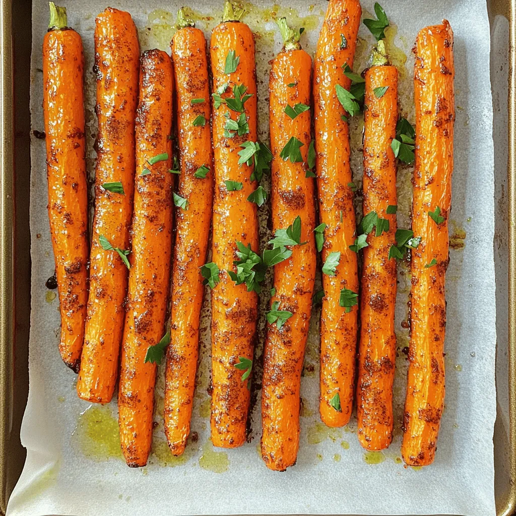 - 1 lb carrots, peeled and cut into sticks - 2 tablespoons olive oil - 1 tablespoon brown sugar - 1 teaspoon smoked paprika - 1 teaspoon ground cumin - ½ teaspoon cayenne pepper - Salt and pepper to taste - Fresh parsley for garnish The main ingredients are key to making simple roasted carrots taste great. Start with fresh carrots. Choose firm ones that are bright in color. These will give you the best flavor and texture. Olive oil adds richness and helps the spices stick. Brown sugar brings a hint of sweetness and helps caramelize the carrots. Spice them up with smoked paprika, ground cumin, and cayenne pepper. Adjust the cayenne based on how much heat you like. Finally, don't forget the salt and pepper to enhance the flavors. - Other spices like garlic powder or thyme - Honey or maple syrup for sweetness You can play with optional ingredients to change the taste. Garlic powder adds a savory touch, while thyme gives a fresh, herbal flavor. If you want to boost the sweetness even more, try honey or maple syrup instead of brown sugar. These options let your creativity shine. - Baking sheet - Parchment paper - Mixing bowl Using the right tools makes cooking easier. A baking sheet helps the carrots roast evenly. Lining it with parchment paper makes cleanup a breeze. A mixing bowl is perfect for tossing the carrots with oil and spices. This setup ensures you have a smooth cooking process and tasty results. For the full recipe, check out the Sweet & Spicy Roasted Carrots! - Preheat the oven to 425°F (220°C). - Prepare the carrot sticks. Cut them into even pieces. This helps them cook evenly. - Toss the carrots with olive oil in a large bowl. Make sure they are well-coated. - Add brown sugar, smoked paprika, ground cumin, cayenne pepper, salt, and pepper. Mix well to coat all the carrots. - Arrange the carrots in a single layer on a baking sheet. Use parchment paper for easy cleanup. - Roast in the oven for 20-25 minutes. Turn the carrots halfway through cooking. This ensures even cooking and caramelization. Cutting your carrots evenly is key. This helps them cook at the same rate. Aim for sticks about the same size. They should be around 1/2 inch thick. When they are done, they should be tender and slightly caramelized. You can poke them with a fork to check. If they feel soft and have a bit of color, they are perfect. You can adjust the spices to match your taste. Try adding garlic powder for depth. If you want more heat, add extra cayenne pepper. Roasted carrots pair well with other veggies. Try mixing in bell peppers or zucchini. This creates a colorful and tasty mix. How you serve your carrots can impress your guests. Use a nice plate and arrange the carrots in a fan shape. This makes them look elegant. For a pop of color, sprinkle fresh parsley on top. You could also add a squeeze of lemon juice for brightness. {{image_2}} You can change up the taste of roasted carrots in fun ways. One option is Sweet & Spicy Roasted Carrots. This version uses brown sugar and spices for a kick. You get a nice balance of sweet and heat with smoked paprika and cayenne pepper. It adds depth and makes the carrots really shine. Another idea is Herb-Infused Roasted Carrots. Here, you can use fresh herbs like thyme or rosemary. These herbs add freshness and a lovely aroma. Just toss them in with the carrots before roasting. This gives you a light and fragrant dish that pairs well with many meals. Making your roasted carrots fit your diet is easy. For vegan-friendly options, just use olive oil without any butter. All the other ingredients are already plant-based. This keeps the dish tasty and suitable for everyone. If you need gluten-free options, you’re in luck! This recipe is naturally gluten-free. Just make sure that any additional seasonings you add are also gluten-free. This way, you can enjoy the flavors without worry. You can also roast your carrots in an air fryer for a quicker option. Just toss the carrot sticks with olive oil and spices as usual. Then, place them in the air fryer basket. Cook them at 400°F (200°C) for about 15-20 minutes. Shake the basket halfway for even cooking. If you prefer stovetop cooking, try sautéing the carrots. Heat some olive oil in a large pan over medium heat. Add the carrot sticks and sauté for about 10-15 minutes. Stir often until they soften and start to caramelize. This method gives you great flavor and a nice texture. For the full recipe, check out the Sweet & Spicy Roasted Carrots section above. To store leftover roasted carrots, let them cool first. Place the carrots in an airtight container. This keeps them fresh longer. I suggest using glass or plastic containers. They seal well and make it easy to see what's inside. Freezing roasted carrots is simple. First, let them cool completely. Then, spread them on a baking sheet. Freeze them for about an hour. Once frozen, transfer them to a freezer-safe bag. Squeeze out as much air as possible before sealing. To reheat, take them out and bake at 400°F (200°C) for about 10-15 minutes. This warms them up nicely without losing flavor. In the fridge, roasted carrots last about 3 to 5 days. Keep an eye on them. If they start to smell bad or look slimy, it’s time to toss them. Fresh carrots should be firm and bright in color. If you notice any dark spots, that’s a sign of spoilage. To make simple roasted carrots, start by preheating your oven to 425°F (220°C). Next, peel and cut 1 lb of carrots into sticks. In a bowl, toss the carrot sticks with 2 tablespoons of olive oil. Then, add 1 tablespoon of brown sugar, 1 teaspoon of smoked paprika, 1 teaspoon of ground cumin, and ½ teaspoon of cayenne pepper. Don’t forget to sprinkle salt and pepper to taste. Mix until the carrots are evenly coated. Spread them out on a baking sheet lined with parchment paper. Roast them for 20-25 minutes, turning halfway. The carrots should be tender and caramelized. For the full recipe, check out the Sweet & Spicy Roasted Carrots section. The best temperature for roasting carrots is 425°F (220°C). This heat helps the carrots caramelize nicely. Caramelization brings out their natural sweetness. It also gives them a wonderful golden color. If the oven is too hot, the carrots may burn. If it’s too cool, they will not cook properly. So, stick to this temperature for perfect results. Yes, you can use baby carrots instead of regular ones. Baby carrots are smaller and more tender. You won’t need to cut them, but you should adjust the cooking time. Roast baby carrots for about 15-20 minutes. Check for tenderness by piercing them with a fork. They should be soft but not mushy. Feel free to use the same seasoning mix for great flavor. Roasting carrots is an easy and tasty way to enjoy this healthy veggie. We discussed key ingredients, cooking steps, and helpful tips for great results. You can try different flavors and methods to suit your taste. Remember, even small changes, like adding spices or adjusting cooking times, make a big difference. Follow the steps and enjoy a delicious dish. Happy cooking!