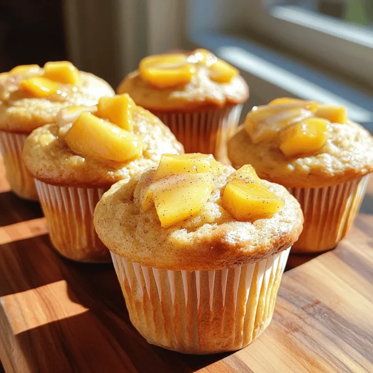 Key Ingredients For these easy peach muffins, you need: - 2 cups all-purpose flour - 1 cup granulated sugar - 1 tablespoon baking powder - 1/2 teaspoon baking soda - 1/2 teaspoon salt - 1/2 cup unsalted butter, melted - 1 cup buttermilk (or milk with 1 tablespoon vinegar) - 2 large eggs - 2 cups fresh peaches, peeled and diced - 1 teaspoon vanilla extract These ingredients create a fluffy base and a sweet peach flavor. The buttermilk helps keep the muffins moist and tender. Optional Ingredients for Customization You can add extra flavors or textures with these options: - 1 teaspoon cinnamon (optional) - 1/2 cup chopped walnuts or pecans (optional) Adding nuts gives a nice crunch, while cinnamon adds warmth. Feel free to mix and match based on your taste! You can find the full recipe for these delightful peach muffins at the end of this section. First, turn on your oven to 350°F (175°C). This preheating step ensures even baking. While the oven warms, prepare your muffin tin. You can use paper liners or spray it with non-stick spray. This helps the muffins come out easily after baking. In a large bowl, add 2 cups of all-purpose flour. Next, pour in 1 cup of granulated sugar. Then, add 1 tablespoon of baking powder, 1/2 teaspoon of baking soda, and 1/2 teaspoon of salt. Use a whisk to mix everything well. This step combines the dry ingredients for a fluffy muffin. In another bowl, melt 1/2 cup of unsalted butter. Let it cool a bit before mixing. Add 1 cup of buttermilk, 2 large eggs, and 1 teaspoon of vanilla extract. Stir everything together until smooth. This mixture creates a rich base for your muffins. Gently pour the wet mixture into the bowl with dry ingredients. Use a spatula to fold them together. Do this carefully; it’s okay if some lumps remain. Now, add 2 cups of diced peaches and, if you like, 1/2 cup of chopped walnuts or pecans. Fold them in gently to keep the peaches intact. Now, fill each muffin cup about 2/3 full with batter. If you want, sprinkle a little cinnamon on top. Place the muffin tin in the oven and bake for 18-20 minutes. To check if they’re done, insert a toothpick into the center. It should come out clean. Once baked, let the muffins cool in the pan for about 5 minutes. After that, transfer them to a wire rack. This helps them cool completely without getting soggy. Enjoy your peach muffins warm or at room temperature. For a special touch, drizzle honey or maple syrup on top. To get the best muffin texture, mix the dry and wet ingredients separately. This keeps the muffins light and fluffy. When you combine them, fold gently. Overmixing can make your muffins dense. Aim for a few lumps in the batter. This will help keep them airy and soft. These peach muffins shine when served warm. You can drizzle honey or maple syrup on top for extra sweetness. Try sprinkling powdered sugar for a nice touch. They pair well with coffee or tea. Enjoy them for breakfast or as an afternoon snack. Adding spices can elevate your muffins. Cinnamon is a great choice. It enhances the peach flavor. You can also try nutmeg or ginger for a unique twist. If you want a nutty crunch, add chopped walnuts or pecans. This adds texture and flavor. For the full recipe, check the details above. {{image_2}} You can switch out peaches for other fruits. Try blueberries, bananas, or apples. Each fruit gives a new taste. For blueberries, fold in about one cup. For bananas, use about two mashed bananas instead of peaches. Apples add a nice crunch. Just make sure to adjust the sweetness if needed. You can make these muffins gluten-free easily. Use a 1-to-1 gluten-free flour blend. Ensure it has xanthan gum for the right texture. For dairy-free muffins, substitute buttermilk with almond milk or coconut milk. You can also use plant-based butter in place of regular butter. These swaps keep the muffins fluffy and tasty. If you want less sugar, use honey or maple syrup. They add a nice flavor. Use about three-quarters of a cup for a sweet taste. For a sugar-free option, try stevia or monk fruit sweetener. These alternatives keep the muffins sweet without extra calories. Just adjust the amount according to the brand's instructions. To keep your peach muffins fresh, store them in an airtight container. Use a container that can hold all muffins without squishing them. If you have leftovers, place a piece of wax paper between layers. This keeps them from sticking. Store them at room temperature for up to three days. If you want to keep them longer, freezing is a great option. To freeze your muffins, first, let them cool completely. Then, wrap each muffin in plastic wrap. Place them in a freezer bag or container. Make sure to remove as much air as possible. Label the bag with the date. These muffins can stay fresh for up to three months in the freezer. When you're ready to enjoy them, just take one out and let it thaw at room temperature. You can warm it in the microwave for a few seconds to bring back its softness. Peach muffins are best when fresh, but they can last. At room temperature, they stay good for about three days. If you store them in the fridge, they can last up to a week. However, refrigeration can change their texture. For the best taste, enjoy them fresh or frozen. Always check for any signs of mold before eating. Keeping them stored well ensures you get every bit of that peachy goodness. Yes, you can use canned peaches. Just drain them well and chop them small. Canned peaches have more moisture. This may change the texture of your muffins, making them softer. If using canned peaches, reduce the buttermilk by a tablespoon. This helps keep the batter from being too wet. To check if the muffins are done, insert a toothpick into the center. If it comes out clean, the muffins are ready. You can also gently press the top. If it springs back, they are done. If it leaves a dent, they need more time. Yes, you can make the batter ahead of time. Mix the dry and wet ingredients separately. Store them in the fridge for up to 24 hours. When ready, mix them together and fold in the peaches. Bake as directed for fresh muffins. You can use different nuts like almonds or hazelnuts. Chop them finely so they mix well. You can also skip the nuts if you prefer. The muffins will still taste great without them. This post shared key ingredients for making tasty muffins. You learned step-by-step instructions for baking and cooling them. We discussed tips for perfect texture and flavor. You can also explore different fruit options for variety. Finally, you now know how to store muffins and answers to common questions. These muffins are easy and fun to make. Enjoy them fresh or try your own twists! Happy baking!