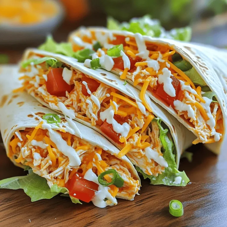 To make spicy Buffalo chicken wraps, gather these ingredients: - 2 cups cooked chicken, shredded - 1/2 cup buffalo sauce (adjust to taste) - 1 cup shredded lettuce - 1/2 cup diced tomatoes - 1/2 cup shredded cheddar cheese - 1/4 cup ranch dressing (or blue cheese dressing) - 4 large flour tortillas - 1/4 cup sliced green onions - Salt and pepper to taste These ingredients create a flavorful and satisfying meal. The chicken gives protein, while the buffalo sauce adds spice. The lettuce and tomatoes provide crunch and freshness. Cheddar cheese adds a rich taste, and the ranch dressing cools it down. You can easily swap some ingredients if you prefer. For a lighter option, use grilled chicken or turkey. You can also try different sauces like barbecue or teriyaki for a twist. If you want a low-carb meal, use lettuce leaves instead of tortillas. For a dairy-free version, skip the cheese and dressing or use vegan options. Here is the nutritional breakdown for one wrap: - Calories: ~350 - Protein: ~30g - Carbohydrates: ~30g - Fat: ~15g - Fiber: ~2g This meal packs a good amount of protein, making it a filling dish. Adjust your portion size based on your dietary needs. For more details, check out the Full Recipe. To start, you need to mix the chicken with the buffalo sauce. Take a medium bowl and add 2 cups of shredded chicken. Pour in 1/2 cup of buffalo sauce. Make sure the chicken is fully coated in the sauce. If you like it spicier, add more sauce. This mixture packs a punch and gives a bold flavor. Next, grab a large flour tortilla. Lay it flat on a clean surface. In the center, spoon 1/4 cup of the buffalo chicken mixture. Top this with shredded lettuce, diced tomatoes, and 1/2 cup of cheddar cheese. Drizzle 1/4 cup of ranch dressing over the top. Add a sprinkle of sliced green onions. Season lightly with salt and pepper. Now, fold in the sides of the tortilla and roll it tightly from the bottom up. If you want a crispy wrap, heat a skillet over medium heat. Grill each wrap for 2-3 minutes on each side. This step adds a lovely crunch and seals the wrap nicely. Once done, slice the wraps in half diagonally. Serve with extra ranch dressing for dipping. Enjoy your spicy buffalo chicken wraps! For more details, check the Full Recipe. To make the best spicy buffalo chicken wraps, focus on balance. The heat from the buffalo sauce needs a cool counter. Use ranch or blue cheese dressing to calm the spice. Add fresh veggies like lettuce and tomatoes for crunch and freshness. Adjust the sauce to fit your taste. A little more sauce can make it even better. You can make these wraps ahead of time. Just prepare the chicken mixture and keep it in the fridge. When you’re ready to eat, assemble the wraps. This way, you save time during busy days. You can also wrap them in foil for easy transport. Just remember, the longer they sit, the softer the tortilla gets. These wraps shine with tasty dips. Serve with extra ranch or blue cheese dressing for dipping. You can also add chips or veggie sticks on the side. A fresh salad complements the meal well. For a fun twist, try serving them with pickles or coleslaw. These sides enhance the meal and keep it exciting. Check out the Full Recipe for more ideas! {{image_2}} You can easily make a vegetarian version of this wrap. Instead of chicken, use cooked quinoa or chickpeas. They both add protein and texture. Toss them with buffalo sauce just like the chicken. For added crunch, include diced bell peppers or shredded carrots. These veggies give a fresh taste and color. If you want more heat, try adding jalapeños or hot pepper flakes. You can also use spicy ranch or chipotle sauce instead of the regular ranch. For a twist, switch the buffalo sauce with a spicy sriracha or harissa sauce. This change gives a different flavor while keeping it hot. The type of tortilla can change your wrap experience. Flour tortillas are soft and easy to work with. If you want a healthier option, use whole wheat tortillas. For a gluten-free choice, corn tortillas work well too. When wrapping, make sure to fold in the sides first. This keeps everything inside. Roll it tight, so nothing spills out while eating. To keep your spicy buffalo chicken wraps fresh, wrap them in foil or plastic wrap. Place them in an airtight container. Store the wraps in the fridge for up to three days. You can also keep the chicken mix separate from the tortillas. This way, the tortillas won’t get soggy. When you’re ready to eat, take the wraps out of the fridge. You can microwave them for about 30 seconds. If you want a crispy wrap, use a skillet. Heat it on medium and grill the wrap for 2-3 minutes on each side. This will bring back that crunch. If you want to freeze your wraps, wait until they cool down. Wrap each one tightly in plastic wrap and then place them in a freezer bag. They can last up to three months in the freezer. To eat, thaw in the fridge overnight and reheat as explained above. Enjoy your spicy buffalo chicken wraps anytime! For the full recipe, check back to the main section. Yes, you can use pre-cooked chicken. It saves time and makes this meal quick. Just shred the chicken and mix it with the buffalo sauce. This method still gives you great flavor without the extra step of cooking. The best sauce is buffalo sauce. It has a bold, spicy taste that pairs well with chicken. You can also mix it with ranch dressing for a creamier option. Feel free to try different brands to find your favorite flavor. You can easily change the spice level. To make it milder, use less buffalo sauce. If you like heat, add more sauce or try extra hot sauce. You can also add jalapeños or hot peppers for an extra kick. Enjoy making this dish your own! This blog post has covered everything you need to make tasty buffalo chicken wraps. We’ve explored the full ingredient list, substitutions, and how many nutrients each serving offers. I shared step-by-step instructions, helpful tips, and variations for different tastes. You can learn to store leftovers and reheat them perfectly. With the FAQs, you can find answers to common questions. Now, you can enjoy this simple, delicious meal your way!