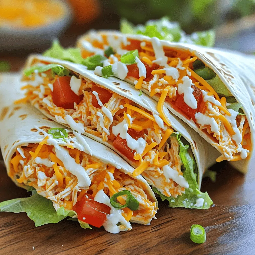 To make spicy Buffalo chicken wraps, gather these ingredients: - 2 cups cooked chicken, shredded - 1/2 cup buffalo sauce (adjust to taste) - 1 cup shredded lettuce - 1/2 cup diced tomatoes - 1/2 cup shredded cheddar cheese - 1/4 cup ranch dressing (or blue cheese dressing) - 4 large flour tortillas - 1/4 cup sliced green onions - Salt and pepper to taste These ingredients create a flavorful and satisfying meal. The chicken gives protein, while the buffalo sauce adds spice. The lettuce and tomatoes provide crunch and freshness. Cheddar cheese adds a rich taste, and the ranch dressing cools it down. You can easily swap some ingredients if you prefer. For a lighter option, use grilled chicken or turkey. You can also try different sauces like barbecue or teriyaki for a twist. If you want a low-carb meal, use lettuce leaves instead of tortillas. For a dairy-free version, skip the cheese and dressing or use vegan options. Here is the nutritional breakdown for one wrap: - Calories: ~350 - Protein: ~30g - Carbohydrates: ~30g - Fat: ~15g - Fiber: ~2g This meal packs a good amount of protein, making it a filling dish. Adjust your portion size based on your dietary needs. For more details, check out the Full Recipe. To start, you need to mix the chicken with the buffalo sauce. Take a medium bowl and add 2 cups of shredded chicken. Pour in 1/2 cup of buffalo sauce. Make sure the chicken is fully coated in the sauce. If you like it spicier, add more sauce. This mixture packs a punch and gives a bold flavor. Next, grab a large flour tortilla. Lay it flat on a clean surface. In the center, spoon 1/4 cup of the buffalo chicken mixture. Top this with shredded lettuce, diced tomatoes, and 1/2 cup of cheddar cheese. Drizzle 1/4 cup of ranch dressing over the top. Add a sprinkle of sliced green onions. Season lightly with salt and pepper. Now, fold in the sides of the tortilla and roll it tightly from the bottom up. If you want a crispy wrap, heat a skillet over medium heat. Grill each wrap for 2-3 minutes on each side. This step adds a lovely crunch and seals the wrap nicely. Once done, slice the wraps in half diagonally. Serve with extra ranch dressing for dipping. Enjoy your spicy buffalo chicken wraps! For more details, check the Full Recipe. To make the best spicy buffalo chicken wraps, focus on balance. The heat from the buffalo sauce needs a cool counter. Use ranch or blue cheese dressing to calm the spice. Add fresh veggies like lettuce and tomatoes for crunch and freshness. Adjust the sauce to fit your taste. A little more sauce can make it even better. You can make these wraps ahead of time. Just prepare the chicken mixture and keep it in the fridge. When you’re ready to eat, assemble the wraps. This way, you save time during busy days. You can also wrap them in foil for easy transport. Just remember, the longer they sit, the softer the tortilla gets. These wraps shine with tasty dips. Serve with extra ranch or blue cheese dressing for dipping. You can also add chips or veggie sticks on the side. A fresh salad complements the meal well. For a fun twist, try serving them with pickles or coleslaw. These sides enhance the meal and keep it exciting. Check out the Full Recipe for more ideas! {{image_2}} You can easily make a vegetarian version of this wrap. Instead of chicken, use cooked quinoa or chickpeas. They both add protein and texture. Toss them with buffalo sauce just like the chicken. For added crunch, include diced bell peppers or shredded carrots. These veggies give a fresh taste and color. If you want more heat, try adding jalapeños or hot pepper flakes. You can also use spicy ranch or chipotle sauce instead of the regular ranch. For a twist, switch the buffalo sauce with a spicy sriracha or harissa sauce. This change gives a different flavor while keeping it hot. The type of tortilla can change your wrap experience. Flour tortillas are soft and easy to work with. If you want a healthier option, use whole wheat tortillas. For a gluten-free choice, corn tortillas work well too. When wrapping, make sure to fold in the sides first. This keeps everything inside. Roll it tight, so nothing spills out while eating. To keep your spicy buffalo chicken wraps fresh, wrap them in foil or plastic wrap. Place them in an airtight container. Store the wraps in the fridge for up to three days. You can also keep the chicken mix separate from the tortillas. This way, the tortillas won’t get soggy. When you’re ready to eat, take the wraps out of the fridge. You can microwave them for about 30 seconds. If you want a crispy wrap, use a skillet. Heat it on medium and grill the wrap for 2-3 minutes on each side. This will bring back that crunch. If you want to freeze your wraps, wait until they cool down. Wrap each one tightly in plastic wrap and then place them in a freezer bag. They can last up to three months in the freezer. To eat, thaw in the fridge overnight and reheat as explained above. Enjoy your spicy buffalo chicken wraps anytime! For the full recipe, check back to the main section. Yes, you can use pre-cooked chicken. It saves time and makes this meal quick. Just shred the chicken and mix it with the buffalo sauce. This method still gives you great flavor without the extra step of cooking. The best sauce is buffalo sauce. It has a bold, spicy taste that pairs well with chicken. You can also mix it with ranch dressing for a creamier option. Feel free to try different brands to find your favorite flavor. You can easily change the spice level. To make it milder, use less buffalo sauce. If you like heat, add more sauce or try extra hot sauce. You can also add jalapeños or hot peppers for an extra kick. Enjoy making this dish your own! This blog post has covered everything you need to make tasty buffalo chicken wraps. We’ve explored the full ingredient list, substitutions, and how many nutrients each serving offers. I shared step-by-step instructions, helpful tips, and variations for different tastes. You can learn to store leftovers and reheat them perfectly. With the FAQs, you can find answers to common questions. Now, you can enjoy this simple, delicious meal your way!