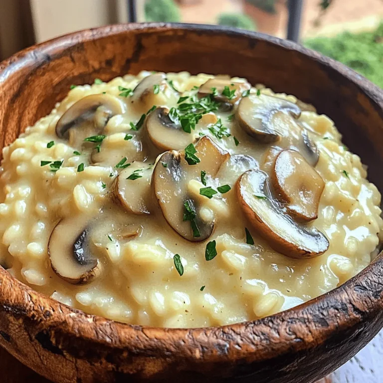 To make a delicious creamy mushroom risotto, you need fresh and quality ingredients. Here’s what you will need: - 1 cup Arborio rice - 4 cups vegetable broth - 1 cup button mushrooms, sliced - 1 cup cremini mushrooms, sliced - 1 small onion, finely chopped - 2 cloves garlic, minced - 1/2 cup heavy cream - 1/2 cup grated Parmesan cheese - 3 tablespoons olive oil - 1 tablespoon unsalted butter - Salt and pepper to taste - Fresh parsley, chopped (for garnish) Using Arborio rice is key. It has a high starch content, which gives risotto its creamy texture. The combination of button and cremini mushrooms adds rich flavor. I always use fresh ingredients for the best taste. Don’t skip the heavy cream and Parmesan cheese; they create a rich, smooth finish. You can find the full recipe in detail to guide you through the cooking process. Enjoy the magic of making this dish! To make creamy mushroom risotto, you need to start by gathering your ingredients. Here’s what you need: - 1 cup Arborio rice - 4 cups vegetable broth - 1 cup button mushrooms, sliced - 1 cup cremini mushrooms, sliced - 1 small onion, finely chopped - 2 cloves garlic, minced - 1/2 cup heavy cream - 1/2 cup grated Parmesan cheese - 3 tablespoons olive oil - 1 tablespoon unsalted butter - Salt and pepper to taste - Fresh parsley, chopped (for garnish) Next, prepare the broth. In a saucepan, bring the vegetable broth to a simmer. Keep it warm while you cook. Finally, chop your vegetables. Make sure to finely chop the onion and mince the garlic for a smooth flavor. Now it's time to cook. Heat 2 tablespoons of olive oil in a large skillet over medium heat. Add the chopped onion and sauté it until it turns clear. This takes about 3 to 4 minutes. Then, add the minced garlic and cook for one more minute. This will bring out a lovely aroma. Next, toss in the sliced button and cremini mushrooms. Cook them until they’re soft and golden, which should take about 5 to 7 minutes. Once the mushrooms are ready, stir in the Arborio rice. Coat the rice well with the oil and let it toast slightly for about 2 minutes. This step adds a nice depth to the flavor. Now comes the fun part! Begin adding the warm vegetable broth, one ladle at a time. Stir continuously and wait until the rice absorbs most of the liquid before adding more. This process takes about 18 to 20 minutes. You want the rice to be creamy and slightly firm. When the rice is cooked, take the skillet off the heat. Stir in the butter, heavy cream, and grated Parmesan cheese. Mix until everything is well combined and creamy. Finally, season with salt and pepper to taste. You can adjust this based on your preference. Now, your creamy mushroom risotto is ready to serve! Don’t forget to garnish with fresh parsley for a pop of color. For the full recipe, check out the link above. Enjoy your delicious meal! Mushrooms add rich flavor to risotto. I recommend using a mix of button and cremini mushrooms. Button mushrooms are mild and tender, while cremini mushrooms have a deeper taste. You can also try shiitake or porcini for more variety. When buying mushrooms, look for ones that are firm and dry. Avoid any that look slimy or have dark spots. Fresh mushrooms will give your risotto the best taste. Store them in a paper bag in the fridge to keep them fresh longer. For creamy risotto, you need to pay attention to the rice. Arborio rice is the best choice. It has a high starch content, which makes the dish creamy. Stir the rice often but gently to prevent it from breaking apart. Add warm broth slowly, one ladle at a time. Wait until the broth is mostly absorbed before adding more. This process takes about 18-20 minutes. If you overcook the rice, it will become mushy. Keep an eye on the texture; it should be creamy but still have a slight bite. Herbs and spices can elevate your dish. I love adding fresh thyme or rosemary to the risotto. They bring out the earthy flavors of the mushrooms. You can also sprinkle some black pepper for a little kick. Feel free to add optional ingredients. Try peas for sweetness or spinach for color. If you want a richer flavor, consider adding a splash of white wine before the broth. This will deepen the taste of your creamy mushroom risotto. For the full recipe, check the recipe section above. {{image_2}} You can easily make creamy mushroom risotto vegetarian or vegan. To do this, replace butter and cream with plant-based options. Use olive oil instead of butter. For creaminess, try coconut cream or cashew cream. For a cheesy flavor, use nutritional yeast or vegan cheese. These swaps keep the dish rich and tasty while meeting dietary needs. You can boost the risotto with extra veggies. Peas, asparagus, or spinach add color and nutrition. Add them in the last few minutes of cooking. You can also add protein for heartiness. Cooked chicken or shrimp pairs well with the mushrooms. These additions make the dish more filling and satisfying. To change the flavor, consider adding white wine or lemon zest. White wine gives depth, while lemon zest adds brightness. You can also try truffles or saffron for a gourmet twist. Truffles bring a rich, earthy taste. Saffron adds a unique floral note. These ingredients elevate your risotto, making it special. For more detailed steps, check the Full Recipe. After you enjoy your creamy mushroom risotto, store any leftovers in an airtight container. This helps keep it fresh. Make sure to cool the risotto to room temperature before sealing it. Properly stored, it will stay good for about three to four days in the fridge. To freeze risotto, let it cool completely. Then, portion it into freezer-safe bags or containers. Remove as much air as possible before sealing. This method helps prevent freezer burn. When you're ready to eat, thaw it overnight in the fridge for the best results. You can reheat risotto on the stovetop or in the microwave. For stovetop reheating, add a splash of broth or water to keep it creamy. Stir it over medium heat until warmed through. In the microwave, heat it in short bursts, stirring often. Again, add a little liquid to maintain that rich, creamy texture. Making creamy mushroom risotto takes about 30 minutes. You will spend around 10 minutes on prep. The cooking time is about 20 minutes. This gives you time to gather your ingredients and cook everything perfectly. You can make risotto ahead of time, but it is best fresh. If you want to prepare it early, cook it until it's al dente. Then, let it cool and store it in the fridge. When you are ready to serve, reheat it slowly and add a splash of broth. This keeps it creamy. Creamy mushroom risotto pairs well with many dishes. Here are some great options: - Grilled chicken - Roasted vegetables - Garlic bread - A fresh salad - Seared fish These sides enhance the flavors of the risotto and make a complete meal. For the full recipe, check out the Creamy Mushroom Risotto section! You learned how to make creamy mushroom risotto step by step. We covered key ingredients, cooking tips, and flavor variations. Remember, the right mushrooms can elevate your dish. Don't hesitate to experiment with herbs or proteins for a unique taste. Store leftovers properly to enjoy later, and consider reheating on the stovetop. Now you have all you need for a delicious meal. Enjoy your risotto journey and impress your friends and family with this tasty dish!