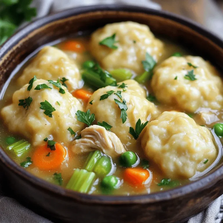 To make Easy Chicken and Dumplings, you'll need the following: - Chicken and vegetables needed: - 1 lb boneless, skinless chicken thighs, cut into bite-sized pieces - 1 medium onion, diced - 2 carrots, sliced - 2 celery stalks, sliced - 1 cup frozen peas - Spices and seasonings: - 4 cups chicken broth - 2 cloves garlic, minced - 1 teaspoon dried thyme - 1 teaspoon dried parsley - Salt and pepper to taste - Dumpling ingredients: - 2 cups all-purpose flour - 1 tablespoon baking powder - 1 teaspoon salt - 1 cup milk - 4 tablespoons unsalted butter, melted These ingredients create a warm and comforting meal. The chicken provides protein, while the vegetables add flavor and texture. The spices bring everything together, making each bite delightful. Don't forget the dumplings, as they are the star of the dish! For the full recipe, check out the details above. Start by sautéing the vegetables. In a large pot, heat a drizzle of olive oil over medium heat. Add the diced onion, sliced carrots, and sliced celery. Cook them for about 5 to 7 minutes until they are soft. This step adds a lot of flavor to the soup. Next, add the minced garlic. Cook it for another minute. This will make your kitchen smell amazing. Now, stir in the chicken pieces, dried thyme, dried parsley, salt, and pepper. Cook until the chicken is no longer pink. This should take about 5 minutes. After that, pour in the chicken broth. Bring it to a gentle boil. Once boiling, reduce the heat to low and let it simmer for 15 to 20 minutes. This helps all the flavors blend together perfectly. While the soup simmers, it’s time to make the dumplings. In a mixing bowl, combine 2 cups of all-purpose flour, 1 tablespoon of baking powder, and 1 teaspoon of salt. Mix these dry ingredients well. Now, stir in 1 cup of milk and 4 tablespoons of melted butter. Mix until just combined. Be careful not to overmix. Overmixing can make the dumplings tough. You want them light and fluffy. Once your soup is ready, gently fold in 1 cup of frozen peas. Then, drop spoonfuls of the dumpling batter into the simmering broth. Cover the pot with a lid. Let the dumplings cook undisturbed for about 15 to 20 minutes. This is key to getting them fluffy. Check your dumplings after 15 minutes. They should puff up and be cooked through. Taste the soup and adjust the seasoning if needed. For the full recipe, refer to the section above. Enjoy your comforting chicken and dumplings! To make chicken and dumplings shine, adjust your seasonings. Taste as you go. You may want more salt or herbs. This helps to bring out all the flavors. Each chicken piece needs to soak up those seasonings. Choosing the right chicken parts is key too. I recommend boneless thighs. They stay juicy and tender. You can also use breasts, but they may dry out faster. Experiment with what you like best. Sautéing and simmering are the heart of this dish. Start by sautéing the veggies well. It brings out their flavors. Keep the heat at medium. Too high, and you risk burning them. Simmering is just as important. Let the soup bubble gently. This helps all the tastes blend. For fluffy dumplings, don’t overmix the batter. Stir until just combined. This keeps them light and airy. Garnishing adds a lovely touch to your meal. Fresh parsley makes a simple, bright garnish. You can also sprinkle black pepper for a little kick. As for sides, serve with crusty bread or a fresh salad. These pair well with the rich soup. They balance the meal perfectly. Enjoy your comforting chicken and dumplings! For the complete recipe, check out the [Full Recipe]. {{image_2}} You can change up your chicken and dumplings with different veggies. Instead of carrots, try zucchini or bell peppers. Swap celery for green beans. These changes keep your dish fresh and exciting. If you want to use other proteins, you have options. Use shredded rotisserie chicken for quick prep. You can even try turkey or tofu for a meatless dish. Each choice brings unique flavors and textures. To boost flavor, add herbs and spices. Fresh thyme or rosemary works great. You can also sprinkle in a bit of paprika for warmth. These small tweaks make a big difference. Don’t stop at herbs. Incorporate other ingredients like corn or mushrooms. They add layers of taste and texture. You can also stir in a splash of cream for richness. All these enhancements make your meal even more delicious. For the full recipe, check out the Comforting Chicken and Dumplings section. After enjoying your easy chicken and dumplings, store any leftovers safely. Place them in an airtight container. This helps keep the flavors fresh. You can refrigerate the leftovers for up to three days. Always let the soup cool down before sealing it up. If you want to store it for longer, freezing is a great option. Use freezer-safe containers or bags. Make sure you remove as much air as possible to prevent freezer burn. You can freeze the chicken and dumplings for up to three months. Just remember to label your containers with the date. When it's time to enjoy your leftovers, reheating properly is key. The best way is to use the stovetop. Pour the chicken and dumplings into a pot over low heat. Stir often to heat it evenly. This method helps keep the dish moist. If you're short on time, you can use the microwave. Place the soup in a microwave-safe bowl. Cover it loosely to avoid spills. Heat it in short bursts, stirring in between. This keeps the dumplings from getting too tough. Sometimes, the soup may thicken after storing. If that happens, add a splash of chicken broth or water. Stir it well to adjust the consistency. Enjoy your comforting meal just like the first time! For a complete guide to making this dish, check out the Full Recipe. How to make chicken and dumplings from scratch? To make chicken and dumplings from scratch, start with fresh chicken, vegetables, and spices. Cook them in a pot with broth. For dumplings, mix flour, baking powder, and milk. Drop the dumpling batter into the simmering broth. Cook until the dumplings puff up. Can I use canned chicken broth? Yes, you can use canned chicken broth. It saves time and still tastes good. Just choose a low-sodium option if you prefer less salt. This makes your dish healthier and more flavorful. Can I substitute frozen peas? Yes, you can use other frozen vegetables. Carrots, corn, or green beans work well. They add different flavors and colors to your dish. What can I use instead of all-purpose flour? You can use gluten-free flour if needed. Almond flour or oat flour are good choices too. They can change the taste slightly but still make tasty dumplings. How long do dumplings take to cook? Dumplings take about 15-20 minutes to cook. You should not lift the lid while they cook. This helps them steam properly and stay fluffy. Can I make the dumplings ahead of time? It’s best to cook the dumplings fresh. However, you can prepare the batter ahead. Keep it in the fridge until you're ready to cook. This way, they stay light and fluffy. For a full recipe, check out the recipe section. This blog post explored how to make delicious chicken and dumplings. We started with the key ingredients, then moved on to preparing the soup and making the dumplings. I shared tips to ensure the perfect flavor and texture. You can also try variations for extra flair and learn how to store leftovers well. With these steps, anyone can create a warm, comforting dish. So, don’t hesitate to get started. Your homemade chicken and dumplings await!