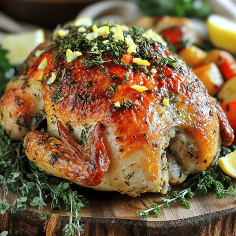 Cooking garlic herb roasted chicken starts with choosing the right ingredients. Here’s what you need: - 1 whole chicken (3-4 pounds) - 10 cloves of garlic, minced - 2 tablespoons fresh rosemary, chopped - 2 tablespoons fresh thyme, chopped - 1 tablespoon fresh parsley, chopped - 1 lemon, zested and juiced - 1/4 cup olive oil - Salt and pepper to taste - 1 onion, quartered - 1 cup chicken broth Each ingredient plays a key role in making this dish tasty. The garlic adds a rich flavor, while the herbs bring freshness. A lemon adds brightness, balancing the savory notes. Olive oil helps everything blend smoothly. Recommended Tools Using the right tools makes cooking easier. You will need: - Roasting pan - Meat thermometer - Mixing bowl These tools help ensure your chicken cooks evenly and stays juicy. A meat thermometer is key for checking if the chicken is done. You want it to reach 165°F (75°C) inside. Nutritional Information Knowing the health benefits is essential. A serving of this chicken has: - Calories per serving: Approximately 400 - Macronutrients breakdown: - Protein: 40g - Fat: 25g - Carbohydrates: 3g This dish offers a balanced meal, full of protein and healthy fats. It’s great for family dinners or special occasions. For the full recipe, check the details above. - Preheat the oven to 425°F (220°C). - Create the herb paste. Start by setting your oven to 425°F (220°C). This high temperature helps the chicken cook evenly and get that nice crispy skin. Next, mix the herb paste. In a bowl, combine the minced garlic, chopped rosemary, thyme, parsley, lemon zest, lemon juice, olive oil, salt, and pepper. This mix brings out great flavors in the chicken. - Rub the herb paste on the chicken. - Place onion in the cavity and set up the roasting pan. Now, take your whole chicken and pat it dry with paper towels. This step helps the skin get crispy. Rub the herb paste all over the chicken, including under the skin. This adds flavor right where it counts. Next, quarter the onion and place it inside the cavity of the chicken. This will give even more flavor as it roasts. Set up your roasting pan by placing the chicken breast-side up and pouring chicken broth around it, but not on top. - Roast time and temperature guide. - How to check for doneness. Roast the chicken in your preheated oven for about 1 hour and 15 minutes. The goal is for the internal temperature to reach 165°F (75°C). To check for doneness, use a meat thermometer. Insert it into the thickest part of the thigh without touching the bone. The skin should be a beautiful golden brown and crispy when it's done. Let the chicken rest for 15 minutes before carving. This helps keep the juices inside for a moist and tasty meal. For the full recipe, be sure to check the detailed instructions above! To make your roast chicken burst with flavor, getting the herb paste under the skin is key. Lift the skin gently with your fingers. Then, spread the herb paste directly onto the meat. This method infuses the chicken with a wonderful taste. Letting the chicken rest before carving is also important. Resting for 15 minutes allows the juices to spread evenly. This way, each bite will be juicy and tender. To keep your chicken juicy, dry it well before seasoning. A dry surface helps the skin crisp up nicely. Make sure to pour chicken broth into the pan, not on the chicken. The broth steams the meat from below, adding moisture. Use the pan juices when serving. Drizzle them over the carved chicken. This adds flavor and helps keep the meat moist. For side dishes, serve roasted vegetables or a fresh salad. These dishes complement the rich flavors of the chicken. To present the chicken, carve it on a large platter. Garnish with fresh herbs and lemon wedges. This makes for a beautiful display. You can find the full recipe for extra guidance. {{image_2}} You can easily switch up the herbs in this dish. If you don’t have rosemary, use sage or oregano. For thyme, you can try marjoram or tarragon. If parsley is not available, cilantro makes a bright substitute. These swaps change the flavor while keeping it delicious. Adding other herbs can create unique tastes. Try dill for a fresh twist or basil for an Italian flair. Each herb gives a different vibe to your chicken. Experiment and find your favorite mix! You can make this dish in a slow cooker. Just rub the herb paste all over the chicken and place it in the slow cooker. Cook on low for about 6-8 hours. This method keeps the chicken very moist and tender. Grilling is another fun option, especially in summer. Marinate the chicken with the herb paste and cook on a grill. This method gives a lovely smoky flavor and crispy skin. Want to add a zing? Try adding citrus. Lemon slices or orange juice add brightness to the dish. You can also use different garlic types, like roasted garlic, for a sweeter taste. Spices can change the whole dish too. Try adding paprika for warmth or cumin for a hint of earthiness. These small changes can take your garlic herb roasted chicken to new heights! Check out the Full Recipe for all the details. After enjoying your garlic herb roasted chicken, let it cool. Place the chicken in the fridge within two hours. Use a clean, airtight container to keep it fresh. You can also wrap it tightly in plastic wrap or aluminum foil. This keeps the chicken moist and tasty. Try to eat the leftovers within three to four days for the best flavor. If you want to keep the chicken longer, freezing is a great option. First, let the chicken cool completely. Cut it into pieces for easier storage. Wrap each piece in plastic wrap, then place them in a freezer bag. Remove as much air as possible to prevent freezer burn. The chicken can last up to three months in the freezer. When you're ready to eat it, thaw the chicken in the fridge overnight. This method keeps it safe and tasty. You can reheat your chicken in two ways: the oven or the microwave. For the oven, preheat it to 350°F (175°C). Place the chicken in a baking dish and cover it with foil. Heat it for about 20 minutes, or until it's warm. This method helps keep the chicken juicy. If you're in a hurry, use the microwave. Place the chicken on a microwave-safe plate and cover it. Heat in short bursts, checking often to avoid drying it out. No matter how you reheat, make sure the chicken reaches at least 165°F (75°C) for safe eating. How long should I roast a chicken per pound? Roast a chicken for about 20 minutes per pound. For a 4-pound chicken, roast for 1 hour and 20 minutes. Always check the internal temperature to ensure safety. Can I use other cooking oils? Yes, you can use other oils like avocado or canola. Olive oil adds great flavor, but feel free to switch it up. What to do if the chicken is undercooked? If your chicken is undercooked, return it to the oven. Cook it until it reaches 165°F (75°C). Use a meat thermometer to check the thickest part of the chicken. How to fix dry chicken? If your chicken is dry, try serving it with a sauce. Drizzle some pan drippings or a homemade sauce over it for moisture. What to serve with Garlic Herb Roasted Chicken? Garlic herb roasted chicken pairs well with roasted veggies or a fresh salad. You can also serve it with mashed potatoes or rice for a complete meal. Can I make a sauce from the pan drippings? Yes! Use the pan drippings to make a simple sauce. Just strain the drippings and simmer with some herbs. This will add extra flavor to your dish. For more details on preparing garlic herb roasted chicken, check the Full Recipe. Garlic herb roasted chicken is a simple but tasty dish. We covered the essential ingredients, tools, and steps needed to make it perfect. I shared tips to enhance flavor and maintain moisture. You learned about variations, storage, and FAQs to help you succeed. By following these guidelines, you can create a delicious meal that impresses everyone at your table. Enjoy the delightful blend of garlic and herbs in every bite!