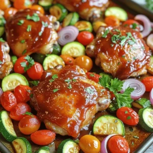 - 4 chicken thighs (bone-in, skin-on for crispiness) - 1 cup BBQ sauce (your choice) - 2 medium zucchini, sliced into rounds - 1 bell pepper (red or yellow), sliced into strips - 1 cup cherry tomatoes (whole) - 1 red onion, cut into wedges The main ingredients give this dish flavor and texture. Chicken thighs work well because they stay juicy. The BBQ sauce adds a sweet and tangy taste. Assorted veggies bring color and crunch. I love using zucchini and bell peppers since they roast nicely. Cherry tomatoes burst with flavor, while red onion adds sweetness. - 2 tablespoons olive oil - 1 teaspoon garlic powder - 1 teaspoon smoked paprika - Salt and pepper to taste Using olive oil helps the veggies get that lovely golden color. Garlic powder gives a nice kick. Smoked paprika adds depth and a hint of smokiness. Salt and pepper are key to enhancing all the flavors. I always taste my veggies before cooking. This way, I know they’re seasoned just right. - Fresh parsley, chopped (for garnish) Fresh parsley brightens the dish. It adds a pop of color and a fresh taste. Just chop it finely and sprinkle it on top before serving. It makes the meal look beautiful. If you like, you can also use other herbs like cilantro or basil for a twist. For the full recipe, check out the details above! Enjoy making this delicious dish. To start, take your chicken thighs. Marinate them in a bowl with half of the BBQ sauce. Make sure they get a nice coat. This adds flavor and moisture. Let them sit while you prep the veggies. This marinating step is key for juicy chicken. Next, grab your veggies. Chop the zucchini, bell pepper, red onion, and cherry tomatoes. I like to slice the zucchini into rounds for even cooking. Toss the veggies in a bowl with olive oil, garlic powder, smoked paprika, salt, and pepper. This blend gives them great taste. Once seasoned, arrange them on the sheet pan. Place them around the edges, leaving space in the middle for the chicken. Now, preheat your oven to 425°F (220°C). This high heat helps crisp everything up. After arranging the chicken in the center, pour the remaining BBQ sauce on top. Bake everything for 25-30 minutes. Check that the chicken reaches 165°F (75°C) for safe eating. If you want extra crispness, switch to broil for 3-5 minutes at the end. Keep an eye on it to avoid burning. When done, let it rest for a few minutes before serving. Enjoy your meal! For the full recipe, check the link above. To get that perfect crispiness, you need to broil. Broiling at the end makes the chicken skin crispy. Set your oven to broil for the last 3-5 minutes. Watch closely so it doesn’t burn. Cooking with skin-on chicken is key. The fat in the skin helps keep the meat juicy while adding flavor. Marinating is great for flavor. Use your favorite BBQ sauce, but try adding apple cider vinegar or honey. These can boost the taste even more. You can also add spices. Smoked paprika adds a nice smokey flavor. Consider garlic powder or chili powder for a little kick. Serve right from the sheet pan. This gives it a rustic look. If you want a fancier touch, plate each portion separately. Add a sprinkle of fresh parsley on top for color. You can also serve with extra BBQ sauce on the side for dipping. {{image_2}} You can swap chicken for many proteins. Try using pork chops or turkey thighs. Both work well with BBQ flavors. If you're in the mood for red meat, steak can be a tasty choice. Just make sure to adjust cooking times based on the thickness. For those who prefer plant-based meals, tofu is a great option. It absorbs flavors well. Tempeh is another fantastic choice. Both options can be marinated just like chicken. Using seasonal veggies enhances your dish. In spring, asparagus and snap peas shine. Summer offers a bounty of sweet corn and bell peppers. Fall is perfect for root veggies like carrots and sweet potatoes. Winter calls for hearty options like Brussels sprouts and butternut squash. Cooking times vary for each veggie. Zucchini takes about 20 minutes, while carrots may need 30 minutes. Always check for tenderness as you cook. BBQ sauce can make or break your dish. You can use store-bought sauces for convenience. Look for sauces that match your flavor preferences. Sweet, tangy, or spicy options are all available. If you want a homemade touch, try making your own sauce. Combine ketchup, vinegar, brown sugar, and spices for a quick mix. Experiment with ingredients to find your unique flavor profile. Check out the Full Recipe for more ideas on how to customize your Sheet Pan BBQ Chicken and Veggies! To keep your Sheet Pan BBQ Chicken and Veggies fresh, cool them down first. Store leftovers in airtight containers. Glass or plastic containers work well. Make sure to use a container that fits the food snugly. This helps prevent spills and keeps the food from drying out. Label the container with the date so you know when to use it. When you're ready to enjoy your leftovers, there are a few methods to reheat them. The oven is great for keeping the chicken crispy. Preheat your oven to 350°F (175°C). Place the chicken and veggies on a baking sheet and heat for about 15-20 minutes. You can also use a microwave for quick reheating. Just cover the dish with a microwave-safe lid. Make sure the chicken reaches 165°F (75°C) to ensure safety. This helps keep the flavor and moisture intact. Yes, you can freeze leftovers! To freeze, place the cooled chicken and veggies in freezer-safe bags or containers. Remove as much air as possible to prevent freezer burn. Mark the date on the bags. They can last up to three months in the freezer. When you're ready to eat, thaw them in the fridge overnight. For a quicker option, you can use the microwave's defrost setting. Once thawed, reheat as mentioned above. Bake the dish at 425°F (220°C) for 25-30 minutes. Check the chicken's internal temperature. It should reach 165°F (75°C) for safety. The veggies will become tender and flavorful. If you want them crispier, broil for an extra 3-5 minutes at the end. Yes, you can use boneless chicken. It cooks faster, which is a big plus. However, it may not get as crispy as bone-in chicken. Bone-in chicken has more flavor and moisture, making it great for this dish. Boneless chicken will still taste good, so it’s your choice! You can serve many sides with this dish. Here are some ideas: - Rice: White or brown rice pairs well. - Potatoes: Mashed or roasted potatoes add heartiness. - Salad: A fresh green salad gives a nice crunch. - Cornbread: This adds a sweet touch to the meal. These sides complement the BBQ chicken and veggies nicely. You can also add a tangy coleslaw for extra crunch and flavor. You learned how to create a delicious sheet pan BBQ chicken and veggies meal. We covered the main ingredients, like chicken thighs and assorted vegetables, and shared clear steps for preparation and cooking. I gave you tips for crispiness and flavor enhancement, plus ideas for variations and storage. Remember, cooking is about enjoying the process and sharing good food. Experiment with what you love, and make it your own. Simple meals can be the best! Enjoy your cooking adventure!