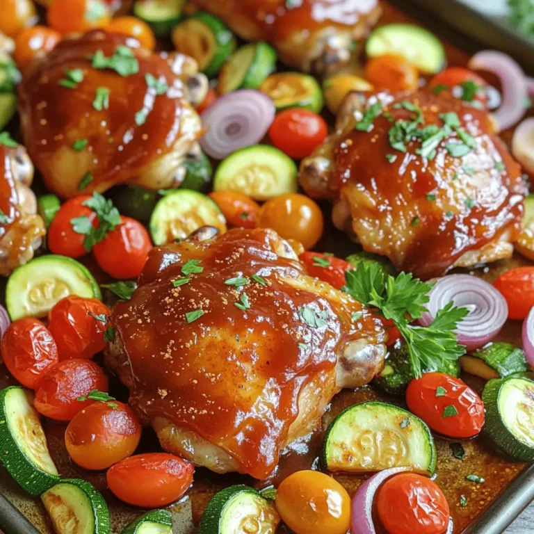 - 4 chicken thighs (bone-in, skin-on for crispiness) - 1 cup BBQ sauce (your choice) - 2 medium zucchini, sliced into rounds - 1 bell pepper (red or yellow), sliced into strips - 1 cup cherry tomatoes (whole) - 1 red onion, cut into wedges The main ingredients give this dish flavor and texture. Chicken thighs work well because they stay juicy. The BBQ sauce adds a sweet and tangy taste. Assorted veggies bring color and crunch. I love using zucchini and bell peppers since they roast nicely. Cherry tomatoes burst with flavor, while red onion adds sweetness. - 2 tablespoons olive oil - 1 teaspoon garlic powder - 1 teaspoon smoked paprika - Salt and pepper to taste Using olive oil helps the veggies get that lovely golden color. Garlic powder gives a nice kick. Smoked paprika adds depth and a hint of smokiness. Salt and pepper are key to enhancing all the flavors. I always taste my veggies before cooking. This way, I know they’re seasoned just right. - Fresh parsley, chopped (for garnish) Fresh parsley brightens the dish. It adds a pop of color and a fresh taste. Just chop it finely and sprinkle it on top before serving. It makes the meal look beautiful. If you like, you can also use other herbs like cilantro or basil for a twist. For the full recipe, check out the details above! Enjoy making this delicious dish. To start, take your chicken thighs. Marinate them in a bowl with half of the BBQ sauce. Make sure they get a nice coat. This adds flavor and moisture. Let them sit while you prep the veggies. This marinating step is key for juicy chicken. Next, grab your veggies. Chop the zucchini, bell pepper, red onion, and cherry tomatoes. I like to slice the zucchini into rounds for even cooking. Toss the veggies in a bowl with olive oil, garlic powder, smoked paprika, salt, and pepper. This blend gives them great taste. Once seasoned, arrange them on the sheet pan. Place them around the edges, leaving space in the middle for the chicken. Now, preheat your oven to 425°F (220°C). This high heat helps crisp everything up. After arranging the chicken in the center, pour the remaining BBQ sauce on top. Bake everything for 25-30 minutes. Check that the chicken reaches 165°F (75°C) for safe eating. If you want extra crispness, switch to broil for 3-5 minutes at the end. Keep an eye on it to avoid burning. When done, let it rest for a few minutes before serving. Enjoy your meal! For the full recipe, check the link above. To get that perfect crispiness, you need to broil. Broiling at the end makes the chicken skin crispy. Set your oven to broil for the last 3-5 minutes. Watch closely so it doesn’t burn. Cooking with skin-on chicken is key. The fat in the skin helps keep the meat juicy while adding flavor. Marinating is great for flavor. Use your favorite BBQ sauce, but try adding apple cider vinegar or honey. These can boost the taste even more. You can also add spices. Smoked paprika adds a nice smokey flavor. Consider garlic powder or chili powder for a little kick. Serve right from the sheet pan. This gives it a rustic look. If you want a fancier touch, plate each portion separately. Add a sprinkle of fresh parsley on top for color. You can also serve with extra BBQ sauce on the side for dipping. {{image_2}} You can swap chicken for many proteins. Try using pork chops or turkey thighs. Both work well with BBQ flavors. If you're in the mood for red meat, steak can be a tasty choice. Just make sure to adjust cooking times based on the thickness. For those who prefer plant-based meals, tofu is a great option. It absorbs flavors well. Tempeh is another fantastic choice. Both options can be marinated just like chicken. Using seasonal veggies enhances your dish. In spring, asparagus and snap peas shine. Summer offers a bounty of sweet corn and bell peppers. Fall is perfect for root veggies like carrots and sweet potatoes. Winter calls for hearty options like Brussels sprouts and butternut squash. Cooking times vary for each veggie. Zucchini takes about 20 minutes, while carrots may need 30 minutes. Always check for tenderness as you cook. BBQ sauce can make or break your dish. You can use store-bought sauces for convenience. Look for sauces that match your flavor preferences. Sweet, tangy, or spicy options are all available. If you want a homemade touch, try making your own sauce. Combine ketchup, vinegar, brown sugar, and spices for a quick mix. Experiment with ingredients to find your unique flavor profile. Check out the Full Recipe for more ideas on how to customize your Sheet Pan BBQ Chicken and Veggies! To keep your Sheet Pan BBQ Chicken and Veggies fresh, cool them down first. Store leftovers in airtight containers. Glass or plastic containers work well. Make sure to use a container that fits the food snugly. This helps prevent spills and keeps the food from drying out. Label the container with the date so you know when to use it. When you're ready to enjoy your leftovers, there are a few methods to reheat them. The oven is great for keeping the chicken crispy. Preheat your oven to 350°F (175°C). Place the chicken and veggies on a baking sheet and heat for about 15-20 minutes. You can also use a microwave for quick reheating. Just cover the dish with a microwave-safe lid. Make sure the chicken reaches 165°F (75°C) to ensure safety. This helps keep the flavor and moisture intact. Yes, you can freeze leftovers! To freeze, place the cooled chicken and veggies in freezer-safe bags or containers. Remove as much air as possible to prevent freezer burn. Mark the date on the bags. They can last up to three months in the freezer. When you're ready to eat, thaw them in the fridge overnight. For a quicker option, you can use the microwave's defrost setting. Once thawed, reheat as mentioned above. Bake the dish at 425°F (220°C) for 25-30 minutes. Check the chicken's internal temperature. It should reach 165°F (75°C) for safety. The veggies will become tender and flavorful. If you want them crispier, broil for an extra 3-5 minutes at the end. Yes, you can use boneless chicken. It cooks faster, which is a big plus. However, it may not get as crispy as bone-in chicken. Bone-in chicken has more flavor and moisture, making it great for this dish. Boneless chicken will still taste good, so it’s your choice! You can serve many sides with this dish. Here are some ideas: - Rice: White or brown rice pairs well. - Potatoes: Mashed or roasted potatoes add heartiness. - Salad: A fresh green salad gives a nice crunch. - Cornbread: This adds a sweet touch to the meal. These sides complement the BBQ chicken and veggies nicely. You can also add a tangy coleslaw for extra crunch and flavor. You learned how to create a delicious sheet pan BBQ chicken and veggies meal. We covered the main ingredients, like chicken thighs and assorted vegetables, and shared clear steps for preparation and cooking. I gave you tips for crispiness and flavor enhancement, plus ideas for variations and storage. Remember, cooking is about enjoying the process and sharing good food. Experiment with what you love, and make it your own. Simple meals can be the best! Enjoy your cooking adventure!