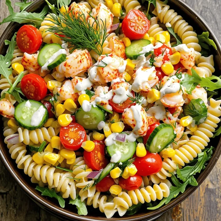 For the perfect lobster pasta salad, you will need: - 8 oz. fusilli pasta - 1 lb. cooked lobster meat, chopped into bite-sized pieces - 1 cup cherry tomatoes, halved - ½ cup cucumber, diced into small cubes - ¼ cup red onion, finely chopped - ½ cup corn kernels (fresh off the cob or canned) - 1 cup fresh arugula or baby spinach - 1/3 cup mayonnaise - 2 tablespoons fresh lemon juice - 1 tablespoon Dijon mustard - 1 tablespoon extra virgin olive oil - Salt and freshly ground black pepper, to taste - Fresh dill, for garnish This lobster pasta salad is not just tasty; it’s also quite healthy! Here’s a quick look at what you get in each serving: - Calories: Around 400 - Protein: About 30 grams - Carbohydrates: Roughly 40 grams - Fat: Approximately 15 grams - Fiber: 3 grams - Vitamin C: High due to the tomatoes and lemon juice - Omega-3 Fatty Acids: From the lobster, promoting heart health This dish gives you protein and healthy fats while keeping carbs moderate. It’s a balanced meal for any day! If you want to switch things up, here are some ideas: - Pasta: Use whole grain or gluten-free pasta for a different texture. - Lobster: Shrimp or crab can work well if lobster isn’t available. - Mayonnaise: Greek yogurt offers a lighter option with added protein. - Vegetables: Add bell peppers or radishes for extra crunch and color. - Greens: Kale or mixed salad greens can replace arugula or spinach. Feel free to customize the recipe to fit your taste. Cooking should be fun and flexible! For the full recipe, don’t forget to check the preparation steps. To start, boil a large pot of salted water. Once it reaches a rolling boil, add 8 oz. of fusilli pasta. Cook it until al dente, following the package instructions. This usually takes about 8-10 minutes. After cooking, drain the pasta in a colander. Rinse it under cold water to stop the cooking. Allow it to cool completely before moving on. In a large mixing bowl, place the cooled pasta. Add 1 lb. of chopped cooked lobster meat, 1 cup of halved cherry tomatoes, and ½ cup of diced cucumber. Toss in ¼ cup of finely chopped red onion and ½ cup of corn kernels. Gently mix these ingredients until they are well combined. In a small bowl, whisk together ⅓ cup of mayonnaise, 2 tablespoons of fresh lemon juice, 1 tablespoon of Dijon mustard, and 1 tablespoon of extra virgin olive oil. Stir until the dressing is smooth. Season it with salt and freshly ground black pepper to taste. Drizzle the dressing over the lobster pasta mixture. Using a spatula, gently toss everything together to coat the salad evenly. Finally, fold in 1 cup of fresh arugula or baby spinach. This adds color and nutrition. Place the salad in the fridge for at least 30 minutes to let the flavors blend. When ready to serve, toss the salad again and garnish with fresh dill. Enjoy this fresh and flavorful delight! For the full recipe, you can refer back to the complete details above. When making lobster pasta salad, a few mistakes can ruin your dish. First, do not overcook the pasta. It should be al dente, which means firm when bitten. If you cook it too long, the pasta will become mushy. Another mistake is not cooling the pasta properly. Rinse it under cold water to stop the cooking. This step helps keep the salad fresh and prevents clumping. Lastly, be careful with the dressing. If you add too much, it can drown out the flavors of the lobster and veggies. Start with a little and adjust to taste. To cook pasta perfectly, always use a large pot with plenty of water. This helps the pasta cook evenly. Add salt to the water; it enhances the flavor. Follow the package instructions for cooking times. Check the pasta a minute before the suggested time. Taste it! Once cooked, drain and rinse with cold water. This helps keep the pasta from sticking together. If you plan to serve the salad later, toss the cooled pasta with a bit of olive oil. This will keep it fresh and tasty. Choosing fresh lobster meat is key for great flavor. Buy lobster from a trusted source. Look for bright shells with no cracks. If you can, ask to smell the meat; it should smell like the ocean, not fishy. If you buy pre-cooked lobster, check the color. Fresh lobster meat should be a nice white with hints of red. Avoid any that looks gray or has an off smell. For the best taste, try to use lobster that is still in the shell. It will stay fresher longer. You can refer to the Full Recipe for more detailed preparation steps. {{image_4}} You can change the flavor of your lobster pasta salad with different dressings. Try a creamy avocado dressing for a rich taste. A light vinaigrette made with balsamic vinegar adds a sweet tang. A zesty lemon-herb dressing can brighten the dish. Experiment with these options to find your favorite! Adding extra ingredients can make your salad even tastier. Consider including diced bell peppers for crunch. Avocado adds creaminess and healthy fats. Fresh herbs like basil or parsley can boost flavor. A sprinkle of feta cheese brings a salty kick. You can also add capers for a briny touch. You can adapt this salad to fit the seasons. In summer, add fresh berries for sweetness. Fall is perfect for roasted butternut squash or pumpkin seeds. In winter, toss in some cooked Brussels sprouts for a hearty touch. Each season brings unique flavors, making your lobster pasta salad exciting all year round. For the complete recipe, check out the Full Recipe section. To store your lobster pasta salad, first let it cool completely. Place the salad in an airtight container. This keeps it fresh and prevents it from drying out. Store it in the fridge for up to three days. Make sure to label the container with the date. This helps you keep track of how long it's been stored. Reheating lobster pasta salad is simple. However, you should be careful not to overdo it. Heat gently in the microwave for about 30 seconds. Stir the salad halfway through to ensure even heating. Add a splash of olive oil or a squeeze of lemon juice to refresh the flavors. Avoid reheating multiple times, as this can change the texture of the lobster. Freezing lobster pasta salad is not recommended. The texture of the lobster and pasta can become rubbery when thawed. However, if you must freeze it, remove any greens first. Place the salad in a freezer-safe container or bag. Use it within one month for the best taste. When ready to eat, thaw in the fridge overnight. After thawing, add fresh greens and a drizzle of dressing to revive the dish. Yes, you can make this dish ahead of time. It tastes even better after chilling. Prepare the salad and dressing, then mix them together. Let it sit in the fridge for at least 30 minutes. You can also make it one day prior. Just keep it covered to stay fresh. If you prefer not to use mayonnaise, try Greek yogurt. It gives a creamy texture with less fat. You can also use sour cream or a vinaigrette for a lighter option. Just adjust the seasoning to taste. Experiment with these substitutes to find your favorite. Fresh lobster should smell like the sea, not fishy or sour. Look for a firm shell and bright color. The meat should feel firm and springy when you press it. If buying whole lobsters, opt for those that move. For cooked lobster, check for a sweet aroma and a moist texture. This blog post covered everything you need to make a great lobster pasta salad. We detailed the ingredients, shared step-by-step instructions, and provided tips to help you avoid common mistakes. Variations let you customize your dish, while storage info keeps leftovers fresh. In the end, this dish shines as a delightful meal for any occasion. With these tips and tricks, you can create your own perfect lobster pasta salad, filled with flavor and joy. Enjoy your cooking adventure!