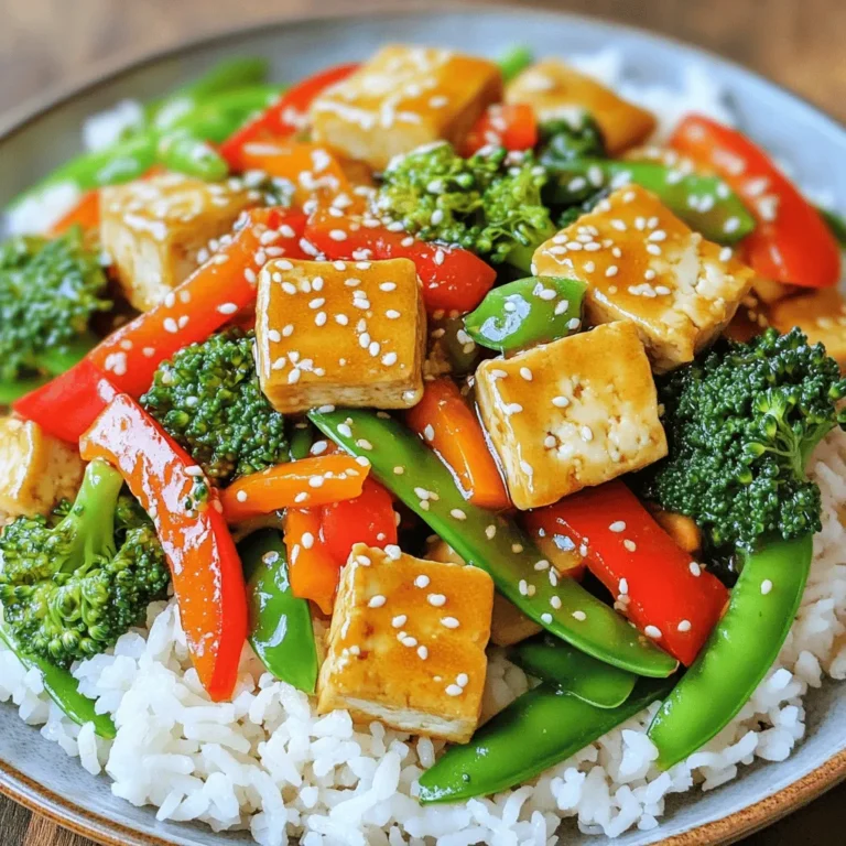 - 1 block firm tofu - 2 tablespoons cornstarch - 3 tablespoons vegetable oil - 1 red bell pepper - 1 cup broccoli florets - 1 carrot - 1 cup snap peas - 2 garlic cloves - 1 inch ginger - 3 tablespoons soy sauce - 1 tablespoon sesame oil - 1 tablespoon rice vinegar - 1 teaspoon chili flakes - Sesame seeds for garnish - Non-stick skillet - Tofu press - Measuring spoons When I make crispy tofu stir fry, I love using firm tofu. It holds its shape well and gives a great texture. You should press the tofu for at least 30 minutes. This step removes the water. Less water means a crispier bite. Then, cut it into cubes. Next, fresh vegetables bring color and crunch. I often use red bell pepper, broccoli, carrot, and snap peas. These add flavor and nutrition. Feel free to mix and match with your favorites. For the sauce, I use soy sauce, sesame oil, and rice vinegar. These ingredients give a lovely umami taste. If you want some heat, add chili flakes. They boost the flavor and provide a nice kick. Lastly, you'll need a non-stick skillet. This tool helps cook the tofu evenly and prevents sticking. A tofu press and measuring spoons will also make your cooking easier. For the full recipe, check the section titled Full Recipe. Enjoy your cooking adventure! To start, you need to press the tofu. Place it on a plate, cover it with another plate, and add a weight on top. Let it sit for at least 30 minutes. This step removes extra moisture. Once pressed, cut the tofu into small cubes, about one inch each. Next, coat the tofu with cornstarch. Place the cubed tofu in a bowl and sprinkle the cornstarch over it. Toss gently until each piece is well covered. This helps create a crispy crust when you fry the tofu. Now, it’s time to cook the tofu. Heat 2 tablespoons of vegetable oil in a non-stick skillet over medium-high heat. When the oil is hot, carefully add the tofu cubes in a single layer. Fry them for 5 to 7 minutes. Turn the pieces occasionally so they brown evenly. You want them golden brown and crispy on all sides. Once done, remove the tofu from the skillet and set it aside. In the same skillet, add 1 tablespoon of oil. Then, add the minced garlic and grated ginger. Sauté them for about 30 seconds. This will make your kitchen smell amazing. Next, add the sliced red bell pepper, broccoli florets, julienned carrot, and snap peas to the skillet. Stir-fry these veggies for 5 to 6 minutes. You want them tender but still crisp. Lower the heat and add the crispy tofu back into the skillet. Pour in the soy sauce, sesame oil, rice vinegar, and chili flakes if you like a little spice. Gently toss everything together. Make sure the tofu and vegetables are well coated in the sauce. Cook for an additional 2 to 3 minutes to let the flavors mix. This dish looks great on a plate. Serve it hot over a bed of steamed jasmine rice or quinoa. Don't forget to sprinkle sesame seeds on top for a nice finish. For the full recipe, check the section above. To make crispy tofu, you must press it first. Pressing removes extra water. Wet tofu will not crisp up well. Use a tofu press or wrap the tofu in a towel. Place a heavy object on top for 30 minutes. Next, coat the pressed tofu with cornstarch. This coating creates a crunchy outer layer. Toss the cubes gently in cornstarch. Make sure each piece is fully covered. This small step makes a big difference in texture. Heat is crucial for crispy tofu. Use medium-high heat when frying. Too low heat will make the tofu soggy. Make sure your oil is hot before adding tofu. When stir-frying, keep the food moving. This helps everything cook evenly. Use a non-stick skillet for best results. Avoid overcrowding the pan; it can lower the heat. Fry in batches if needed. To boost flavor, consider adding garlic and ginger. These give a warm, aromatic touch. You can also mix in other seasonings. Try adding a splash of lime juice or fresh herbs. For sauces, balance is key. Soy sauce pairs well with sesame oil. Rice vinegar adds brightness. Adjust these to taste. If you like heat, add chili flakes. This will kick up the flavor. For the full recipe, refer back to the main article. Enjoy your crispy tofu stir fry! {{image_2}} You can switch the tofu for tempeh. Tempeh is made from fermented soybeans. It has a nutty flavor and is great for adding protein. To use tempeh, cut it into cubes like tofu. Cook it the same way for a nice crispy texture. Another option is to add chicken or shrimp. Both add a different taste and texture. For chicken, cut it into small pieces. Cook it in the skillet until it is fully done before adding vegetables. For shrimp, add them after the garlic and ginger. They cook quickly, so make sure they turn pink. You can use any fresh vegetables you have. Seasonal options are best since they taste great. In spring, try asparagus or snap peas. In the fall, use squash or bell peppers. Using frozen vegetables is a good choice too. They are quick and easy. Just add them straight to the skillet and cook until heated through. This saves time and reduces food waste. You can explore many sauce options. A homemade sauce can add unique flavors. Mix soy sauce with honey or maple syrup for sweetness. You can also add garlic or citrus for a fresh taste. If you like heat, create a spicy version. Add chili paste or sriracha to your sauce mix. Adjust the amount to your heat preference. This can make your stir fry exciting and packed with flavor. For the full recipe, check out the original guide. To keep your crispy tofu stir fry fresh, store leftovers in an airtight container. This will prevent the tofu from getting soggy. In the fridge, it lasts about 3 to 4 days. The longer it sits, the softer it gets, so try to enjoy it soon! When you're ready to eat your leftovers, reheat them in a skillet. Heat it over medium heat and add a splash of oil. This helps keep the tofu crispy. Stir gently to avoid breaking the tofu. Heat for about 5 to 7 minutes or until warm. If you want to save some stir fry for later, you can freeze it. First, let it cool completely. Then, portion it into freezer-safe bags or containers. It can last up to 3 months in the freezer. To thaw, place it in the fridge overnight. When you're ready to eat, reheat it in a skillet, just like before. This way, you keep the flavors and textures close to the original dish. Enjoy your tasty meal anytime! You can find the full recipe for crispy tofu stir fry above. The best tofu for stir fry is firm tofu. Firm tofu holds its shape well during cooking. Soft or silken tofu can break apart, which is not ideal for this dish. You can also use extra-firm tofu if you prefer a denser texture. Both types work well, but I find firm tofu is easiest to handle. Yes, this recipe is vegan! All the ingredients are plant-based. The tofu, vegetables, and sauces contain no animal products. Just make sure your soy sauce is vegan. Most brands are, but it’s good to check the label. To make your tofu extra crispy, press it well! Remove as much water as possible. Coat the tofu cubes in cornstarch before frying. This gives it a nice crunch. Fry it in hot oil, and avoid overcrowding the pan. This helps the tofu crisp up nicely. Crispy tofu stir fry is great with steamed rice or quinoa. You can also serve it with noodles. Add a side of fresh salad for crunch. If you like heat, serve with chili sauce. This meal is both tasty and filling! This blog post shared the best way to make a crispy tofu stir fry. We covered key ingredients like firm tofu, fresh veggies, and tasty sauces. I explained how to prepare the tofu, achieve that perfect crunch, and stir-fry vegetables for great flavor. You can mix it up with protein alternatives or different sauces. Remember to store leftovers properly and use my reheating tips. By following these steps, you can enjoy a quick, healthy meal. Now, get cooking and enjoy your delicious stir fry!
