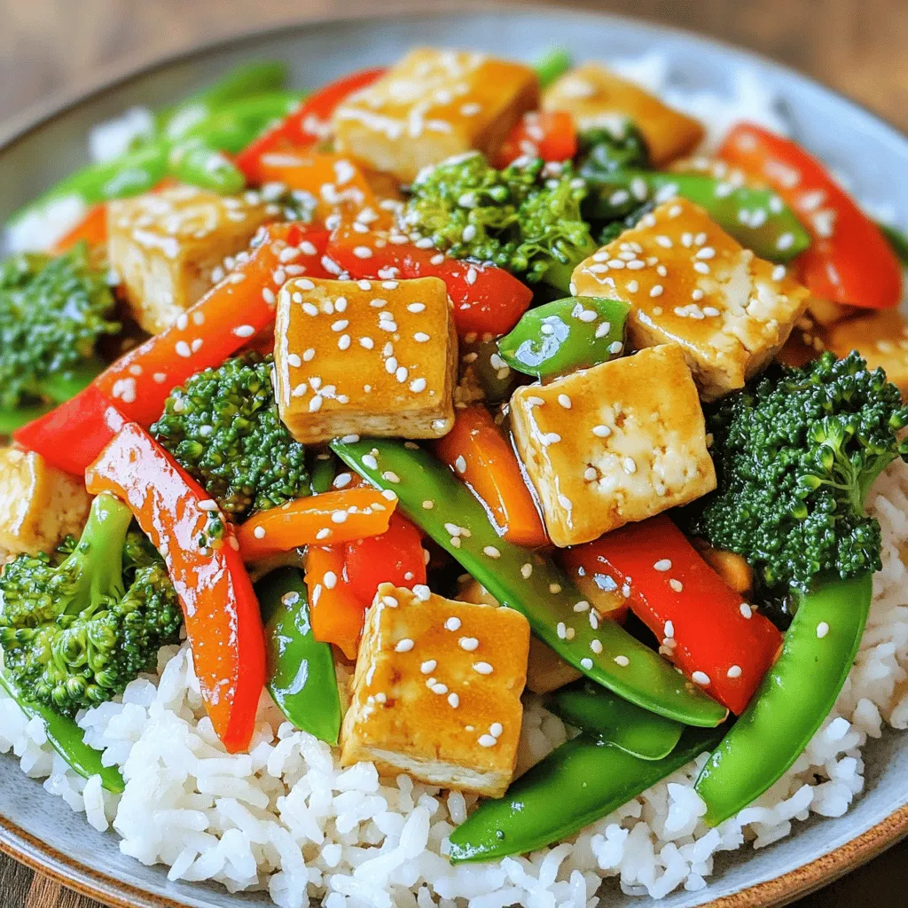 - 1 block firm tofu - 2 tablespoons cornstarch - 3 tablespoons vegetable oil - 1 red bell pepper - 1 cup broccoli florets - 1 carrot - 1 cup snap peas - 2 garlic cloves - 1 inch ginger - 3 tablespoons soy sauce - 1 tablespoon sesame oil - 1 tablespoon rice vinegar - 1 teaspoon chili flakes - Sesame seeds for garnish - Non-stick skillet - Tofu press - Measuring spoons When I make crispy tofu stir fry, I love using firm tofu. It holds its shape well and gives a great texture. You should press the tofu for at least 30 minutes. This step removes the water. Less water means a crispier bite. Then, cut it into cubes. Next, fresh vegetables bring color and crunch. I often use red bell pepper, broccoli, carrot, and snap peas. These add flavor and nutrition. Feel free to mix and match with your favorites. For the sauce, I use soy sauce, sesame oil, and rice vinegar. These ingredients give a lovely umami taste. If you want some heat, add chili flakes. They boost the flavor and provide a nice kick. Lastly, you'll need a non-stick skillet. This tool helps cook the tofu evenly and prevents sticking. A tofu press and measuring spoons will also make your cooking easier. For the full recipe, check the section titled Full Recipe. Enjoy your cooking adventure! To start, you need to press the tofu. Place it on a plate, cover it with another plate, and add a weight on top. Let it sit for at least 30 minutes. This step removes extra moisture. Once pressed, cut the tofu into small cubes, about one inch each. Next, coat the tofu with cornstarch. Place the cubed tofu in a bowl and sprinkle the cornstarch over it. Toss gently until each piece is well covered. This helps create a crispy crust when you fry the tofu. Now, it’s time to cook the tofu. Heat 2 tablespoons of vegetable oil in a non-stick skillet over medium-high heat. When the oil is hot, carefully add the tofu cubes in a single layer. Fry them for 5 to 7 minutes. Turn the pieces occasionally so they brown evenly. You want them golden brown and crispy on all sides. Once done, remove the tofu from the skillet and set it aside. In the same skillet, add 1 tablespoon of oil. Then, add the minced garlic and grated ginger. Sauté them for about 30 seconds. This will make your kitchen smell amazing. Next, add the sliced red bell pepper, broccoli florets, julienned carrot, and snap peas to the skillet. Stir-fry these veggies for 5 to 6 minutes. You want them tender but still crisp. Lower the heat and add the crispy tofu back into the skillet. Pour in the soy sauce, sesame oil, rice vinegar, and chili flakes if you like a little spice. Gently toss everything together. Make sure the tofu and vegetables are well coated in the sauce. Cook for an additional 2 to 3 minutes to let the flavors mix. This dish looks great on a plate. Serve it hot over a bed of steamed jasmine rice or quinoa. Don't forget to sprinkle sesame seeds on top for a nice finish. For the full recipe, check the section above. To make crispy tofu, you must press it first. Pressing removes extra water. Wet tofu will not crisp up well. Use a tofu press or wrap the tofu in a towel. Place a heavy object on top for 30 minutes. Next, coat the pressed tofu with cornstarch. This coating creates a crunchy outer layer. Toss the cubes gently in cornstarch. Make sure each piece is fully covered. This small step makes a big difference in texture. Heat is crucial for crispy tofu. Use medium-high heat when frying. Too low heat will make the tofu soggy. Make sure your oil is hot before adding tofu. When stir-frying, keep the food moving. This helps everything cook evenly. Use a non-stick skillet for best results. Avoid overcrowding the pan; it can lower the heat. Fry in batches if needed. To boost flavor, consider adding garlic and ginger. These give a warm, aromatic touch. You can also mix in other seasonings. Try adding a splash of lime juice or fresh herbs. For sauces, balance is key. Soy sauce pairs well with sesame oil. Rice vinegar adds brightness. Adjust these to taste. If you like heat, add chili flakes. This will kick up the flavor. For the full recipe, refer back to the main article. Enjoy your crispy tofu stir fry! {{image_2}} You can switch the tofu for tempeh. Tempeh is made from fermented soybeans. It has a nutty flavor and is great for adding protein. To use tempeh, cut it into cubes like tofu. Cook it the same way for a nice crispy texture. Another option is to add chicken or shrimp. Both add a different taste and texture. For chicken, cut it into small pieces. Cook it in the skillet until it is fully done before adding vegetables. For shrimp, add them after the garlic and ginger. They cook quickly, so make sure they turn pink. You can use any fresh vegetables you have. Seasonal options are best since they taste great. In spring, try asparagus or snap peas. In the fall, use squash or bell peppers. Using frozen vegetables is a good choice too. They are quick and easy. Just add them straight to the skillet and cook until heated through. This saves time and reduces food waste. You can explore many sauce options. A homemade sauce can add unique flavors. Mix soy sauce with honey or maple syrup for sweetness. You can also add garlic or citrus for a fresh taste. If you like heat, create a spicy version. Add chili paste or sriracha to your sauce mix. Adjust the amount to your heat preference. This can make your stir fry exciting and packed with flavor. For the full recipe, check out the original guide. To keep your crispy tofu stir fry fresh, store leftovers in an airtight container. This will prevent the tofu from getting soggy. In the fridge, it lasts about 3 to 4 days. The longer it sits, the softer it gets, so try to enjoy it soon! When you're ready to eat your leftovers, reheat them in a skillet. Heat it over medium heat and add a splash of oil. This helps keep the tofu crispy. Stir gently to avoid breaking the tofu. Heat for about 5 to 7 minutes or until warm. If you want to save some stir fry for later, you can freeze it. First, let it cool completely. Then, portion it into freezer-safe bags or containers. It can last up to 3 months in the freezer. To thaw, place it in the fridge overnight. When you're ready to eat, reheat it in a skillet, just like before. This way, you keep the flavors and textures close to the original dish. Enjoy your tasty meal anytime! You can find the full recipe for crispy tofu stir fry above. The best tofu for stir fry is firm tofu. Firm tofu holds its shape well during cooking. Soft or silken tofu can break apart, which is not ideal for this dish. You can also use extra-firm tofu if you prefer a denser texture. Both types work well, but I find firm tofu is easiest to handle. Yes, this recipe is vegan! All the ingredients are plant-based. The tofu, vegetables, and sauces contain no animal products. Just make sure your soy sauce is vegan. Most brands are, but it’s good to check the label. To make your tofu extra crispy, press it well! Remove as much water as possible. Coat the tofu cubes in cornstarch before frying. This gives it a nice crunch. Fry it in hot oil, and avoid overcrowding the pan. This helps the tofu crisp up nicely. Crispy tofu stir fry is great with steamed rice or quinoa. You can also serve it with noodles. Add a side of fresh salad for crunch. If you like heat, serve with chili sauce. This meal is both tasty and filling! This blog post shared the best way to make a crispy tofu stir fry. We covered key ingredients like firm tofu, fresh veggies, and tasty sauces. I explained how to prepare the tofu, achieve that perfect crunch, and stir-fry vegetables for great flavor. You can mix it up with protein alternatives or different sauces. Remember to store leftovers properly and use my reheating tips. By following these steps, you can enjoy a quick, healthy meal. Now, get cooking and enjoy your delicious stir fry!
