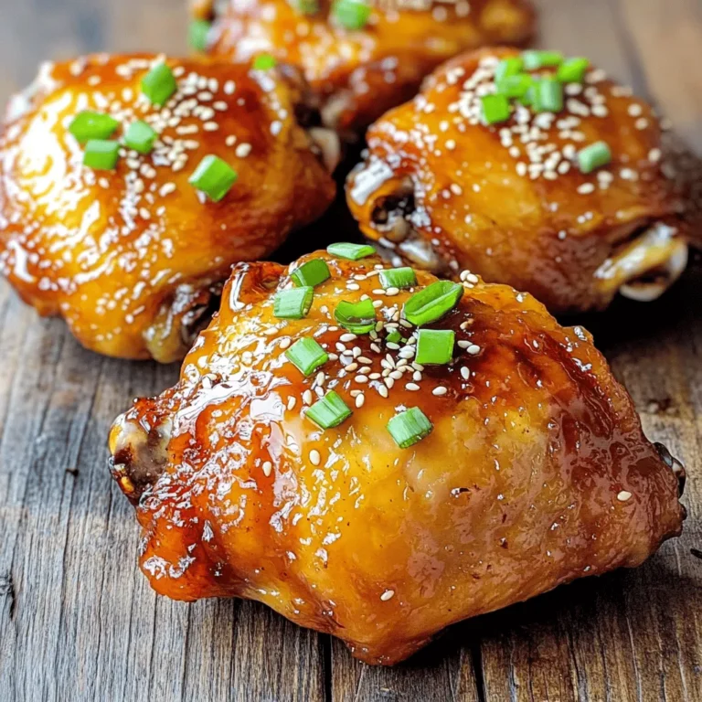 To make the best honey soy sauce chicken marinade, you'll need some simple ingredients. Each one adds its own special touch. Here’s what you’ll need: - 4 bone-in, skin-on chicken thighs - 1/4 cup low sodium soy sauce - 1/4 cup honey - 2 tablespoons sesame oil - 2 cloves garlic, finely minced - 1 tablespoon fresh ginger, grated - 1 tablespoon rice vinegar - 1/2 teaspoon black pepper - 1/2 teaspoon red pepper flakes (optional for heat) - 2 green onions, finely chopped - A sprinkle of sesame seeds This mix of flavors comes together to create a sweet and savory marinade. The honey gives a nice glaze, while the soy sauce adds depth. Garlic and ginger bring in warmth. You can adjust the red pepper flakes based on how spicy you like it. I enjoy this recipe for its simplicity and taste. You can find the full recipe in the Honey Soy Glaze Chicken Delight section. To start, gather your ingredients. In a medium bowl, combine the low sodium soy sauce, honey, sesame oil, minced garlic, grated ginger, rice vinegar, black pepper, and red pepper flakes. Use a whisk to mix everything well. This step is key as it brings out all the flavors. You want a smooth blend that coats the chicken nicely. Next, take your chicken thighs. Place them in a large Ziploc bag or a shallow dish. Pour the marinade over the chicken, making sure it covers each piece. Seal the bag tightly or cover the dish with plastic wrap. Let the chicken marinate in the fridge for at least 2 hours. For the best flavor, let it sit overnight. This allows the chicken to soak up all those tasty flavors. Now it's time to bake. Preheat your oven to 375°F (190°C). While it heats up, prepare your baking sheet by lining it with parchment paper or aluminum foil. This makes for easy clean-up later. After marinating, take the chicken out of the bag or dish. Place the thighs skin-side up on the baking sheet. Bake the chicken for 35-40 minutes. Every 15 minutes, baste it with the reserved marinade. This keeps the chicken juicy and adds even more flavor. You know it’s done when the internal temperature hits 165°F (74°C). Once ready, let the chicken rest for 5 minutes before serving. This keeps it tender and full of flavor. For a final touch, sprinkle chopped green onions and sesame seeds on top. This adds a nice crunch and makes your dish look great. If you want more details, check out the Full Recipe. Marinating is key to great flavor. I recommend marinating your chicken for at least two hours. But if you can wait, do it overnight. This time lets the flavors soak in well. You can adjust the taste too. If you like it sweeter, add more honey. For saltiness, use a bit more soy sauce. Just remember, balance is the goal. You want a marinade that excites your taste buds without being overpowering. Baking your chicken at 375°F (190°C) works best. This temperature ensures even cooking. Bake for 35 to 40 minutes. Use a meat thermometer to check for doneness. Chicken should reach 165°F (74°C) inside. To keep it juicy, baste the chicken with the marinade every 15 minutes. This step adds flavor and keeps the meat moist. After baking, let it rest for about five minutes. This helps the juices redistribute, giving you a tender bite. Garnishing makes a big difference. I love using chopped green onions and sesame seeds for a nice touch. They add color and crunch. When it comes to sides, think rice or steamed vegetables. They complement the honey soy sauce chicken well. You could also serve it with a light salad for some freshness. For more ideas, check out the [Full Recipe]. {{image_4}} You can change the protein in the recipe. Try using pork, beef, or tofu. Each option brings its own taste. Pork absorbs the sauce well, while tofu soaks up flavors beautifully. You can also switch the vinegar. Rice vinegar is mild, but apple cider vinegar adds a fruity touch. If you want a strong flavor, use balsamic vinegar. Each vinegar creates a different taste profile. To amp up the flavor, think about adding spices or herbs. Garlic and ginger are great, but you can try adding five-spice powder for a warm kick. Fresh herbs like cilantro or basil can freshen the dish. You can also mix in fruit juices. Pineapple juice gives sweetness and a tropical twist. Orange juice is another sweet option that works well. This adds a nice layer to the marinade. Grilling the chicken gives it a smoky taste. It creates a char that is hard to beat. Just make sure to monitor the heat to avoid burning. Slow-cooking is another excellent method. It makes the chicken very tender and juicy. The longer it cooks, the more the flavors blend. You can set it in the morning and enjoy it by dinner. For the full recipe, check out the Honey Soy Glaze Chicken Delight. You can keep leftover marinade in the fridge for up to five days. Store it in an airtight container. Make sure to label the container with the date. If you want to keep it longer, freeze it! Use a freezer-safe bag or container. Just remember to leave some room for expansion as it freezes. Frozen marinade can last for about three months. Once your chicken is cooked, let it cool down. After cooling, place it in a sealed container. Store it in the fridge for up to four days. For longer storage, you can freeze the chicken. Wrap it tightly in plastic wrap or foil, then place it in a freezer bag. Cooked chicken can last up to three months in the freezer. To reheat, you can use the microwave or oven. For the microwave, place the chicken on a plate and cover it with a damp paper towel. Heat it in short bursts, checking often. If using the oven, preheat to 350°F (175°C) and bake for about 15-20 minutes. The marinade can last in the fridge for five days. If frozen, it is good for three months. Cooked chicken can stay fresh in the fridge for four days. If you freeze it, it can last up to three months. Always check for any signs of spoilage before using. To add heat, try adding red pepper flakes. Start with a half teaspoon. If you want more spice, use a full teaspoon. You can also add fresh chopped chili peppers. Sriracha sauce is another great option. Mix any of these into your marinade for a nice kick. Yes, you can use boneless chicken. Boneless thighs or breasts work well. Just remember, they will cook faster. Check for doneness at about 25-30 minutes. Use a meat thermometer to ensure the chicken reaches 165°F (74°C) for safety. The flavor will still be great with boneless cuts. This dish pairs well with steamed rice or quinoa. You can also serve it with stir-fried vegetables. A fresh salad or roasted sweet potatoes make nice sides too. For a fun twist, try serving it with Asian-style slaw. Each option adds a different texture and flavor. Absolutely! If you want more, just double all the ingredients. Use the same marinating time. Cooking time may vary a bit. If using more chicken, check it at the same time. You may need an extra 5-10 minutes to ensure it’s cooked through. The prep time is about 15 minutes. You will need at least 2 hours for marinating. Cooking the chicken takes about 40 minutes. So, in total, you are looking at around 2 hours and 55 minutes. For best flavor, marinate overnight if you can. Check out the Full Recipe for all the details! You now have a complete guide for making honey soy sauce chicken. We covered the ingredients to create a tasty marinade, along with each step to bake the chicken perfectly. Tips for adjusting flavors, serving ideas, and variations make this dish even better. Remember, marinating is key for flavor. Enjoy experimenting with new ingredients and cooking methods. This recipe is simple, fun, and delicious. You’ll impress everyone at your next meal. Let your creativity shine as you cook!
