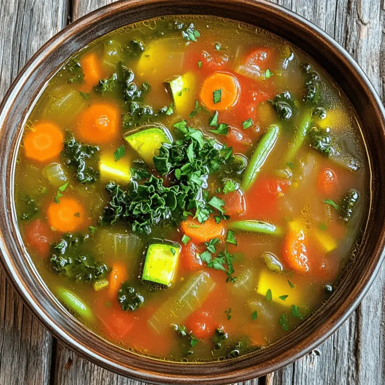 For a tasty Rustic Vegetable Soup, you need fresh, quality ingredients. Here’s the complete list: - Fresh vegetables for Rustic Vegetable Soup - 2 tablespoons olive oil - 1 large onion, diced - 3 cloves garlic, minced - 2 carrots, sliced - 2 celery stalks, diced - 1 zucchini, chopped - 1 bell pepper, diced (any color) - 2 cups kale or spinach, chopped - 1 can (15 oz) diced tomatoes with juice - 6 cups vegetable broth - 1 cup green beans, trimmed and cut into pieces - Spices and herbs used in the recipe - 1 teaspoon dried thyme - 1 teaspoon dried oregano - Salt and pepper to taste - Optional garnishes and serving suggestions - Fresh parsley, chopped (for garnish) - Crusty bread on the side for a cozy meal These ingredients blend to create a hearty and healthy delight. Each vegetable adds flavor, texture, and nutrition. The herbs elevate the taste, making each bite comforting and satisfying. You can find the full recipe included to guide you through the cooking process. Enjoy! To start, wash your vegetables well. This helps keep them clean and safe. Dice the onion into small pieces. Mince the garlic finely for strong flavor. Slice the carrots into rounds. Chop the celery into small bits. Cut the zucchini and bell pepper into chunks. For greens, chop the kale or spinach into bite-size pieces. When prepping, use a sharp knife. This makes cutting easier and safer. Have all your vegetables ready before cooking. It helps the cooking go smoothly. 1. In a large pot, heat 2 tablespoons of olive oil over medium heat. 2. Add the diced onion and sauté for about 5 minutes. You want it to look translucent. 3. Stir in the minced garlic. Cook for an additional minute until it smells great. 4. Add the sliced carrots and diced celery. Cook for another 5 minutes, stirring now and then. 5. Next, add the chopped zucchini and bell pepper. Sauté for 3-4 minutes more. 6. Pour in the can of diced tomatoes with juice. Then add 6 cups of vegetable broth. Stir well. 7. Season with dried thyme, oregano, salt, and pepper. Bring the pot to a gentle boil. 8. Reduce the heat and let the soup simmer for about 20 minutes. 9. After 20 minutes, add the green beans and chopped kale or spinach. Simmer for another 10 minutes. 10. Taste the soup and adjust the seasoning if needed. Then, remove it from the heat. Before serving, taste the soup again. You can add more salt or pepper to improve the flavor. For a nice touch, garnish each bowl with fresh parsley. It adds color and a fresh taste. Serve the soup hot. Pair it with crusty bread for a cozy meal. Enjoy your hearty and healthy Rustic Vegetable Soup! To boost the taste of your Rustic Vegetable Soup, try adding a splash of lemon juice. This brightens the flavors and adds a nice zing. A dash of hot sauce can also bring warmth without overpowering the soup. You can switch out the vegetables based on what you have. If you don’t have zucchini, use yellow squash or even diced potatoes. For a different taste, add a handful of fresh herbs like basil or thyme. These simple swaps can change the soup's profile while keeping it delicious. Want to pack more health benefits into your soup? Toss in an extra cup of chopped spinach or Swiss chard. You can also add frozen peas or corn for added sweetness and color. For protein, consider mixing in canned beans like chickpeas or white beans. These add creaminess and texture. You can also stir in cooked lentils or diced tofu for a heartier meal. Each of these options helps make your soup filling and nutritious. One common mistake is overcooking the vegetables. Keep an eye on them so they stay tender but not mushy. To ensure great texture, add harder vegetables like carrots and celery first, then softer ones like zucchini and greens later. Another tip is to taste your soup as it cooks. Adjust the seasoning gradually. Too much salt can overwhelm the flavors. Lastly, don’t skip the garnish. Fresh parsley adds color and a fresh finish to your dish, making it more inviting. For a complete guide, check the [Full Recipe]. {{image_2}} You can mix up your Rustic Vegetable Soup by trying different veggies. Instead of kale, use Swiss chard or spinach. For a twist, add parsnips or sweet potatoes. These choices add flavor and color to your soup. Also, think about the season. In spring, use asparagus and peas. In fall, add squash or pumpkin. This keeps your soup fresh and exciting! If you want a vegan soup, skip the chicken broth. Use vegetable broth instead. You can find many low-sodium broths that taste great. For gluten-free options, check labels on broth and seasonings. Many brands offer gluten-free choices. Just make sure to read the labels. Also, reduce salt to make it heart-friendly. Rustic Vegetable Soup can take on flavors from around the world. Add Italian herbs like basil and rosemary for a Mediterranean vibe. If you want a Mexican twist, include corn, cilantro, and lime juice. Try adding curry powder for an Indian touch. Each region brings unique ingredients, making your soup special. Mix and match to find your favorite blend! Store your Rustic Vegetable Soup in airtight containers. Glass or BPA-free plastic works best. Allow the soup to cool before sealing the container. This helps keep it fresh and safe. You can refrigerate the soup for up to four days. For longer storage, freeze the soup in portions. Use freezer-safe bags or containers. To reheat your soup, use the stove or microwave. On the stove, heat it in a pot over low heat. Stir often to keep the flavors blended. In the microwave, use a microwave-safe bowl and cover it. Heat in short bursts, stirring in between. This helps the soup heat evenly. If the soup seems thick, add a splash of broth or water to refresh it. Your Rustic Vegetable Soup lasts up to four days in the fridge. In the freezer, it can last for three months. Look for signs of spoilage, such as an off smell or strange color. If the soup has a slimy texture, it’s best to throw it out. Always trust your senses when it comes to food safety. Yes, you can make Rustic Vegetable Soup in a slow cooker. To adapt the recipe, follow these steps: 1. Prep the ingredients: Chop all your vegetables as noted in the full recipe. 2. Sauté first (optional): For better flavor, you can sauté the onion and garlic in a pan with olive oil before adding them to the slow cooker. 3. Combine ingredients: Place all prepared vegetables, diced tomatoes, broth, and seasonings in the slow cooker. Stir well. 4. Set the cooker: Cover and cook on low for 6-8 hours or on high for 3-4 hours. 5. Add greens last: In the last 30 minutes, stir in the green beans and kale or spinach for a fresh touch. Using a slow cooker makes this soup even easier. It gives the flavors time to blend well. Rustic Vegetable Soup pairs well with many sides. Here are some ideas: - Crusty bread: A slice of warm, crusty bread is perfect for dipping. - Grilled cheese sandwich: This classic combo adds a nice, cheesy touch. - Salad: A fresh green salad complements the soup's warmth. - Cheese platter: Serve some cheese and crackers for a fun twist. These sides enhance your meal and make it more filling. If you want to add some heat, try these tips: - Red pepper flakes: Add 1/2 teaspoon of red pepper flakes when you add the broth. - Hot sauce: Stir in your favorite hot sauce to taste. - Chopped jalapeños: Mix in some diced jalapeños for a fresh kick. - Spicy sausage: For meat lovers, add some cooked spicy sausage to the mix. These options let you customize your soup to your taste. Enjoy experimenting! You now know how to make a great Rustic Vegetable Soup. We covered all the steps, from fresh ingredients to final touches. I shared tips for enhancing flavors and avoiding common mistakes. You can even try different variations and dietary choices. Remember, you can store leftovers well and reheat them easily. Use these tips to make your soup delicious and nutritious. Enjoy your time cooking, and don’t be afraid to experiment!