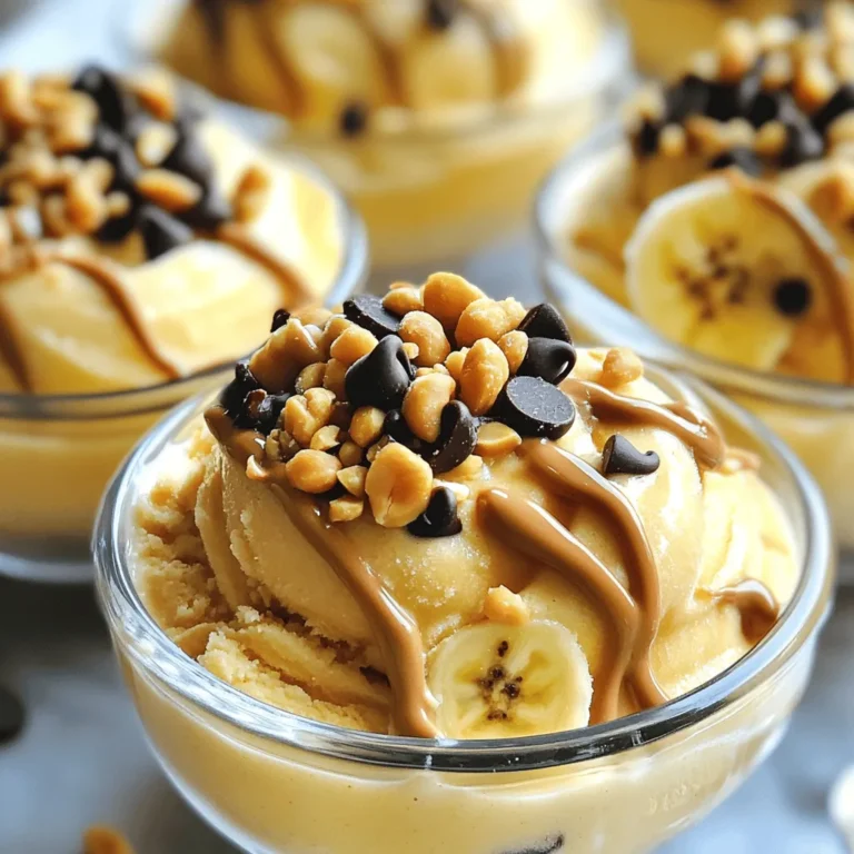 To make the smooth and creamy peanut butter banana ice cream, gather these simple ingredients: - 4 ripe bananas, sliced and frozen - 1/2 cup creamy peanut butter - 1/2 cup unsweetened almond milk - 2 tablespoons honey or maple syrup - 1 teaspoon vanilla extract - Pinch of sea salt - Optional toppings: chopped peanuts, dark chocolate chips, or coconut flakes These ingredients work together to create a rich and satisfying treat. The frozen bananas give the ice cream its creamy texture. The peanut butter adds a nutty flavor, while almond milk helps blend everything smoothly. Honey or maple syrup sweetens the mix, and vanilla extract enhances the overall taste. A pinch of sea salt rounds out the flavors perfectly. You can customize this treat with toppings. Chopped peanuts add crunch, while dark chocolate chips give a sweet burst. Coconut flakes add a tropical twist. The choice is yours! For the full method on how to blend these delicious flavors together, check the full recipe. To start, you need to slice the bananas. Cut them into thick coins. This helps blend them easily. Next, spread the banana slices on a baking sheet. Make sure they do not touch each other. Place the baking sheet in the freezer. You should freeze the bananas for at least 4 hours or overnight. This gives the ice cream a nice, creamy texture. For blending, use a high-speed blender or food processor. A good blender makes a big difference. It helps get that smooth and creamy texture. Add the frozen banana slices, peanut butter, almond milk, honey or maple syrup, vanilla extract, and sea salt to the blender. Blend on high speed for 2-3 minutes. Stop to scrape down the sides of the bowl. This ensures all ingredients mix well. After blending, taste the mixture. You might want to add more honey or maple syrup. If so, blend again to mix it well. Once you like the taste, transfer the ice cream to a lidded container. Spread it evenly for even freezing. If you want a firmer texture, freeze for an extra 1-2 hours. Now, your Peanut Butter Banana Ice Cream is ready to scoop and serve! To make the best peanut butter banana ice cream, start with ripe bananas. Ripe bananas have more sweetness and a better flavor. This makes a big difference in the final treat. Aim for bananas with brown spots. You can freeze them ahead of time for a smooth blend. Adjust the almond milk based on your desired creaminess. If you want it thicker, use less milk. If you prefer it lighter, add a bit more. This small tweak helps you get just the right texture for your ice cream. Serving your ice cream nicely makes it even more fun. Use chilled bowls to keep the ice cream firm longer. You can drizzle some extra peanut butter on top for a great look. Add a sprinkle of your favorite toppings like chopped peanuts or dark chocolate chips. These not only add flavor but also make your dessert look colorful. Watch out for over-mixing the ingredients. Blend just until smooth and creamy. If you mix too much, the texture can turn too runny. Also, be sure to freeze the mixture long enough. For a firmer texture, let it freeze for a few hours. If you don't freeze it long enough, it will be too soft to scoop. {{image_2}} You can boost the flavor of your Peanut Butter Banana Ice Cream in fun ways. Adding cocoa powder is great for chocolate lovers. Just mix in 2 tablespoons of cocoa powder while blending. This simple step creates a rich, chocolatey twist that pairs well with peanut butter. You can also explore other nut butters. Almond butter or cashew butter can change the taste. Each nut butter has its own unique flavor. Feel free to mix and match to find your favorite combo. If you want a healthier option, you can substitute maple syrup or honey. Try using agave nectar or stevia. Both are natural sweeteners that can lower sugar content. Adjust according to your taste preferences. For those needing dairy-free and nut-free options, use coconut milk instead of almond milk. This will create a creamy texture without any nuts. You can also skip the peanut butter and use sunflower seed butter. This still gives you a tasty treat without the allergens. You can make this ice cream even more exciting with seasonal fruits. In summer, add fresh strawberries or blueberries for a fruity burst. Just mix in 1 cup of your chosen fruit while blending. If you want to make a festive version for holidays, consider adding spices. A pinch of cinnamon or nutmeg can enhance the flavor. You can also mix in crushed gingerbread cookies for a fun holiday twist. For the Full Recipe, check out the ingredients and instructions listed above to get started on this creamy treat! To keep your peanut butter banana ice cream fresh, use an airtight container. Glass or plastic containers work well. Make sure the container is deep enough to hold all of the ice cream. Storing it properly can help maintain its smooth and creamy texture. For the best taste and texture, eat your ice cream within two weeks. After this time, it may start to lose flavor and creaminess. If you keep it in the freezer for longer, it will still be safe to eat, but it might not be as enjoyable. Can you refreeze after serving? Yes, you can re-freeze the ice cream. Just make sure to seal it tightly after scooping some out. However, repeated thawing and freezing can change its texture. If you notice it becoming icy, try to limit how often you refreeze. Before serving, you might need to soften the ice cream. Let it sit at room temperature for about 5-10 minutes. This will make scooping easier. If it’s still too hard, use a warm scoop to help you. Enjoy your creamy treat! No, fresh bananas will not work well. Frozen bananas give the ice cream a smooth and creamy texture. When you freeze ripe bananas, they become soft. This softness is key for blending. I recommend slicing and freezing them for at least four hours or overnight. Yes, this recipe is great for kids! It contains no artificial ingredients and uses simple, wholesome foods. The sweet taste of bananas and the richness of peanut butter make it a hit with children. Plus, they can help you make it! It takes about 10 minutes to prepare the ice cream. However, you need to freeze the bananas for at least four hours first. The total time from start to finish is about four hours and ten minutes. Most of this time is just waiting for the bananas to freeze. This ice cream is both tasty and healthy. Each serving contains roughly 200 calories. It also has protein from peanut butter and healthy fats. The bananas add fiber and natural sweetness. For detailed nutrition values, check the Full Recipe. You can try using a food processor if you don’t have a blender. However, a blender usually works better for a super smooth texture. If you use a fork, it will take a lot longer and may not be as creamy. This blog post shared a simple recipe for Peanut Butter Banana Ice Cream. You learned about key ingredients, like ripe bananas and creamy peanut butter. I provided step-by-step guidance for preparation, blending, and serving. You also discovered helpful tips to avoid common mistakes and create your ideal texture. Finally, we discussed fun variations and storage tips. Now you have the tools to make a tasty, healthy treat that’s fun for everyone! Enjoy making this ice cream with your favorite flavors and toppings.