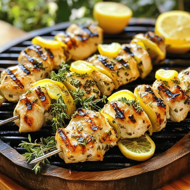 - 1 pound boneless, skinless chicken breasts - 1/4 cup olive oil - Juice and zest of 2 large lemons - 3 cloves garlic, minced - Fresh rosemary and thyme - Salt, black pepper, and paprika - Wooden or metal skewers - Soaking tips for wooden skewers When making Lemon Herb Chicken Skewers, start with fresh chicken. I prefer using boneless, skinless chicken breasts. They are easy to work with and cook evenly. Cut the chicken into 1-inch cubes. This size is perfect for skewering and grilling. Next, you need a flavorful marinade. Mix olive oil, lemon juice, and lemon zest in a bowl. The lemon adds a bright taste that makes the chicken pop. Then, add minced garlic, fresh rosemary, fresh thyme, salt, black pepper, and paprika. Each herb adds its unique flavor. Rosemary gives a woodsy note, while thyme adds earthiness. This blend makes each bite delicious. Now, let's talk about skewers. You can use either wooden or metal skewers. If you choose wooden skewers, soak them in water for about 30 minutes. This step helps prevent burning on the grill. Metal skewers do not need soaking. These ingredients come together to create a tasty dish. The lemon and herbs work well with the chicken, making it a hit at any gathering. For the full recipe, check out the [Full Recipe]. To start, marinate the chicken. First, mix the olive oil, lemon juice, lemon zest, minced garlic, rosemary, thyme, salt, pepper, and paprika in a large bowl. Whisk it together well. Add the chicken cubes and coat them fully. Cover the bowl with plastic wrap. I suggest refrigerating it for at least 30 minutes. For a bolder taste, marinate for up to 2 hours. Next, let's get grilling! Preheat your grill to medium heat. If you use wooden skewers, soak them in water for 30 minutes. This step prevents burning. Once the grill is hot, carefully thread the marinated chicken onto the skewers. Make sure to leave small gaps between each piece. This helps them cook evenly. Cook the skewers for about 6-8 minutes on each side. Look for nice grill marks. Use a meat thermometer to check doneness. The chicken should reach an internal temperature of 165°F (75°C). Once cooked, remove the skewers from the grill. Let them rest for a few minutes before serving. This resting time helps the juices settle back in. Enjoy your Lemon Herb Chicken Skewers! For the full recipe, check the details above. To enhance the marinade flavor, start with fresh herbs. Fresh rosemary and thyme bring bright tastes that mix well with lemon. Also, always use quality olive oil. It adds richness and depth. Marination time is key. For good flavor, marinate the chicken for at least 30 minutes. You can go up to 2 hours for an even better taste. This allows the chicken to soak up all the good flavors. For perfect grill marks, preheat your grill well. A hot grill sears the chicken quickly. This creates those beautiful lines. When placing skewers on the grill, do not move them too much. Let them cook before flipping. Avoiding overcooking is vital. Always check the chicken's internal temperature. It should reach 165°F (75°C). Use a meat thermometer to get accurate readings. This way, your chicken stays juicy and tender. Pair Lemon Herb Chicken Skewers with refreshing sides. A fresh garden salad or tzatziki works great. Both add coolness to the warm skewers. For plating, serve on a colorful platter. Garnish with lemon slices and fresh herbs. This makes your dish look inviting and tasty. Enjoy your meal! {{image_2}} You can change the herbs in these skewers for new tastes. Try using mint or cilantro instead of rosemary and thyme. These fresh herbs bring a bright flavor. If you want some heat, add chili flakes to the marinade. This small change can give your skewers a spicy kick. Chicken is great, but you can switch it up. Shrimp works well and cooks fast. It only takes about 2-3 minutes per side on the grill. Tofu is another good choice for a plant-based meal. Cut firm tofu into cubes and marinate just like the chicken. Cook it for about 4-5 minutes per side for a tasty option. If you need gluten-free meals, this recipe fits the bill. All the ingredients are gluten-free. You can also make it low-carb. Just serve the skewers with a salad instead of bread or rice. This keeps your meal light and full of flavor. For the full recipe, check above. To store leftovers safely, let the skewers cool down first. Place them in an airtight container. This keeps the chicken moist and fresh. For best results, eat the leftovers within three days. Use glass or plastic containers that seal tightly. If you want to enjoy the skewers later, freezing is a great option. Wrap each skewer tightly in plastic wrap. Then, place them in a freezer bag or container. This helps prevent freezer burn. You can freeze them for up to three months. When ready to eat, thaw in the fridge overnight. To reheat without drying out, use an oven or grill. Set the oven to 350°F (175°C) and warm the skewers for about 10-15 minutes. If using a grill, heat it to medium and grill the skewers for a few minutes. This keeps the flavor and texture just right. Avoid microwaving, as it can make the chicken tough. Marinate the chicken for at least 30 minutes. For best taste, 2 hours works great. The longer you let it sit, the more the flavors soak in. Use a bowl and cover it with plastic wrap. Refrigerate during this time. Yes, you can! Preheat your oven to 400°F (200°C). Place the skewers on a baking sheet lined with foil. Bake for about 15-20 minutes, turning halfway. Ensure you check that the chicken is fully cooked. These skewers pair well with many sides. Try fresh salad, rice, or roasted veggies. You can also serve them with tzatziki for a cool dip. Add some lemon wedges for extra zest. Check the internal temperature. It should reach 165°F (75°C). Look for juices that run clear, not pink. The chicken should feel firm to the touch, with grill marks on the outside. Absolutely! You can use thighs, wings, or breasts. Thighs add more flavor and stay juicy. Wings are great for a fun appetizer. Adjust cooking times based on the cut you choose. This article covered how to make delicious lemon herb chicken skewers. We discussed key ingredients like chicken, olive oil, and herbs. You'll find tips for marinating, grilling, and serving these skewers perfectly. I also shared fun variations, storage info, and answers to common questions. Whether cooking for family or friends, these skewers will impress everyone. Enjoy the flavors and simplicity of this dish. Now get grilling!