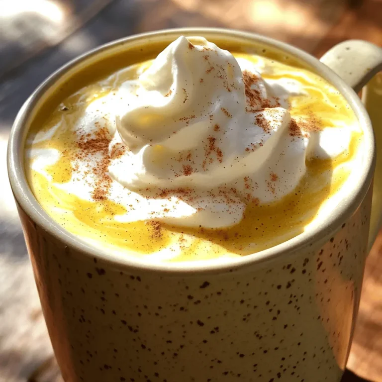 To craft the perfect Pumpkin Maple Spice Latte, gather these key items: - 1 cup milk (dairy or non-dairy) - 1/2 cup strong brewed coffee or espresso - 1/4 cup pumpkin puree - 2 tablespoons pure maple syrup - 1/2 teaspoon pumpkin pie spice - 1/4 teaspoon vanilla extract - Pinch of salt These ingredients come together to create a rich and creamy drink. The pumpkin puree gives a smooth texture and deep flavor. Maple syrup adds sweetness while the pumpkin pie spice brings warmth and depth. You can enhance your latte in many ways. Here are some fun options: - Whipped cream (for topping) - Ground cinnamon (for garnish) - A sprinkle of nutmeg or ginger for extra spice - A drizzle of caramel for added sweetness Adding these elements can make your drink special. Feel free to experiment based on your taste! Using the right tools can make your latte-making experience easier. Here’s what I recommend: - Small saucepan for heating the milk - Whisk for mixing the ingredients - Immersion blender for frothing (or a regular blender) - Large mug to serve your drink These tools will help you create a delicious Pumpkin Maple Spice Latte at home. For the complete recipe, check out the [Full Recipe]. Making a Pumpkin Maple Spice Latte is easy and fun. You will heat milk, mix in pumpkin, and brew coffee. This drink combines sweet and warm flavors. Follow these steps for a cozy fall treat. 1. Heat the Milk: Pour 1 cup of milk into a small saucepan. Use medium heat until it gets hot, but don’t let it boil. 2. Mix the Pumpkin and Spices: Add 1/4 cup of pumpkin puree, 2 tablespoons of maple syrup, 1/2 teaspoon of pumpkin pie spice, 1/4 teaspoon of vanilla, and a pinch of salt. Whisk until smooth and warm. 3. Froth the Mixture: Take the saucepan off the heat. Use an immersion blender to froth the mix until it is creamy. If you don't have one, blend it in a regular blender. Then pour it back into the saucepan. 4. Brew the Coffee: While the milk is heating, brew 1/2 cup of strong coffee or espresso. 5. Combine the Two: In a large mug, pour the brewed coffee. Then, gently add the pumpkin-spice milk on top. 6. Add Toppings: If you like, add whipped cream on top. Sprinkle ground cinnamon for extra flavor. - Use Fresh Milk: Fresh milk froths better than older milk. - Heat Carefully: Heat milk slowly to avoid burning. - Whisk Vigorously: If using a whisk, whisk fast and hard for good froth. - Try a Blender: If you don’t have an immersion blender, a regular blender works well too. Just be careful when blending hot liquids. Enjoy your delicious Pumpkin Maple Spice Latte! For the full recipe, check the earlier section. To boost the taste of your Pumpkin Maple Spice Latte, use fresh spices. Fresh pumpkin pie spice will give a better flavor than old spice. Always choose pure maple syrup. This syrup has deep, rich notes that enhance the drink. You can also add a pinch of nutmeg or ginger for extra warmth. These spices can elevate the fall flavors. For a creamier texture, use whole milk or oat milk. Both options create a rich, smooth drink. One mistake is using canned pumpkin pie filling. It has added sugars and spices. Stick with plain pumpkin puree for the best taste. Another mistake is boiling the milk. Heat the milk until steaming, but not boiling. Boiling can ruin the texture and taste. Don't forget to whisk the mixture well. This helps blend the flavors. If you skip this step, your latte may taste uneven. Lastly, avoid over-sweetening. You can always add more syrup later. To adjust sweetness, add more maple syrup slowly. Start with a teaspoon and taste as you go. If it’s too sweet, add a pinch of salt. This can balance the flavors. For spice, you can increase the pumpkin pie spice. Add an extra 1/4 teaspoon to kick up the flavor. If you want a milder taste, reduce the spice a little. Personalize it to your liking! For a full guide on how to make this drink, check out the Full Recipe. {{image_2}} You can tweak the basic recipe to match the season. Adding apple cider can bring a fruity twist. A touch of nutmeg can deepen the fall flavor. You might also try using chai spice instead of pumpkin pie spice. This gives a warm, cozy vibe. Mixing in caramel sauce can add sweetness and a rich flavor. Each variation brings something new to your cup. If you prefer non-dairy options, you have choices. Almond milk or oat milk works great in this recipe. They both foam well and add flavor. For a richer taste, try coconut milk. It pairs nicely with pumpkin and maple. Maple syrup is already vegan, so you can enjoy this drink guilt-free. Make sure your whipped cream is vegan if you choose to add it. Want to enjoy this drink cold? You can easily make an iced version. Start by brewing your coffee and let it cool. Mix the pumpkin puree and spices with cold milk instead of heating it. Pour the cold coffee into a glass filled with ice. Add the pumpkin-spice milk mixture and stir. Top it with whipped cream and a sprinkle of cinnamon for a refreshing treat. For the complete recipe, refer to the Full Recipe section. If you have leftover Pumpkin Maple Spice Latte, store it in a sealed container. You can keep it in the fridge for up to three days. Make sure it cools first before sealing it. This helps keep the flavors fresh and tasty. When you are ready to enjoy your leftover latte, reheat it gently. Use a microwave or a small pot on the stove. Heat it slowly over low heat. Stir often to prevent burning. If you want to froth it again, use a frother or whisk after heating. Most of the ingredients last a while. Pumpkin puree can last in the pantry for a year. Once opened, keep it in the fridge for about a week. Maple syrup can last for years if stored correctly. Milk should be used within a week after the sell-by date. Always check for freshness before using any ingredient in your latte. For the full recipe, refer to the section above. Enjoy your cozy fall drink! The Pumpkin Maple Spice Latte blends fall flavors with coffee. This drink comes from the popular pumpkin spice trend. It started in the late 1990s with the rise of flavored coffee. The mix of pumpkin, maple, and spices makes it a favorite for autumn. Over the years, it has grown into a seasonal staple. Many coffee shops now serve it, adding their own twist. Yes, you can make the Pumpkin Maple Spice Latte ahead of time. Prepare the pumpkin-spice milk mixture in advance. Store it in the fridge for up to two days. When ready to serve, reheat it gently on the stove. Brew fresh coffee or espresso for the best taste. This latte stands out among seasonal drinks for its rich flavors. Unlike peppermint or eggnog, it offers a unique blend of pumpkin and maple. Many people love it for its warm, cozy vibe. It often feels more comforting than other drinks. Plus, it has a creamy texture that enhances the experience. Toppings can add extra flavor and fun to your latte. Here are some popular choices: - Whipped cream - Ground cinnamon - Nutmeg - Crushed graham crackers - Caramel drizzle Feel free to mix and match toppings for your perfect Pumpkin Maple Spice Latte! For the full recipe, check out the details above. You now have everything needed to make a great Pumpkin Maple Spice Latte. We covered key ingredients, tools, and step-by-step instructions for a smooth drink. Remember to check your sweetness and spice levels to suit your taste. You learned some common mistakes to avoid and cool variations to try. With proper storage, your latte can last longer and taste just as good. Enjoy your homemade treat!