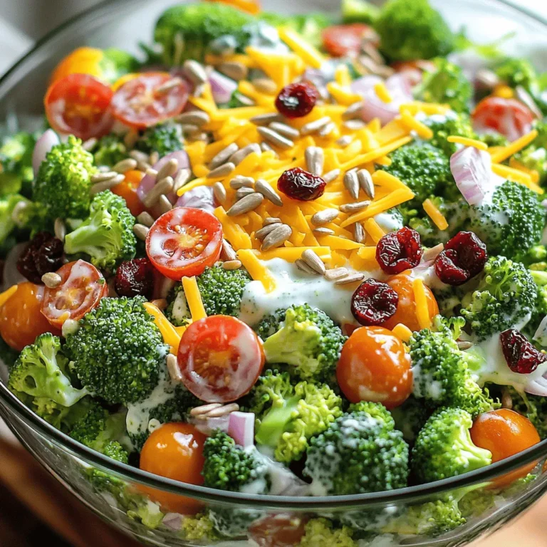- 4 cups fresh broccoli florets - 1 cup cherry tomatoes, halved - 1/2 cup red onion, finely chopped - 1/2 cup dried cranberries - 1/2 cup sunflower seeds - 1/2 cup shredded sharp cheddar cheese - 1/2 cup Greek yogurt - 2 tablespoons apple cider vinegar - 1 tablespoon honey - Salt and pepper to taste For this classic broccoli salad, you start with fresh produce. I love using bright green broccoli florets. They add a lovely crunch and color. Cherry tomatoes bring sweetness, while red onion adds a nice bite. Next, we add some fun components. Dried cranberries offer a sweet contrast. Sunflower seeds give a nutty flavor and crunch. Shredded sharp cheddar cheese adds richness. Now, let’s not forget about the dressing. I prefer Greek yogurt for creaminess. Apple cider vinegar adds a tangy kick. Honey sweetens the mix just right. Finally, a sprinkle of salt and pepper rounds it all out. With these ingredients, you create a dish that is both nutritious and refreshing! For the full recipe, check out the Broccoli Bliss Salad. To start, we need to blanch the broccoli florets. Blanching means cooking them quickly. Bring a pot of water to a boil. Add the florets and boil for just 2 to 3 minutes. This makes the broccoli bright green and keeps it crunchy. After boiling, drain the broccoli right away. Next, you should immerse it in ice water. This stops the cooking process and keeps the color bright. Once chilled, drain the broccoli well and pat it dry with a clean towel. Now, it's time to mix our salad. In a large bowl, combine the blanched broccoli, cherry tomatoes, red onion, dried cranberries, sunflower seeds, and shredded cheddar cheese. Each ingredient adds a unique flavor and texture. In a separate small bowl, prepare the dressing. Whisk together Greek yogurt, apple cider vinegar, honey, salt, and pepper until smooth. This dressing is creamy and tangy. Pour it over the salad mixture and toss gently. Make sure every piece is well coated in dressing. After mixing, taste the salad. Adjust the seasoning if needed. You might want to add more salt or pepper. This step is important for the best flavor. Once seasoned, let the salad chill in the fridge. Allow it to rest for at least 30 minutes. This helps the flavors blend nicely. When you serve it, the salad will be cool and refreshing, perfect for any meal. For the complete recipe, check out the [Full Recipe]. To make the best classic broccoli salad, start with fresh ingredients. Use crisp broccoli florets. They should be bright green and firm. This keeps the texture crunchy and fun to eat. Blanch the broccoli briefly, then cool it in ice water. This step locks in the vibrant color and taste. Chilling your salad is key to enhancing flavors. After mixing, let it sit in the fridge for 30 minutes. This waiting time allows the ingredients to meld. The flavors become richer and more balanced. For a beautiful display, serve the salad in a large glass bowl. This lets the vibrant colors shine. You can also layer the ingredients for a nice effect. Garnish with extra sunflower seeds or cranberries. A sprinkle of fresh herbs adds a pop of color. This makes the salad look even more inviting. Broccoli is packed with vitamins and minerals. It has vitamin C, vitamin K, and fiber. These nutrients support your immune system and digestion. The dried cranberries add antioxidants and a touch of sweetness. To make the salad even healthier, you can use plain Greek yogurt. It adds protein without extra calories. Swap out the cheddar for a lighter cheese, or leave it out. You can also add grilled chicken or chickpeas for protein. These changes can boost the nutrition of your dish. For the full recipe, check out the Broccoli Bliss Salad 🥦. {{image_2}} You can change the recipe to fit your needs. For a dairy-free version, use alternative yogurt. There are many options like almond or coconut yogurt. They add creaminess without dairy. If you want extra protein, try adding grilled chicken or chickpeas. Grilled chicken gives a nice smoky flavor. Chickpeas add a hearty texture and are great for plant-based diets. Want a kick? Add jalapeños or sriracha for spice. These ingredients can wake up the salad and bring heat. Just a little makes a big difference. If you prefer sweetness, try diced apples or pears. They add a crunchy texture and a hint of natural sugar. This balance of sweet and savory makes the salad even better. You can mix up the dressing too. A vinegar-based dressing is a fresh alternative. Combine vinegar with olive oil for a light and tangy taste. For a creamy twist, use dressings other than Greek yogurt. You might try ranch or a creamy tahini dressing. These options can change the flavor profile while keeping it delicious. For the complete recipe, check the Full Recipe section. To keep your classic broccoli salad fresh, store it in an airtight container. This helps to lock in flavor and crunch. Always place it in the fridge right after serving. The salad stays fresh for about 3 to 5 days. Check for any signs of wilting or spoilage before eating. Freezing broccoli salad is not ideal. The texture of fresh ingredients can change when thawed. If you must freeze it, separate the dressing from the salad mix. This helps to keep the veggies crisp. When ready to eat, thaw the salad in the fridge overnight. Add the dressing just before serving to restore its taste. You can make the salad ahead of time, but store parts separately. Keep the blanched broccoli, tomatoes, and other veggies in one container. Store the dressing in another. This keeps everything fresh and tasty. Combine right before serving for the best flavor. Always chill the salad for at least 30 minutes for the flavors to blend well. For the full recipe, check out the broccoli bliss salad. You can keep classic broccoli salad in the fridge for about 3 to 5 days. The salad stays fresh if stored in an airtight container. Over time, the vegetables may soften, but it will still taste good. Yes, you can make broccoli salad in advance. I often prepare it a day ahead. This allows the flavors to blend well. Just remember to keep it in the fridge until you’re ready to serve. You can add many tasty ingredients to broccoli salad. Some favorites include: - Cooked bacon pieces - Chopped apples for sweetness - Grated carrots for crunch - Chopped nuts like almonds or walnuts - Diced bell peppers for color Feel free to mix and match based on your taste! Using frozen broccoli is okay, but I recommend using fresh for the best taste and texture. If you choose frozen, make sure to thaw and drain it well. Blanching frozen broccoli briefly can help it stay vibrant and crisp. This blog post covered how to make a fresh and tasty broccoli salad. We highlighted ingredients such as broccoli, cherry tomatoes, and cheddar cheese. The steps included blanching broccoli, mixing everything, and perfecting the dressing. Remember, chilling the salad boosts its flavor. Plus, various tips helped enhance your dish. You can customize with lots of fun add-ins. Store it well, and enjoy each bite fresh. This salad is not just tasty; it’s also good for you. Get creative and make it your own!