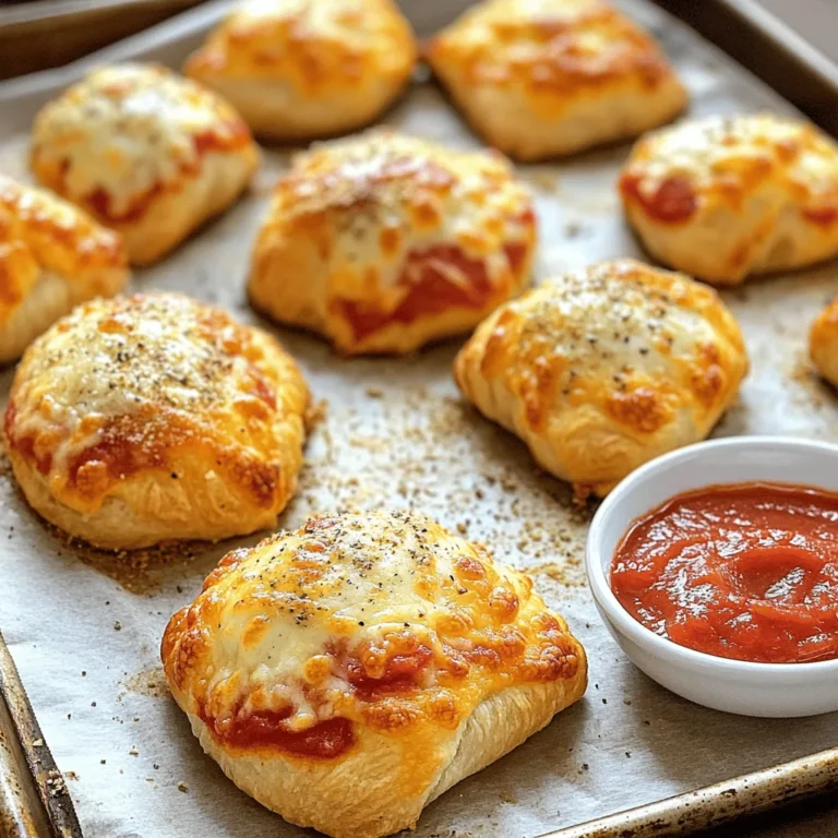 To make cheesy pizza bombs, you need a few key items. Here’s what you will use: - 1 can (16 oz) refrigerated pizza dough - 1 cup shredded mozzarella cheese - ½ cup sliced pepperoni - 1 teaspoon Italian seasoning - ½ teaspoon garlic powder - 1 egg, beaten (for egg wash) - Marinara sauce, for dipping These ingredients come together to create a tasty treat. The pizza dough acts as the outer layer, while the cheese and pepperoni fill the inside and melt during baking. You can easily change the recipe. Here are some optional ingredients to consider: - Cooked sausage or ham - Sliced olives or bell peppers - Spinach or mushrooms - Different cheeses like cheddar or provolone Adding these options lets you be creative. Mix and match to suit your taste. For the best flavor, use the right seasonings. Here’s what you’ll need: - Italian seasoning - Garlic powder These spices add depth to your pizza bombs. You will also need a few tools: - Baking sheet - Parchment paper - Pizza cutter or knife - Mixing bowl - Pastry brush Having the right tools makes cooking easier. With these ingredients and tools, you will create a fun and delicious snack. For the full recipe, check the details above! Start by heating your oven to 400°F (200°C). This step ensures your pizza bombs cook evenly. Line a baking sheet with parchment paper. This prevents sticking and makes cleanup easy. Next, roll out the refrigerated pizza dough on a floured surface. Aim for a large rectangle. Use a pizza cutter to slice the dough into 12 equal squares. Make sure each square is about the same size to help with cooking. In a bowl, mix the shredded mozzarella cheese, sliced pepperoni, Italian seasoning, and garlic powder. Stir well so that every bite has flavor. This filling is key to your cheesy pizza bombs. Grab one square of dough and place a tablespoon of the filling in the middle. This filling will create a burst of flavor inside the bomb. Fold the corners of the dough square toward the center. Pinch the edges to seal the filling inside tightly. This step is vital to keep all that cheesy goodness in! Place each formed pizza bomb seam side down on the baking sheet. Make sure they are spaced apart. This allows hot air to flow around each bomb, helping them cook evenly. Repeat until you use all the dough and filling. To give your pizza bombs a golden finish, brush the tops with beaten egg. This simple step adds color and shine. Bake in the oven for 12-15 minutes. Keep an eye on them! When they puff up and turn golden brown, they are ready. Once baked, take them out and let them cool for a few moments. This helps you avoid burns when you bite into them. Serve with marinara sauce for dipping. This adds a lovely touch of flavor. Enjoy your cheesy pizza bombs! To get that perfect golden-brown look, brush the tops with a beaten egg. This egg wash gives a nice shine and color. Bake at 400°F (200°C) for 12-15 minutes. Keep an eye on them to avoid burning. The bombs should puff up and look fluffy. You can prepare these cheesy pizza bombs ahead of time. Just form and fill them, then cover with plastic wrap. Store them in the fridge for up to 24 hours. When you're ready, bake them straight from the fridge. This saves time during busy days or parties. Marinara sauce is a classic choice for dipping. It's tangy and pairs well with cheesy bombs. You can also try ranch dressing or garlic butter for a tasty twist. If you like heat, add a bit of hot sauce to your marinara. Each sauce adds a new flavor dimension to the bites. {{image_4}} You can fill your cheesy pizza bombs with many tasty options. Here are a few ideas: - Classic Pepperoni: The favorite choice, mix pepperoni with mozzarella cheese. - Veggies Delight: Use bell peppers, onions, mushrooms, and spinach for a fresh taste. - Meat Lovers: Add sausage, ham, and bacon for a hearty treat. - Cheese Lovers: Stuff them with various cheeses like cheddar and provolone for extra flavor. Experiment with your favorite fillings to make each batch unique. If you prefer vegetarian pizza bombs, you have plenty of options. Try these ideas: - Caprese Style: Fill with fresh mozzarella, tomatoes, and basil for a burst of freshness. - Spinach and Feta: A mix of spinach, feta, and mozzarella creates a creamy and savory bomb. - Mushroom Medley: Use sautéed mushrooms, garlic, and cheese for a rich, earthy flavor. These vegetarian options are just as tasty as the meaty ones. For those who crave heat, spicy pizza bombs can add a fun twist. Consider these fillings: - Buffalo Chicken: Use cooked chicken mixed with buffalo sauce and cheese for a kick. - Jalapeño Popper: Mix cream cheese, jalapeños, and cheddar for a spicy, creamy treat. - Chorizo and Pepper Jack: This combination packs a punch with its bold flavors. These spicy options will excite your taste buds and make pizza night even more fun. If you're looking for the full recipe, check it out [here](#). After you enjoy your cheesy pizza bombs, store any leftovers in an airtight container. Make sure they cool down before sealing. This helps keep them fresh. You can keep them in the fridge for up to three days. If you want to keep them longer, freezing is a great option. To reheat your pizza bombs, use the oven for the best results. Preheat your oven to 350°F (175°C). Place the pizza bombs on a baking sheet and heat for about 10-12 minutes. This keeps them crispy on the outside and warm on the inside. You can also use a microwave, but they may lose their crunch. Heat them for about 30 seconds to 1 minute. Check to see if they are warm enough. Freezing pizza bombs is easy! Before baking, form the bombs and place them on a baking sheet. Freeze them until solid, about 1-2 hours. Once frozen, transfer them to a freezer bag. Label the bag with the date. You can freeze them for up to three months. When you are ready to bake, no need to thaw. Just bake them straight from the freezer for an extra few minutes. Enjoy the convenience of having a tasty snack ready at any time! For the full recipe, refer back to the earlier section. Yes, you can use homemade dough! Creating your own dough allows for fresh flavors. It also lets you adjust the thickness. Just ensure it has the right texture for folding. If your dough is soft, let it rest for a few minutes. This helps with handling. I love dipping sauces! Marinara sauce is a classic choice. It pairs well with the cheesy filling. You could try ranch dressing for a cool taste. Another great option is garlic butter. Each sauce adds a unique twist to the pizza bombs. Watch for a golden brown color. The pizza bombs should puff up nicely. Baking them for 12-15 minutes usually works well. You can tap the top gently; it should feel firm. If they look golden and smell amazing, they’re ready to eat! You learned about the key ingredients and steps to make tasty cheesy pizza bombs. Customization options let you create your perfect snack. With tips for a golden-brown crust and serving suggestions, you can impress everyone. Explore variations for everyone's taste, including vegetarian and spicy options. Also, we covered how to store and reheat your leftovers. Now, you can enjoy pizza bombs any time. Remember, the fun is in making and sharing your creations. Get cooking and enjoy an amazing treat!