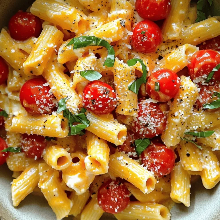 To make Creamy Ricotta and Tomato Pasta, you need fresh and simple ingredients. Here’s what you’ll need: - 12 oz (340g) pasta of your choice (e.g. spaghetti, fettuccine, penne) - 1 cup ricotta cheese - 1 cup cherry tomatoes, halved - 1 small onion, finely chopped - 3 cloves garlic, minced - 1/4 cup fresh basil, chopped (plus extra for garnish) - 1/4 cup grated Parmesan cheese (with extra for serving) - 2 tablespoons olive oil - Salt and freshly cracked black pepper to taste - Crushed red pepper flakes (optional) Each ingredient plays a role. The pasta gives the dish its base, while ricotta adds creaminess. Cherry tomatoes provide a sweet burst of flavor. Onions and garlic bring depth to the sauce. Fresh basil adds a bright touch, and Parmesan brings a savory finish. Olive oil helps everything cook smoothly. Feel free to explore substitutions if you need them. You can swap ricotta for other soft cheeses if desired. Check out the Full Recipe for detailed steps on how to combine these ingredients into a delightful meal. Start by boiling a big pot of salted water. Add your pasta and cook until al dente, following the package guide. Once done, save 1 cup of the pasta water. Drain the rest and set the pasta aside. In a large skillet, heat olive oil over medium heat. When the oil shimmers, toss in the chopped onions. Sauté them until soft, which takes around 3-4 minutes. Next, add minced garlic and stir for about a minute. Be careful not to let the garlic burn. Now, add the halved cherry tomatoes to the skillet. Season them with salt, black pepper, and crushed red pepper flakes if you like a bit of heat. Cook this mixture for about 5-7 minutes. Stir occasionally until the tomatoes soften and burst, releasing their sweet juices. Reduce the heat to low and add the ricotta cheese into the skillet. Stir gently to mix the ricotta with the tomatoes. If it looks too thick, gradually add some reserved pasta water until it’s creamy and smooth. Now, add the drained pasta directly to the skillet. Use tongs or a spatula to toss the pasta gently. Make sure every piece is coated in that creamy tomato sauce. Let it cook for another 2-3 minutes over low heat to warm through. Remove the skillet from the heat. Fold in the fresh basil and grated Parmesan cheese, mixing well. Taste and adjust with more salt or pepper if needed. For a delightful meal, serve the pasta in shallow bowls. Don’t forget to garnish with extra basil and a sprinkle of Parmesan cheese. Enjoy your dish! For the full recipe, check out the complete guide above. To know if pasta is cooked al dente, taste it. It should be tender but still firm. Look for a slight bite when you chew. This texture is perfect for our creamy ricotta and tomato pasta. When sautéing onions and garlic, keep a close eye on the heat. Start with medium heat for the oil. Wait until it shimmers, then add the onions. Stir them for about 3-4 minutes until soft. Add garlic next, and stir for just one minute. Garlic can burn quickly, so watch it closely. Herbs and spices can make a big difference. Fresh basil adds a bright taste that pairs well with tomatoes. You can also try adding oregano or thyme for more depth. A pinch of crushed red pepper flakes adds a nice kick. For the best olive oil, look for extra virgin. This type has a fruity flavor and a rich aroma. It enhances the taste of the dish. Drizzling it over the pasta just before serving elevates the meal. This creamy ricotta and tomato pasta pairs well with a simple side salad. A mix of greens with a light vinaigrette complements the dish well. Garlic bread is another great option to soak up the sauce. For a beautiful presentation, use shallow bowls. Dish the pasta neatly and sprinkle extra basil on top. Add freshly grated Parmesan cheese for a final touch. A drizzle of olive oil adds shine and flavor. Enjoy your delightful meal! {{image_4}} You can switch up the ricotta cheese in this recipe. If you prefer a lighter option, use cottage cheese. For a dairy-free choice, try silken tofu or cashew cream. Each alternative brings a unique flavor and texture. When it comes to pasta, many types work great here. Spaghetti, fettuccine, and penne are popular picks. You can also experiment with whole wheat or gluten-free pasta. Just keep cooking times in mind as they may vary. To make this dish heartier, consider adding protein. Grilled chicken adds a nice touch. Shrimp works well too; simply sauté it until it's pink. If you want a vegetarian option, chickpeas or lentils can boost the protein content. These options blend well with the creamy sauce. Use seasonal veggies to keep this dish fresh. In spring, add asparagus or peas for color and crunch. Summer is perfect for zucchini or bell peppers. In fall, try roasted butternut squash for a sweet twist. For special occasions, you can adapt this recipe easily. Add a splash of white wine for a fancy touch. Serve it on a festive plate or with a side salad for a complete meal. This recipe is flexible and can fit any season or event. To keep your creamy ricotta and tomato pasta fresh, follow these tips: - Refrigeration: Place leftover pasta in an airtight container. Make sure it cools down first. This keeps it safe and tasty for later. - Freezing: You can freeze this dish, but it’s best to skip the cheese. Store it in a freezer-safe container. Use within three months for the best flavor. When it’s time to reheat, you want to keep that creamy texture. Here are the best methods: - Stovetop: Warm the pasta in a skillet over low heat. Add a splash of water or olive oil to help it heat evenly. Stir often. - Microwave: Place the pasta in a microwave-safe bowl. Cover it with a damp paper towel. Heat in short bursts of 30 seconds. Stir between each burst to heat evenly. Knowing how long your dish lasts is key. - Refrigerator: This pasta stays good for about 3-5 days. Always check for freshness. - Signs of Spoilage: Look for changes in smell or color. If it looks or smells off, it is best to throw it away. For the full recipe, check out the Creamy Ricotta and Tomato Pasta recipe. Can I use different types of cheese? Yes, you can. While ricotta adds creaminess, you can try mascarpone or goat cheese. Each cheese brings unique flavors. Mixing cheeses can also create a richer taste. How can I make this recipe gluten-free? To make this dish gluten-free, use gluten-free pasta. Many types are available in stores now. You can find options made from rice, quinoa, or even lentils. Just cook them according to package instructions. How long does it take to prepare? This recipe takes about 10 minutes to prep. You’ll chop, measure, and get everything ready quickly. What is the total cooking time for this dish? The total cooking time is around 25 minutes. This includes boiling pasta and making the sauce. You’ll have a delightful meal ready in no time! What is the calorie count per serving? Each serving has about 450 calories. This can vary based on ingredients and portion sizes. Are there any significant allergens in this recipe? Yes, this recipe contains dairy and gluten. Ricotta and Parmesan cheese are dairy products. If you use regular pasta, it will contain gluten. Always check labels for allergens. For the full recipe, check out the details above! This blog post covered a simple yet delicious pasta dish made with ricotta and fresh tomatoes. You learned about the essential ingredients and step-by-step cooking instructions. Remember, feel free to add your favorite proteins or seasonal veggies to make it your own. Store leftovers properly for easy reheating. With a few tips, you can impress anyone with this meal. Enjoy creating and sharing this recipe that’s sure to please!