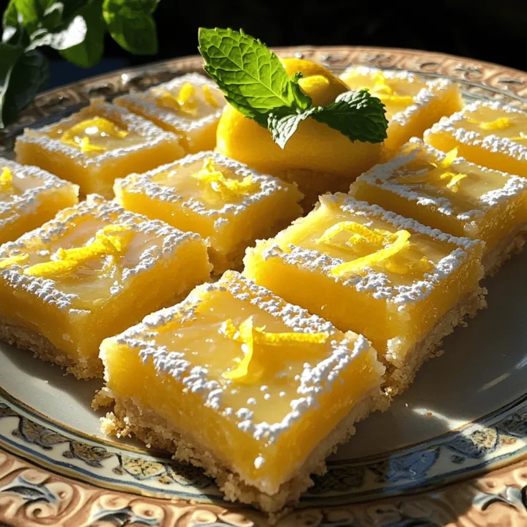 - 1 cup all-purpose flour - 1/4 cup confectioners’ sugar (plus extra for dusting) - 1/2 cup unsalted butter, softened - 2 large eggs - 1 cup granulated sugar - 1/4 cup fresh lemon juice (about 2 lemons) - Zest of 1 lemon - 1/2 teaspoon baking powder - 1/4 teaspoon salt To make easy lemon bars, you need a few simple items. Gather everything before you start. This helps keep your cooking time smooth. The all-purpose flour gives the bars their base. The butter makes them rich and soft. Use unsalted butter for the best taste. Confectioners’ sugar adds sweetness. It also helps with that lovely dusting on top. Lemons are the star here. Fresh lemon juice brings a bright taste. The zest adds a nice aroma too. Eggs help bind everything together. Granulated sugar sweetens the filling. Baking powder makes the filling light and fluffy. Lastly, salt balances the flavors. This list is all you need for zesty lemon dream bars. For full instructions, check out the full recipe. Start by preheating your oven to 350°F (175°C). This is key for even baking. Next, take an 8x8-inch baking dish. You can grease it with butter or use parchment paper. Parchment makes removing the bars easier later on. In a mixing bowl, combine 1 cup of all-purpose flour and 1/4 cup of confectioners’ sugar. Add 1/2 cup of softened unsalted butter. Mix these until the mixture looks crumbly. Press this crust firmly into the bottom of your prepared dish. Bake it for about 15-20 minutes. The edges should turn a light golden color. Once done, take it out and let it cool slightly. In a clean bowl, whisk together 2 large eggs and 1 cup of granulated sugar. Add 1/4 cup of fresh lemon juice and the zest of 1 lemon. Don’t forget 1/2 teaspoon of baking powder and 1/4 teaspoon of salt. Mix until smooth. This mixture brings a zesty flavor to your bars. Pour the lemon filling over your pre-baked crust. Return the dish to the oven and bake for another 20-25 minutes. The filling should set and the top should become slightly golden. Check for doneness by lightly shaking the dish. If it jiggles just a bit, it’s ready. Once baked, take the dish out of the oven. Allow it to cool completely on a wire rack. This step is important; it helps the bars set up well. After cooling, dust the top with extra confectioners’ sugar. Cut them into nice squares or rectangles. You can serve them on a pretty plate. For a fun touch, add a twist of lemon peel and a sprig of mint. Enjoy your tasty lemon bars! For the full recipe, refer back to the ingredients section. To get the best texture for your lemon bars, focus on the crust. Make it crumbly but firm. Don’t overmix the crust ingredients; mix just until combined. Press it down gently in the pan. This helps it stay together while baking. For the filling, whisk until smooth. This ensures no lumps. Bake until set, but don’t overbake. A little jiggle in the center means it’s perfect. If you are new to baking, start with these simple tips. Always measure your ingredients carefully. Use a kitchen scale for precision. Preheat the oven before baking. This helps the bars rise and brown evenly. Greasing the baking dish or using parchment paper makes removal easier. Lastly, allow your lemon bars to cool completely before cutting. This helps them hold their shape better. Presentation makes your lemon bars look special. After cooling, dust the top with confectioners’ sugar for a sweet look. Cut the bars into even squares or rectangles. Serve them on a colorful plate. Add a twist of lemon peel on top for color. A sprig of mint can add freshness. These little touches make your lemon bars even more appetizing, perfect for a gathering or just for you. For the full recipe, check out the steps above! {{image_2}} You can switch up the flavor of lemon bars by using other citrus fruits. Try lime, orange, or grapefruit. These fruits add a unique twist. The zest and juice will give a fresh taste. Just use the same amount as lemon. This way, you can keep the recipe simple and fun. White chocolate can add a sweet touch to your lemon bars. Melt some white chocolate and mix it into your lemon filling. It creates a creamy texture that pairs well with the tartness. You can also add shredded coconut for a chewy bite. Just fold in about half a cup before baking. This adds flavor and a fun texture. You can make these lemon bars gluten-free. Use almond flour or a gluten-free flour blend instead of regular flour. This keeps the bars light and delicious. For a vegan option, swap the eggs with flax eggs. Mix one tablespoon of flaxseed meal with three tablespoons of water for each egg. Let it sit until it thickens. These changes make the bars suitable for everyone. For the full recipe, check out Zesty Lemon Dream Bars. To keep your lemon bars fresh, place them in an airtight container. This helps prevent them from drying out. Store at room temperature for up to two days. If you want them to last longer, refrigerate them. They will stay fresh in the fridge for about a week. Make sure to separate layers with parchment paper to avoid sticking. Freezing is a great option for longer storage. First, cut the lemon bars into squares. Then, wrap each piece in plastic wrap tightly. Place the wrapped bars in a freezer-safe bag or container. They can last up to three months in the freezer. When you want to enjoy them, just thaw in the fridge overnight. When you're ready to eat your lemon bars, reheating is quick and easy. Place them in a microwave-safe dish. Heat them in short bursts of 10-15 seconds. Check often to avoid overheating. You want them warm but not hot. This keeps the texture nice and tasty. You can also enjoy them cold straight from the fridge. For the full recipe, check out the Zesty Lemon Dream Bars. These lemon bars are simple because they use just a few ingredients. You only need flour, sugar, butter, eggs, and fresh lemon juice. The steps are clear and short. Mix the crust, bake, and add the lemon filling. You do not need special tools or skills. This makes it perfect for beginners. Yes, you can swap some ingredients. If you don’t have butter, use coconut oil or margarine. You can use lemon zest from bottled juice if fresh lemons are not available. For a gluten-free option, try almond flour or gluten-free flour. Just be aware that it may change the taste slightly. Lemon bars can last up to a week in the fridge. Store them in an airtight container to keep them fresh. If you notice they start to lose flavor, it’s time to enjoy them. Always check for any signs of spoilage before eating. Absolutely! You can make lemon bars a day or two ahead. Let them cool completely and store them in the fridge. They taste great chilled and can cut easily. This makes them perfect for parties or gatherings. To cut lemon bars, use a sharp knife. Start by wiping the knife with a damp cloth between cuts. This helps keep the edges clean. Cut them into squares or rectangles based on your serving needs. For a neat look, dust with powdered sugar before serving. This post covered how to make easy lemon bars. We listed the key ingredients and gave step-by-step instructions. You learned tips for texture and serving, plus fun variations and storage ideas. In the end, you can enjoy delicious lemon bars anytime. With these methods, you can impress family and friends. Grab your ingredients and start baking!