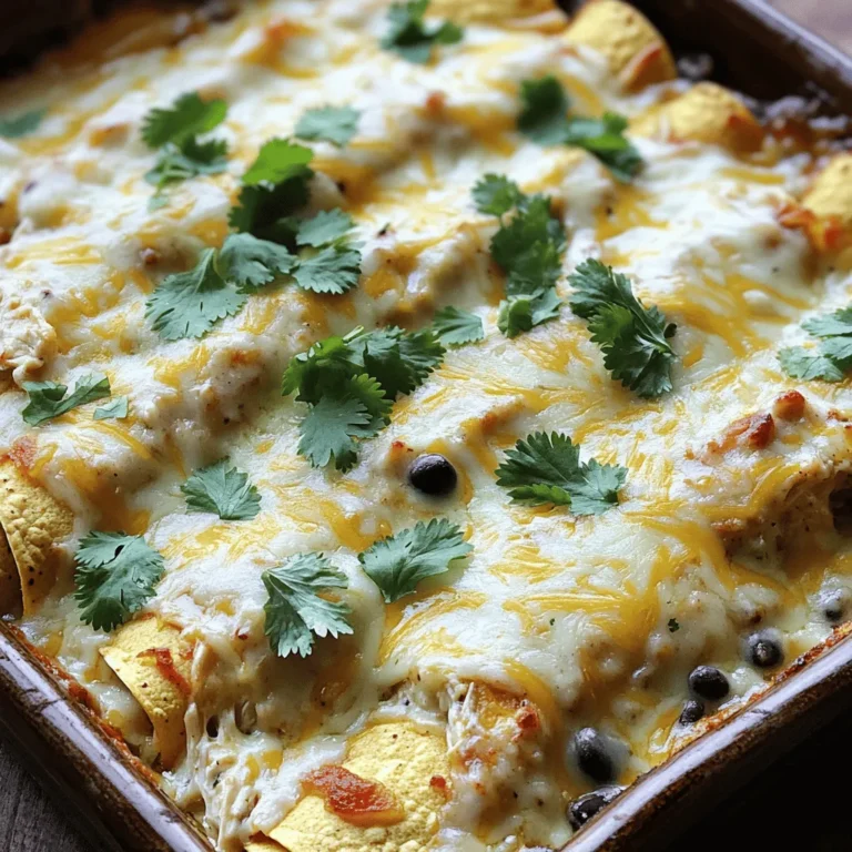 - 3 cups cooked chicken, shredded - 12 corn tortillas - 2 cups alfredo sauce - 2 cups shredded Mexican blend cheese - 1 cup black beans, rinsed and drained - 1 cup corn - 1 medium onion, diced - 2 cloves garlic, minced - 1 teaspoon ground cumin - 1 teaspoon chili powder - Fresh cilantro for garnish - Salt and pepper to taste I love using cooked chicken for this dish. It saves time and adds great flavor. You can use rotisserie chicken or any leftover chicken you have. The corn tortillas hold everything together, giving it that classic enchilada feel. Alfredo sauce is key here. You can buy it or make it at home. My favorite is a simple homemade version, but store-bought works just as well. The cheese brings all the flavors together. I use shredded Mexican blend cheese for its creaminess and taste. I add black beans and corn for extra texture and nutrition. They both pair well with the other flavors. The onion and garlic add a nice base. Ground cumin and chili powder give it that warm, cozy kick. - For shredded chicken, use beef, turkey, or even tofu for a vegetarian option. - If you want to make your own alfredo sauce, use butter, cream, and parmesan cheese. - You can switch the cheese. Try cheddar or pepper jack for a different flavor. These substitutions can change the taste while keeping the dish fun and delicious. Feel free to mix and match based on what you like! For the full recipe, check it out [here](#). First, preheat your oven to 350°F (175°C). This makes sure your casserole cooks evenly. Next, grab a large baking dish. Spread a thin layer of alfredo sauce on the bottom. This helps prevent sticking. Now, let’s sauté some garlic and onion. In a skillet, heat a tablespoon of oil over medium heat. Add the minced garlic and diced onion. Cook until the onion is clear, about 4-5 minutes. This step brings out great flavor. Next, add the shredded chicken, black beans, corn, cumin, chili powder, salt, and pepper. Mix well and cook for 3-4 minutes. This allows the flavors to blend nicely. Now, let’s dip the tortillas in alfredo sauce. Coat both sides lightly for the best flavor. Lay 6 tortillas flat in the baking dish. Overlap them slightly, if needed. Next, it's time to assemble the layers. Spread half of the chicken and bean mixture over the tortillas. Then, sprinkle half of the shredded cheese on top. Repeat this process with the remaining tortillas and chicken mixture. Finish by pouring the rest of the alfredo sauce and topping with the last of the cheese. To bake, cover the dish with aluminum foil, shiny side in. Bake for 25 minutes. This keeps moisture in. After that, remove the foil and bake for another 10-15 minutes. You want the cheese to be bubbly and golden brown. Let the casserole cool for 5 minutes before serving. Garnish with fresh cilantro for a tasty touch. For the full recipe, check out the complete details. You can make this casserole a day before. Just prepare each part and store them in the fridge. Keep the tortillas, chicken mixture, and sauce separate until you are ready to bake. This way, the flavors blend well. When ready, layer as directed in the Full Recipe. Bake it straight from the fridge for about 10 extra minutes. Taste is key. Adjust the seasoning to fit your preference. If you like it spicier, add more chili powder. For a creamier texture, stir in a bit more alfredo sauce. You can also mix in a splash of milk or cream for extra richness. This makes every bite so much better. Pair your casserole with simple side dishes like a fresh salad or rice. These balance the cheesy richness of the enchiladas. For garnish, sprinkle fresh cilantro on top. You could also add sliced green onions or diced tomatoes for color. This makes your dish look as good as it tastes! {{image_2}} You can switch up the protein in this dish. Instead of chicken, try beef or shrimp. Ground beef adds a nice flavor. Shrimp gives a light touch. Both options work well with the creamy sauce. For a vegetarian version, use black beans or lentils. They add protein and keep it satisfying. Boost the flavor by adding spices. Try a pinch of cayenne for heat. You can also mix in smoked paprika for a smoky taste. Adding vegetables makes it even better. Bell peppers, spinach, or zucchini all work great. They add color and nutrients to your meal. If you need a gluten-free meal, corn tortillas are your best choice. They hold up well and taste great. You can also find gluten-free alfredo sauce at the store. Check labels to ensure it meets your needs. This way, everyone can enjoy the casserole without worry. For the full recipe, be sure to check out the ingredients and instructions. To keep your Chicken and Cheese Enchiladas Alfredo Casserole fresh, use airtight containers. Glass or plastic containers with tight lids work best. This keeps the casserole from drying out and helps it stay tasty. In the fridge, the casserole lasts about three to four days. You can freeze the casserole before or after baking. If you freeze it before baking, wrap it tightly in plastic wrap and then again in foil. This helps prevent freezer burn. If you choose to freeze it after baking, wait for it to cool first. Then, store it in a freezer-safe container. When you are ready to eat, thaw the casserole overnight in the fridge. To reheat, place it in the oven at 350°F (175°C) until warm all the way through. You can also microwave it for a quicker option, but check often to avoid overcooking. Enjoy your delicious casserole, even days later! For the full recipe, check out the complete details. How to reheat Chicken and Cheese Enchiladas Alfredo Casserole? To reheat, preheat your oven to 350°F (175°C). Place the casserole in a baking dish and cover with foil. Bake for about 20 minutes or until hot. You can also use a microwave. Heat in short intervals, stirring in between, until warm. Can I make it ahead of time? Yes, you can prepare the casserole a day before. Assemble it and store it in the fridge. Just bake it when you’re ready to serve. This saves time and adds flavor as it sits. What can I serve with Chicken and Cheese Enchiladas Alfredo Casserole? I love serving this casserole with a fresh salad or some Mexican rice. You can also add guacamole, sour cream, or fresh salsa. These sides balance the richness and make the meal more delicious. What’s the best way to adjust the spice level? To change the spice level, you can add more or less chili powder. If you want it milder, skip the chili powder. For more heat, add diced jalapeños or a dash of hot sauce. How to tell when it's done baking? You’ll know it’s done when the cheese is bubbly and golden brown. The casserole should be hot all the way through. A knife inserted in the center should come out warm. Enjoy the full recipe to make this dish shine! This blog post covered a delicious Chicken and Cheese Enchiladas Alfredo Casserole. We discussed the key ingredients, including chicken, tortillas, and cheese. I offered tips on how to prepare, layer, and bake the dish for perfect results. Remember to try the variations to suit your taste. In summary, this dish is easy to make and full of flavor. It works well for gatherings or busy weeknights. Enjoy this tasty casserole and make it your own!