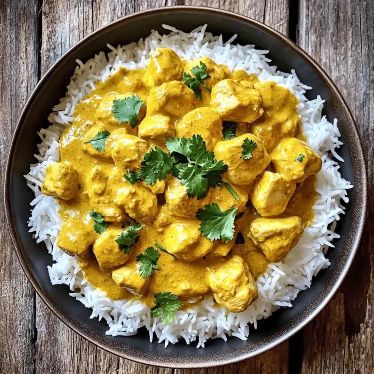 - 500g chicken breast, cubed - 1 large onion, finely chopped - 3 cloves garlic, minced - 1 inch ginger, grated - 2 tablespoons curry powder - 1 teaspoon turmeric powder - 1 teaspoon cumin powder - 400ml coconut milk - 1 tablespoon vegetable oil - Salt and pepper to taste To make my easy chicken curry, I focus on fresh and simple ingredients. Chicken breast is my main protein. The onions, garlic, and ginger create a rich base. The spices, like curry powder, turmeric, and cumin, bring warmth and depth. Coconut milk adds creaminess and a hint of sweetness, balancing the spices. - Fresh herbs like cilantro - Lime wedges for serving If you want to elevate your dish, add fresh herbs like cilantro. It gives a bright flavor and nice color. Lime wedges on the side add a zesty kick when served. They contrast well with the creamy curry. - Large skillet or pan - Measuring cups and spoons Having the right tools makes cooking easier. A large skillet or pan helps with even cooking. Use measuring cups and spoons for accuracy. Proper tools ensure your easy chicken curry turns out perfect every time. For the full recipe, check the section above. To start, I heat vegetable oil in a large skillet over medium heat. I add the finely chopped onion and sauté it for about five minutes. The onion should turn translucent. Next, I stir in the minced garlic and grated ginger. I cook this mixture for another one to two minutes until it smells great. Now comes the fun part: toasting the spices! I sprinkle curry powder, turmeric, and cumin into the pan. I stir well to coat the onions and toast the spices for about one minute. This step brings out their rich flavors. After preparing the base, I add the cubed chicken breast to the pan. I season it with salt and pepper for a balanced taste. It’s important to brown the chicken pieces thoroughly. I cook them for about five to seven minutes, ensuring they turn golden on all sides. Once the chicken is browned, I pour in the coconut milk. I bring the mixture to a gentle simmer and then reduce the heat to low. Covering the pan, I let it cook for 15 to 20 minutes. This allows the chicken to cook through and the sauce to thicken. Before serving, I taste the curry and adjust the seasoning if needed. A fresh garnish of chopped coriander adds a lovely touch. For the full recipe, check the details above. To make your chicken curry perfect, focus on the spice blend. Use fresh spices whenever you can. They add much more flavor than old ones. Toast the spices in the pan before adding other ingredients. This step releases their oils and boosts their taste. You can also adjust the spice levels to match your taste. If you prefer a milder curry, reduce the curry powder. For extra warmth, add a bit more cumin. Using fresh ingredients is key for a tasty curry. Fresh chicken, onions, garlic, and ginger make a big difference. Chop the onion finely to help it cook faster. Mince the garlic and grate the ginger for the best flavor. The coconut milk should be full-fat for a creamy texture. When you cook with quality items, your dish shines. Chicken curry pairs well with simple sides. Serve it over fluffy rice for a filling meal. You can also try naan or roti for a fun twist. These breads soak up the sauce nicely. Garnishing your dish can elevate its look. Sprinkle fresh coriander on top before serving. This adds color and a fresh taste. You might also squeeze some lime juice over the curry. The zest brightens the flavors and adds a nice touch. To manage your cooking time, prep before you cook. Chop all your ingredients first. This makes cooking smoother and faster. While the chicken simmers, clean up your workspace. This keeps your kitchen organized and less stressful. You can also start cooking rice or bread while the curry simmers. This multitasking saves time and lets you serve everything hot. For a quick meal, the full recipe of quick and creamy chicken curry takes just 35 minutes. With these tips, you’ll not only save time but also enjoy a delicious dinner! {{image_2}} You can easily make this chicken curry vegetarian or vegan. Simply replace the chicken with tofu or your favorite vegetables. Some great choices are bell peppers, carrots, and peas. For a delicious twist, use firm tofu. Cut it into cubes and sauté it until golden. This adds a nice texture. When using coconut milk, be sure to pick a full-fat version. It gives a rich flavor. If you want a lighter option, use light coconut milk but add a bit of vegetable broth for depth. You can also add extra spices to boost flavor. Try adding a dash of soy sauce for umami. You can create exciting versions of chicken curry by adding spices from different regions. For an Indian-inspired dish, add garam masala or fenugreek. These spices bring warmth and depth to the curry. If you prefer a Thai-style curry, add lemongrass and kaffir lime leaves. These ingredients bring a fresh and zesty flavor. Use fresh or dried lemongrass, and slice it finely. This will enhance the overall taste and give a unique twist. Adjusting the spice level is easy. To make the curry mild, use less curry powder and skip the hot peppers. For a medium heat, use a bit of chili powder or cayenne. If you like it hot, add fresh chili peppers, like jalapeños or serranos. You can also use hot sauce to kick it up a notch. Just start with a small amount and taste as you go. This way, you can control the heat to your liking. To keep your chicken curry fresh, first let it cool. Then, transfer the leftovers to airtight containers. This helps prevent moisture loss and keeps flavors intact. You can store it in the fridge for up to three days. For longer preservation, consider freezing. Divide the curry into portions, and freeze each in a separate container. It will last up to three months in the freezer. When you're ready to enjoy your chicken curry again, I recommend reheating it on the stove. This method warms the curry evenly. You can also use the microwave; just cover the bowl and heat it in short bursts. Stir in between to avoid hot spots. To maintain flavor and texture, add a splash of coconut milk or water if it seems thick. You can safely eat the leftovers within three days if stored in the fridge. If you freeze the curry, it should remain good for about three months. Always check for changes in smell or color. If you see any signs of spoilage, like a sour smell or odd texture, it’s best to toss it. To make easy chicken curry, follow these key steps: 1. Prepare your ingredients: Chop the onion, garlic, and ginger. 2. Heat oil: In a large pan, heat vegetable oil over medium heat. 3. Sauté onion: Add the chopped onion and cook until soft. 4. Add garlic and ginger: Stir in minced garlic and grated ginger for flavor. 5. Toast spices: Add curry powder, turmeric, and cumin. Stir to mix. 6. Cook chicken: Add cubed chicken, season, and brown on all sides. 7. Simmer with coconut milk: Pour in coconut milk, stir, and simmer until done. 8. Finish and serve: Taste, adjust seasoning, and garnish with coriander. These steps make it easy to create a rich and tasty chicken curry from scratch. Yes, you can use different meats. Here are some options: - Beef: Cut into small cubes, similar to chicken. - Lamb: Use tender pieces for a rich flavor. - Pork: Pork tenderloin works well in this curry. Each meat brings its unique taste. Adjust cooking times based on the meat you choose. The best side dishes for chicken curry include: - Cooked rice: Fluffy rice soaks up the sauce well. - Naan bread: Soft naan is perfect for dipping. - Raita: A yogurt sauce cools the spices. These sides complement the curry's rich flavors. Try mixing and matching to find your favorite! For the full recipe, check out the [Full Recipe]. In this article, we covered the key ingredients for chicken curry, including spices and optional items that boost flavor. You learned step-by-step instructions to cook, simmer, and serve your dish perfectly. We provided tips for enhancements, variations, and storage methods to keep your curry fresh. Cooking chicken curry is easy and fun. Experiment with flavors and share your creations. Enjoy your delicious meal!