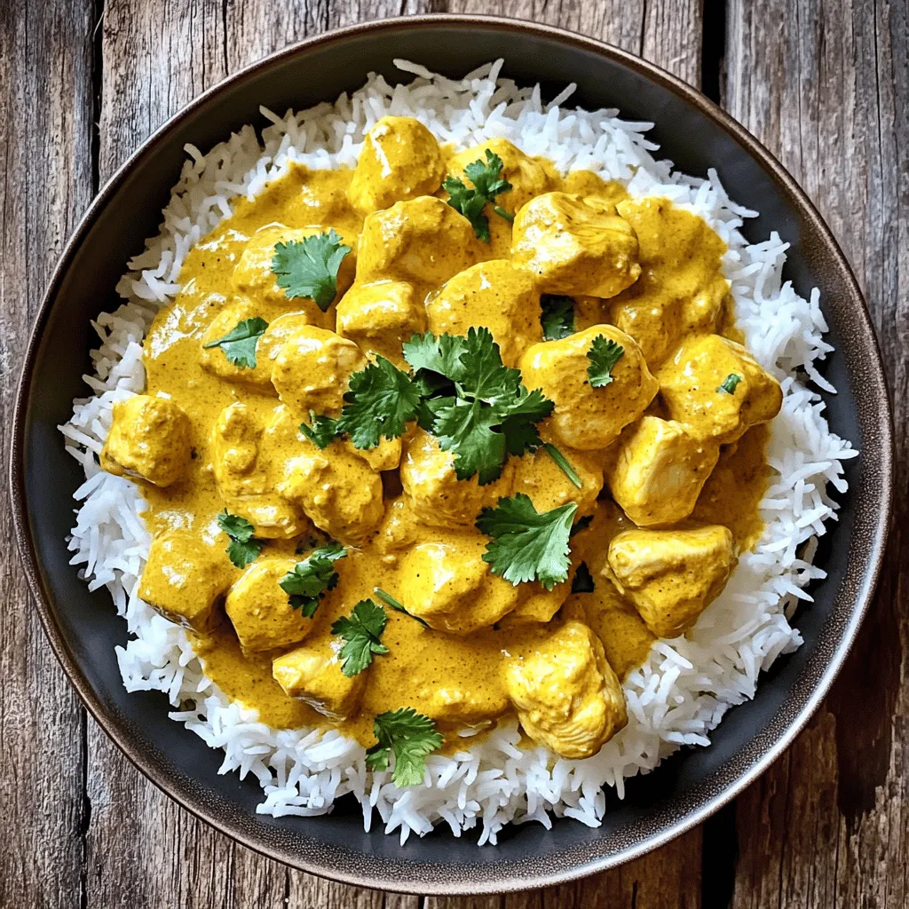 - 500g chicken breast, cubed - 1 large onion, finely chopped - 3 cloves garlic, minced - 1 inch ginger, grated - 2 tablespoons curry powder - 1 teaspoon turmeric powder - 1 teaspoon cumin powder - 400ml coconut milk - 1 tablespoon vegetable oil - Salt and pepper to taste To make my easy chicken curry, I focus on fresh and simple ingredients. Chicken breast is my main protein. The onions, garlic, and ginger create a rich base. The spices, like curry powder, turmeric, and cumin, bring warmth and depth. Coconut milk adds creaminess and a hint of sweetness, balancing the spices. - Fresh herbs like cilantro - Lime wedges for serving If you want to elevate your dish, add fresh herbs like cilantro. It gives a bright flavor and nice color. Lime wedges on the side add a zesty kick when served. They contrast well with the creamy curry. - Large skillet or pan - Measuring cups and spoons Having the right tools makes cooking easier. A large skillet or pan helps with even cooking. Use measuring cups and spoons for accuracy. Proper tools ensure your easy chicken curry turns out perfect every time. For the full recipe, check the section above. To start, I heat vegetable oil in a large skillet over medium heat. I add the finely chopped onion and sauté it for about five minutes. The onion should turn translucent. Next, I stir in the minced garlic and grated ginger. I cook this mixture for another one to two minutes until it smells great. Now comes the fun part: toasting the spices! I sprinkle curry powder, turmeric, and cumin into the pan. I stir well to coat the onions and toast the spices for about one minute. This step brings out their rich flavors. After preparing the base, I add the cubed chicken breast to the pan. I season it with salt and pepper for a balanced taste. It’s important to brown the chicken pieces thoroughly. I cook them for about five to seven minutes, ensuring they turn golden on all sides. Once the chicken is browned, I pour in the coconut milk. I bring the mixture to a gentle simmer and then reduce the heat to low. Covering the pan, I let it cook for 15 to 20 minutes. This allows the chicken to cook through and the sauce to thicken. Before serving, I taste the curry and adjust the seasoning if needed. A fresh garnish of chopped coriander adds a lovely touch. For the full recipe, check the details above. To make your chicken curry perfect, focus on the spice blend. Use fresh spices whenever you can. They add much more flavor than old ones. Toast the spices in the pan before adding other ingredients. This step releases their oils and boosts their taste. You can also adjust the spice levels to match your taste. If you prefer a milder curry, reduce the curry powder. For extra warmth, add a bit more cumin. Using fresh ingredients is key for a tasty curry. Fresh chicken, onions, garlic, and ginger make a big difference. Chop the onion finely to help it cook faster. Mince the garlic and grate the ginger for the best flavor. The coconut milk should be full-fat for a creamy texture. When you cook with quality items, your dish shines. Chicken curry pairs well with simple sides. Serve it over fluffy rice for a filling meal. You can also try naan or roti for a fun twist. These breads soak up the sauce nicely. Garnishing your dish can elevate its look. Sprinkle fresh coriander on top before serving. This adds color and a fresh taste. You might also squeeze some lime juice over the curry. The zest brightens the flavors and adds a nice touch. To manage your cooking time, prep before you cook. Chop all your ingredients first. This makes cooking smoother and faster. While the chicken simmers, clean up your workspace. This keeps your kitchen organized and less stressful. You can also start cooking rice or bread while the curry simmers. This multitasking saves time and lets you serve everything hot. For a quick meal, the full recipe of quick and creamy chicken curry takes just 35 minutes. With these tips, you’ll not only save time but also enjoy a delicious dinner! {{image_2}} You can easily make this chicken curry vegetarian or vegan. Simply replace the chicken with tofu or your favorite vegetables. Some great choices are bell peppers, carrots, and peas. For a delicious twist, use firm tofu. Cut it into cubes and sauté it until golden. This adds a nice texture. When using coconut milk, be sure to pick a full-fat version. It gives a rich flavor. If you want a lighter option, use light coconut milk but add a bit of vegetable broth for depth. You can also add extra spices to boost flavor. Try adding a dash of soy sauce for umami. You can create exciting versions of chicken curry by adding spices from different regions. For an Indian-inspired dish, add garam masala or fenugreek. These spices bring warmth and depth to the curry. If you prefer a Thai-style curry, add lemongrass and kaffir lime leaves. These ingredients bring a fresh and zesty flavor. Use fresh or dried lemongrass, and slice it finely. This will enhance the overall taste and give a unique twist. Adjusting the spice level is easy. To make the curry mild, use less curry powder and skip the hot peppers. For a medium heat, use a bit of chili powder or cayenne. If you like it hot, add fresh chili peppers, like jalapeños or serranos. You can also use hot sauce to kick it up a notch. Just start with a small amount and taste as you go. This way, you can control the heat to your liking. To keep your chicken curry fresh, first let it cool. Then, transfer the leftovers to airtight containers. This helps prevent moisture loss and keeps flavors intact. You can store it in the fridge for up to three days. For longer preservation, consider freezing. Divide the curry into portions, and freeze each in a separate container. It will last up to three months in the freezer. When you're ready to enjoy your chicken curry again, I recommend reheating it on the stove. This method warms the curry evenly. You can also use the microwave; just cover the bowl and heat it in short bursts. Stir in between to avoid hot spots. To maintain flavor and texture, add a splash of coconut milk or water if it seems thick. You can safely eat the leftovers within three days if stored in the fridge. If you freeze the curry, it should remain good for about three months. Always check for changes in smell or color. If you see any signs of spoilage, like a sour smell or odd texture, it’s best to toss it. To make easy chicken curry, follow these key steps: 1. Prepare your ingredients: Chop the onion, garlic, and ginger. 2. Heat oil: In a large pan, heat vegetable oil over medium heat. 3. Sauté onion: Add the chopped onion and cook until soft. 4. Add garlic and ginger: Stir in minced garlic and grated ginger for flavor. 5. Toast spices: Add curry powder, turmeric, and cumin. Stir to mix. 6. Cook chicken: Add cubed chicken, season, and brown on all sides. 7. Simmer with coconut milk: Pour in coconut milk, stir, and simmer until done. 8. Finish and serve: Taste, adjust seasoning, and garnish with coriander. These steps make it easy to create a rich and tasty chicken curry from scratch. Yes, you can use different meats. Here are some options: - Beef: Cut into small cubes, similar to chicken. - Lamb: Use tender pieces for a rich flavor. - Pork: Pork tenderloin works well in this curry. Each meat brings its unique taste. Adjust cooking times based on the meat you choose. The best side dishes for chicken curry include: - Cooked rice: Fluffy rice soaks up the sauce well. - Naan bread: Soft naan is perfect for dipping. - Raita: A yogurt sauce cools the spices. These sides complement the curry's rich flavors. Try mixing and matching to find your favorite! For the full recipe, check out the [Full Recipe]. In this article, we covered the key ingredients for chicken curry, including spices and optional items that boost flavor. You learned step-by-step instructions to cook, simmer, and serve your dish perfectly. We provided tips for enhancements, variations, and storage methods to keep your curry fresh. Cooking chicken curry is easy and fun. Experiment with flavors and share your creations. Enjoy your delicious meal!