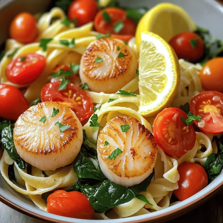 To make this dish, you need fresh seafood and pasta. Here are the main ingredients: - 8 oz (225g) linguine or spaghetti - 1 lb (450g) shrimp, peeled and deveined - 1 lb (450g) scallops, patted dry These ingredients give you the perfect base for a seafood pasta that tastes like a dream. Seasoning can make or break your dish. Here are the key seasonings and additions: - 3 tablespoons olive oil, divided - 3 cloves garlic, minced - 1 cup cherry tomatoes, halved - 1 teaspoon red pepper flakes (adjust to taste) - 1 lemon, zested and juiced - 1 cup fresh spinach, roughly chopped - Salt and pepper to taste - Fresh parsley, chopped, for garnish These flavors blend beautifully, making your pasta lively and bright. You can use different types of pasta for this dish. I recommend: - Linguine - Spaghetti Both options work well. They hold the sauce nicely and pair well with the seafood. For a twist, try fettuccine or penne. Each adds its own charm to the dish. For the complete recipe, check out the [Full Recipe]. Start by filling a large pot with water. Add a pinch of salt to the water. Bring the water to a rolling boil. Once boiling, add 8 ounces of linguine or spaghetti. Cook it according to the package instructions until it's al dente. Before you drain it, save 1 cup of the pasta water. Drain the pasta and set it aside, keeping it warm. Grab a large skillet and place it over medium heat. Pour in 2 tablespoons of olive oil. Wait until the oil shimmers, then add 1 pound of shrimp, peeled and deveined. Cook the shrimp for about 2-3 minutes on each side. They should turn pink and opaque. Once done, use a slotted spoon to transfer the shrimp to a plate and set them aside. In the same skillet, add 1 tablespoon of olive oil. Gently place 1 pound of dry scallops in a single layer. Avoid crowding the pan. Sear the scallops for about 2-3 minutes without moving them. This helps form a golden crust. Flip the scallops over and sear the other side for another 2 minutes. Once cooked, remove them from the skillet and set them aside with the shrimp. Now it’s time to make the sauce. In the leftover oil, add 3 cloves of minced garlic and 1 teaspoon of red pepper flakes. Sauté for about 30 seconds until you smell the garlic. Be careful not to burn it! Then, add 1 cup of halved cherry tomatoes. Cook for 3-4 minutes until they soften and release their juices. Turn down the heat and stir in the juice and zest from 1 lemon. Add the cooked pasta directly to the skillet. Toss everything gently to combine. Use the reserved pasta water a little at a time. This creates a light, silky sauce. Toss in 1 cup of roughly chopped fresh spinach. Cook for 1 more minute until the spinach wilts. Carefully fold in the sautéed shrimp and scallops. Make sure they are evenly mixed throughout the pasta. Season with salt and pepper to taste. If you want more heat, add extra red pepper flakes. Now, plate the pasta in shallow bowls. Make sure each bowl has equal portions of seafood. Garnish with freshly chopped parsley for a colorful finish. Cooking shrimp and scallops just right is key. Shrimp cooks fast. It takes about 2-3 minutes per side. When they turn pink, they are done. Scallops need a little more time. Sear them for about 2-3 minutes on each side. They should have a nice golden crust. Keep an eye on them. Overcooked seafood can become tough. To boost the taste, try adding lemon zest and juice. This gives a fresh flavor. You can also toss in some fresh herbs like basil or dill. A pinch of red pepper flakes adds a nice kick. If you love cheese, sprinkle some grated Parmesan on top before serving. It melts beautifully over the warm pasta. Make your dish look as good as it tastes. Serve the pasta in shallow bowls. This allows the seafood to shine. Top with fresh parsley for a pop of color. You can also add a lemon wedge on the side for a bright touch. A drizzle of olive oil right before serving makes it look fancy. With these tips, your shrimp and scallop pasta will impress everyone at the table. For the full recipe, check above. {{image_4}} You can boost the nutrition of your shrimp and scallop pasta by adding vegetables. Fresh vegetables add color and flavor. Try these options: - Zucchini: Cut it into thin ribbons or small cubes. Sauté it for a few minutes until tender. - Bell Peppers: Slice them into strips and add them with the garlic for a sweet crunch. - Asparagus: Chop into pieces and add it in the last few minutes of cooking. - Broccoli: Steam it briefly before tossing it into the pasta for a healthy addition. Adding vegetables not only makes your meal more balanced, but it also adds great texture and flavor! While shrimp and scallops are delicious, you can mix up the proteins in this dish. Here are some tasty alternatives: - Chicken: Use bite-sized pieces of cooked chicken for a heartier meal. - Mussels: Add these tasty shellfish for a unique twist and a rich flavor. - Crab: Lump crab meat offers a sweet taste that pairs well with the pasta. Feel free to experiment with different proteins. Each option brings its own flavor and charm to the dish. Changing the sauce can completely alter the dish. Here are some sauce ideas to consider: - Creamy Alfredo: Replace the olive oil with heavy cream for a rich, creamy texture. - Pesto: Toss in fresh basil pesto before serving for a vibrant and herby flavor. - Tomato Sauce: Use a light marinara sauce for a classic Italian touch. Each sauce option adds a new layer of taste to your pasta. Explore these variations to find your favorite! For the complete recipe, check out the Full Recipe. To keep your shrimp and scallop pasta fresh, first let it cool. Place the pasta in an airtight container. Make sure to separate the seafood if possible. It helps keep everything fresh. Store it in the fridge for up to three days. This way, you can enjoy it later without losing flavor. When you are ready to eat, reheat the pasta gently. Use a skillet over low heat. Add a splash of water or olive oil to keep it moist. Stir frequently to heat evenly. This method helps keep the shrimp and scallops tender. Avoid using a microwave, as it can make them rubbery. You can freeze shrimp and scallop pasta if you want to save it longer. Use a freezer-safe container or bag. Make sure to remove as much air as possible. It will keep for up to two months. When you are ready to eat, thaw it in the fridge overnight. Reheat it slowly to keep the flavors and textures intact. For the full recipe, check the details above. I recommend using linguine or spaghetti for this dish. Both types hold the sauce well. Their long strands capture all the flavors from the shrimp and scallops. You want a pasta that balances with the seafood. Yes, frozen shrimp and scallops work great here. Just thaw them beforehand. This makes sure they cook evenly. The flavor stays fresh and delicious, even with frozen seafood. To make the dish less spicy, reduce or skip the red pepper flakes. You could also add a bit more lemon juice for a fresh taste. This will balance the flavor without adding heat. I suggest a light salad or garlic bread. A fresh green salad adds a nice crunch. Garlic bread complements the dish and soaks up the sauce well. Both options enhance your dining experience without overpowering it. You can find the full recipe for Seaside Delight Shrimp and Scallop Pasta in the earlier sections of this article. It provides all the details you need to create this tasty meal. In this blog post, we explored how to make delicious shrimp and scallop pasta. We reviewed main ingredients, seasonings, and pasta types. I shared step-by-step instructions, cooking times, and tips for flavor and presentation. We also discussed variations like adding vegetables and different sauces. Lastly, I provided storage methods and answered common FAQs. Cooking this dish can be easy and fun. You can impress your family and friends with your new skills. Enjoy creating and tasting your pasta dish!