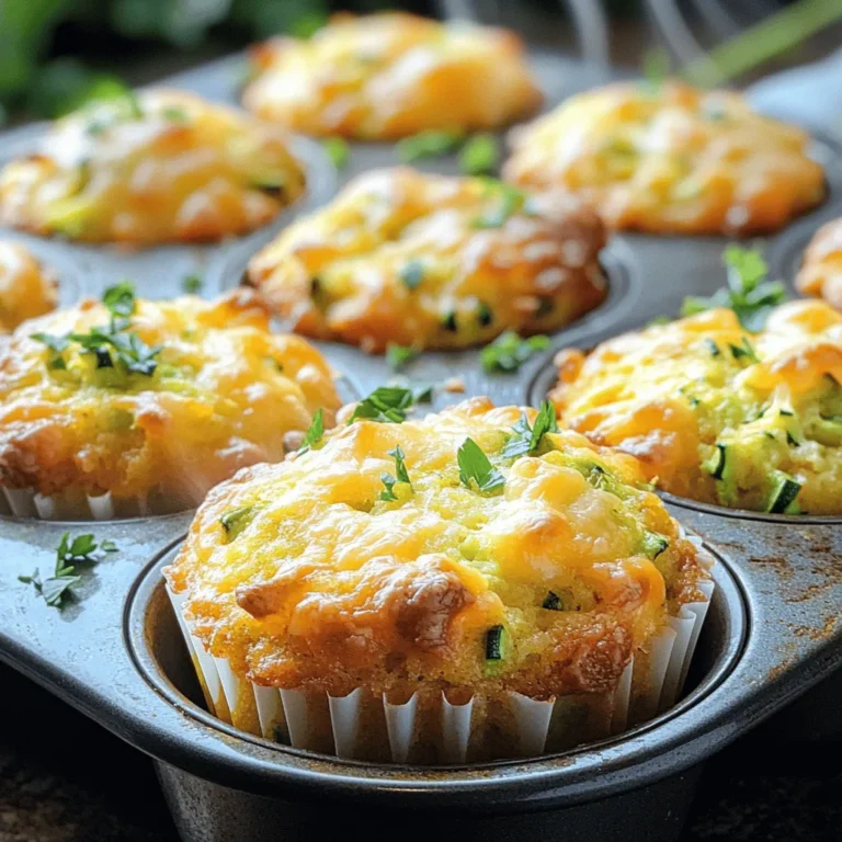 - 2 medium zucchinis, grated - 1 cup all-purpose flour - 1 teaspoon baking powder - 1/2 teaspoon baking soda - 1/2 teaspoon salt - 1 teaspoon garlic powder - 1/4 teaspoon black pepper - 1/2 cup shredded cheddar cheese - 1/4 cup grated Parmesan cheese - 2 large eggs - 1/4 cup milk - 1/4 cup olive oil - 1 tablespoon fresh parsley, chopped (optional) Gather these ingredients before you start. The zucchinis give the muffins moisture and a nice texture. Using fresh zucchini makes a big difference. Grating them is simple and fun. You will also need flour, baking powder, and baking soda for the right rise. Add salt, garlic powder, and black pepper for flavor. Cheddar and Parmesan cheese create a rich taste. Eggs bind everything together, while milk adds creaminess. Olive oil keeps the muffins moist. If you want a fresh touch, add parsley on top. You can find the full recipe to guide you through the steps to bake these tasty muffins. 1. Preheat your oven to 350°F (175°C). This helps the muffins bake evenly. 2. Line a muffin tin with paper liners or spray it with cooking spray. This keeps muffins from sticking. 3. Grate 2 medium zucchinis. Sprinkle them with a pinch of salt. 4. Let the zucchini sit for about 10 minutes. This helps it release moisture. 5. After 10 minutes, squeeze the zucchini in a clean cloth. Remove as much liquid as you can. 1. In a large bowl, mix the dry ingredients. Combine the flour, baking powder, baking soda, salt, garlic powder, and black pepper. 2. In another bowl, whisk together the wet ingredients. Beat 2 large eggs, then stir in 1/4 cup of milk and 1/4 cup of olive oil. 3. Add 1/2 cup of shredded cheddar and 1/4 cup of grated Parmesan to the wet mixture. Mix well. 4. Fold the drained zucchini into the wet mixture. Make sure it’s evenly mixed. 1. Gradually add the dry mixture to the wet mixture. Stir gently until just combined. Avoid over-mixing for fluffy muffins. 2. Spoon the batter into the prepared muffin tin, filling each cup about 2/3 full. 3. Bake in the preheated oven for 20-25 minutes. Check for doneness by inserting a toothpick; it should come out clean. 4. Once baked, remove the muffins from the oven. Let them cool in the pan for about 5 minutes. 5. Transfer the muffins to a wire rack to cool completely. Optionally, garnish with fresh parsley for a nice touch. For a full recipe, refer to the details above. To make your cheesy zucchini muffins fluffy, avoid over-mixing the batter. When you mix too much, the muffins can turn out dense. Mix just until you see no dry flour. This keeps the muffins light and airy. Squeezing the zucchini is very important. After grating the zucchini, sprinkle a pinch of salt on it. Let it sit for about 10 minutes. This step helps draw out extra moisture. Then, use a clean cloth to squeeze out any remaining liquid. If you skip this step, your muffins may end up soggy. These muffins are great served warm. They taste even better with a dollop of sour cream or your favorite dip. For a fun touch, sprinkle some extra cheese on top right before serving. Presentation matters! A little fresh parsley adds nice color and freshness. You can also place the muffins on a nice plate to show them off. One common mistake is not measuring ingredients correctly. Make sure to use standard measuring cups and spoons. This helps keep your muffins consistent every time you bake. Another mistake is skipping the resting time for the zucchini. This step is key to getting rid of moisture. If you don’t rest the zucchini, it can make your muffins too wet. Following these tips will help you bake the best cheesy zucchini muffins! For the complete recipe, check out the Full Recipe. {{image_2}} You can make this recipe work for your needs. If you want gluten-free muffins, swap all-purpose flour for a gluten-free blend. Many blends work well in baking. Ensure it has a good mix of ingredients for best results. For cheese options, feel free to experiment! Swap cheddar for mozzarella or feta. Each type will change the taste and texture. Use your favorite cheese to make these muffins your own. Adding fresh herbs can elevate the taste. Try mixing in basil or thyme for a fresh twist. These herbs pair well with zucchini and cheese. You can also add optional ingredients for extra flavor. Chopped olives or sun-dried tomatoes add a savory kick. Get creative and mix in what you love. Consider the size of the muffins. Mini muffins are great for snacks or parties. They bake faster and are fun to eat. Regular-sized muffins are perfect for breakfast or brunch. If you want to make muffin tops, simply fill the muffin tin less. This way, the tops rise beautifully. Watch them closely to avoid over-baking. Enjoy a fun twist on a classic! For the full recipe, check out the earlier sections. Store your cheesy zucchini muffins in an airtight container. You can keep them at room temperature for about two days. If you want them fresh longer, refrigerate them. They will stay good in the fridge for up to a week. Make sure to let them cool completely before storing. To freeze muffins, wrap each one in plastic wrap. Place them in a freezer bag or container. They can last up to three months in the freezer. When you’re ready to eat, remove the wrap and place them on a plate. You can reheat muffins in two ways. The oven keeps them soft. Preheat the oven to 350°F (175°C) and warm them for about 10-15 minutes. The microwave is quicker. Heat them for about 30 seconds. Check to see if they are warm enough, then enjoy! Yes, you can use frozen zucchini. Frozen zucchini is handy when fresh zucchini is not available. However, it does have some downsides. Frozen zucchini often has more water, so you need to squeeze out the extra moisture. This step is key to keep your muffins from getting too soggy. On the plus side, frozen zucchini is ready to use and can save prep time. If your muffins turn out dry, don’t worry! You can fix this. One way is to add more moisture. Try adding an extra egg or a splash of milk. You can also mix in some applesauce or yogurt for extra softness. Another tip is to avoid over-baking them. Always check for doneness a few minutes early to keep them moist and fluffy. You can tell muffins are done in a few ways. Look for a golden brown top and firm edges. The muffins should spring back when lightly touched. For the toothpick test, insert a toothpick into the center. If it comes out clean or with a few crumbs, your muffins are ready. This simple test helps ensure they are perfectly baked. In this post, we explored a tasty zucchini muffin recipe. We listed all the ingredients and shared simple steps for making them. I offered tips for texture, serving suggestions, and common mistakes to avoid. You learned about variations and how to store your muffins. These muffins are easy to make and great for any meal. With a few tweaks, you can create your own version. Enjoy your baking adventure!