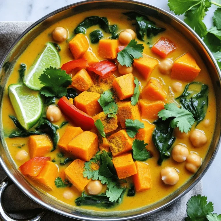 For this dish, you will need the following items: - 2 medium sweet potatoes, peeled and diced - 1 can (400ml) coconut milk - 1 tablespoon coconut oil - 1 medium onion, finely chopped - 3 cloves garlic, minced - 1-inch ginger, grated - 1 red bell pepper, diced - 2 cups spinach, roughly chopped - 1 tablespoon curry powder - 1 teaspoon ground cumin - 1/2 teaspoon turmeric - 1 can (400g) chickpeas, drained and rinsed - Salt and pepper to taste - Fresh cilantro for garnish - Lime wedges for serving Sweet potatoes are packed with good nutrition. They are high in fiber, which helps digestion. They also have many vitamins, like vitamin A, which is great for your eyes. Sweet potatoes are a good source of antioxidants. These help protect your body from harm. Plus, they have a natural sweetness that adds flavor to your curry. Using fresh ingredients makes a big difference in your dish. Fresh veggies taste better and have more nutrients. They also improve the color and look of your curry. When you use fresh herbs like cilantro, it adds a nice aroma. Always try to shop local or choose seasonal produce. This way, you get the best flavors in your meals. First, gather all your ingredients. This makes cooking smooth and fun. You need: - 2 medium sweet potatoes, peeled and diced - 1 can (400ml) coconut milk - 1 tablespoon coconut oil - 1 medium onion, finely chopped - 3 cloves garlic, minced - 1-inch ginger, grated - 1 red bell pepper, diced - 2 cups spinach, roughly chopped - 1 tablespoon curry powder - 1 teaspoon ground cumin - 1/2 teaspoon turmeric - 1 can (400g) chickpeas, drained and rinsed - Salt and pepper to taste - Fresh cilantro for garnish - Lime wedges for serving Now, peel and chop the sweet potatoes. Chop the onion and bell pepper too. Mince the garlic and grate the ginger. This step sets you up for success. Heat the coconut oil in a large pot over medium heat. Add the chopped onion and sauté for about 5 minutes. Wait until the onion turns translucent. Stir in the minced garlic and grated ginger. Cook for 1-2 minutes until it smells great. Next, add the sweet potatoes and red bell pepper. Stir to mix everything well. Add the curry powder, ground cumin, and turmeric. This adds lots of flavor! Pour in the coconut milk and bring it to a gentle simmer. Then, reduce the heat to low and cover the pot. Let it cook for 15-20 minutes. Check that the sweet potatoes are tender. Finally, stir in the chickpeas and chopped spinach. Cook for another 5 minutes until the spinach wilts. Season with salt and pepper to taste. To get the right texture, avoid cooking on high heat. Low and slow is the way to go! If you want a thicker curry, let it simmer longer. You can also mash some sweet potatoes for creaminess. If it’s too thick, add a splash of water or more coconut milk. Stir until it reaches your desired consistency. This dish should be creamy, not runny. A perfect balance makes it delicious. For the full recipe, check the detailed instructions. Enjoy creating this simple and tasty vegan dish! To make your vegan sweet potato curry even better, try these tips: - Use fresh spices. They smell and taste stronger. - Toast spices in oil before adding other ingredients. This brings out their flavors. - Add a squeeze of lime juice at the end. It brightens the dish. - Garnish with fresh cilantro. This adds color and freshness. - Consider adding a touch of maple syrup. It gives a sweet balance to the spices. Avoid these common errors for a perfect curry: - Don’t skip the onion. It builds a solid base of flavor. - Avoid overcooking the sweet potatoes. They should be tender but not mushy. - Don’t forget to taste as you cook. Adjust salt and spices to your liking. - Be careful with water. Too much can make the curry thin. - Don’t leave out the chickpeas. They add protein and texture. Having the right tools can make cooking easier: - Use a large pot for even cooking. A Dutch oven works well. - A sharp knife helps with quick and safe chopping. - A cutting board made of wood or plastic is best for prep. - A wooden spoon is great for stirring without scratching your pot. - Use measuring spoons for accurate spice amounts. By following these tips, your vegan sweet potato curry will shine with flavor and texture. For the complete cooking guide, check out the Full Recipe. {{image_2}} You can change the veggies in your curry. Try adding carrots, peas, or zucchini. These vegetables add color and texture. They also bring their own flavors. You can mix and match based on what you like. Just keep the cooking time in mind. Some veggies cook faster than sweet potatoes. Want more heat? Add fresh chili peppers or red pepper flakes. For a milder dish, skip the heat or use sweet paprika. You can also control spice by adding more coconut milk. This helps cool down the flavors. Taste as you go to find the right balance for you. Chickpeas are great, but you have options. Try adding lentils or tofu for protein. These choices make your curry filling. You can also use tempeh for a nutty flavor. If you want a different texture, use seitan. Each protein source brings its own taste to the dish. Choose what you prefer for a fun twist. For the complete recipe, check out the Full Recipe. To keep your leftover vegan sweet potato curry fresh, let it cool first. Then, transfer it into an airtight container. You can store it in the fridge for up to four days. This helps keep the flavors intact and the dish safe to eat. If you use a glass container, it can also help you see the food inside. If you want to keep your curry longer, freezing is a great option. Pour the cooled curry into a freezer-safe container or a zip-top bag. Make sure to remove as much air as possible. The curry can last in the freezer for up to three months. When you are ready to eat it, thaw it in the fridge overnight. Then, heat it in a saucepan over low heat, stirring often. You may need to add a splash of water or coconut milk to get the right consistency. Meal prep can save you time and make healthy eating easy. To prep this curry, cook a big batch on the weekend. Divide it into portions and store them in the fridge or freezer. You can easily grab a portion for lunch or dinner during the week. This dish is perfect for meal prep because it tastes even better the next day. You can also mix in fresh veggies or grains before serving to keep it exciting. For the full recipe, check the earlier section! You can serve this curry with many sides. Rice is a great choice. I love using jasmine or basmati rice. It soaks up the curry’s sauce well. You could also serve it with quinoa for a nutty flavor. Naan bread works too; it’s perfect for dipping! Add a fresh salad for crunch. A cucumber salad pairs nicely. You can also serve it with lime wedges for extra zest. Yes, you can substitute coconut milk. Almond milk or soy milk works well. These options will change the flavor a bit. If you want a creamy texture, use cashew cream. Just blend soaked cashews with water until smooth. This option adds richness without coconut. You could also use vegetable broth for a lighter curry. Absolutely! This curry is naturally gluten-free. All the ingredients are safe for those with gluten issues. Sweet potatoes, chickpeas, and spices do not contain gluten. Just ensure your spices are gluten-free. Most are, but check labels to be safe. This makes it a fantastic dish for everyone. For a full recipe, check out the detailed instructions I provided earlier. It covers everything from prep to cooking. You’ll find all the steps you need to make this delicious vegan sweet potato curry! Vegan sweet potato curry is a fun, tasty dish. It uses fresh ingredients for better health. We explored the ingredients, preparation, and cooking steps. Tips help you avoid mistakes and enhance flavor. You can customize it with different veggies or spices. Store leftovers properly for later meals. Make sure to check the FAQs for quick answers. Enjoy this recipe, and happy cooking! You’ll love how easy and delicious it is.