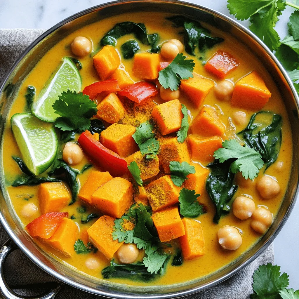 For this dish, you will need the following items: - 2 medium sweet potatoes, peeled and diced - 1 can (400ml) coconut milk - 1 tablespoon coconut oil - 1 medium onion, finely chopped - 3 cloves garlic, minced - 1-inch ginger, grated - 1 red bell pepper, diced - 2 cups spinach, roughly chopped - 1 tablespoon curry powder - 1 teaspoon ground cumin - 1/2 teaspoon turmeric - 1 can (400g) chickpeas, drained and rinsed - Salt and pepper to taste - Fresh cilantro for garnish - Lime wedges for serving Sweet potatoes are packed with good nutrition. They are high in fiber, which helps digestion. They also have many vitamins, like vitamin A, which is great for your eyes. Sweet potatoes are a good source of antioxidants. These help protect your body from harm. Plus, they have a natural sweetness that adds flavor to your curry. Using fresh ingredients makes a big difference in your dish. Fresh veggies taste better and have more nutrients. They also improve the color and look of your curry. When you use fresh herbs like cilantro, it adds a nice aroma. Always try to shop local or choose seasonal produce. This way, you get the best flavors in your meals. First, gather all your ingredients. This makes cooking smooth and fun. You need: - 2 medium sweet potatoes, peeled and diced - 1 can (400ml) coconut milk - 1 tablespoon coconut oil - 1 medium onion, finely chopped - 3 cloves garlic, minced - 1-inch ginger, grated - 1 red bell pepper, diced - 2 cups spinach, roughly chopped - 1 tablespoon curry powder - 1 teaspoon ground cumin - 1/2 teaspoon turmeric - 1 can (400g) chickpeas, drained and rinsed - Salt and pepper to taste - Fresh cilantro for garnish - Lime wedges for serving Now, peel and chop the sweet potatoes. Chop the onion and bell pepper too. Mince the garlic and grate the ginger. This step sets you up for success. Heat the coconut oil in a large pot over medium heat. Add the chopped onion and sauté for about 5 minutes. Wait until the onion turns translucent. Stir in the minced garlic and grated ginger. Cook for 1-2 minutes until it smells great. Next, add the sweet potatoes and red bell pepper. Stir to mix everything well. Add the curry powder, ground cumin, and turmeric. This adds lots of flavor! Pour in the coconut milk and bring it to a gentle simmer. Then, reduce the heat to low and cover the pot. Let it cook for 15-20 minutes. Check that the sweet potatoes are tender. Finally, stir in the chickpeas and chopped spinach. Cook for another 5 minutes until the spinach wilts. Season with salt and pepper to taste. To get the right texture, avoid cooking on high heat. Low and slow is the way to go! If you want a thicker curry, let it simmer longer. You can also mash some sweet potatoes for creaminess. If it’s too thick, add a splash of water or more coconut milk. Stir until it reaches your desired consistency. This dish should be creamy, not runny. A perfect balance makes it delicious. For the full recipe, check the detailed instructions. Enjoy creating this simple and tasty vegan dish! To make your vegan sweet potato curry even better, try these tips: - Use fresh spices. They smell and taste stronger. - Toast spices in oil before adding other ingredients. This brings out their flavors. - Add a squeeze of lime juice at the end. It brightens the dish. - Garnish with fresh cilantro. This adds color and freshness. - Consider adding a touch of maple syrup. It gives a sweet balance to the spices. Avoid these common errors for a perfect curry: - Don’t skip the onion. It builds a solid base of flavor. - Avoid overcooking the sweet potatoes. They should be tender but not mushy. - Don’t forget to taste as you cook. Adjust salt and spices to your liking. - Be careful with water. Too much can make the curry thin. - Don’t leave out the chickpeas. They add protein and texture. Having the right tools can make cooking easier: - Use a large pot for even cooking. A Dutch oven works well. - A sharp knife helps with quick and safe chopping. - A cutting board made of wood or plastic is best for prep. - A wooden spoon is great for stirring without scratching your pot. - Use measuring spoons for accurate spice amounts. By following these tips, your vegan sweet potato curry will shine with flavor and texture. For the complete cooking guide, check out the Full Recipe. {{image_2}} You can change the veggies in your curry. Try adding carrots, peas, or zucchini. These vegetables add color and texture. They also bring their own flavors. You can mix and match based on what you like. Just keep the cooking time in mind. Some veggies cook faster than sweet potatoes. Want more heat? Add fresh chili peppers or red pepper flakes. For a milder dish, skip the heat or use sweet paprika. You can also control spice by adding more coconut milk. This helps cool down the flavors. Taste as you go to find the right balance for you. Chickpeas are great, but you have options. Try adding lentils or tofu for protein. These choices make your curry filling. You can also use tempeh for a nutty flavor. If you want a different texture, use seitan. Each protein source brings its own taste to the dish. Choose what you prefer for a fun twist. For the complete recipe, check out the Full Recipe. To keep your leftover vegan sweet potato curry fresh, let it cool first. Then, transfer it into an airtight container. You can store it in the fridge for up to four days. This helps keep the flavors intact and the dish safe to eat. If you use a glass container, it can also help you see the food inside. If you want to keep your curry longer, freezing is a great option. Pour the cooled curry into a freezer-safe container or a zip-top bag. Make sure to remove as much air as possible. The curry can last in the freezer for up to three months. When you are ready to eat it, thaw it in the fridge overnight. Then, heat it in a saucepan over low heat, stirring often. You may need to add a splash of water or coconut milk to get the right consistency. Meal prep can save you time and make healthy eating easy. To prep this curry, cook a big batch on the weekend. Divide it into portions and store them in the fridge or freezer. You can easily grab a portion for lunch or dinner during the week. This dish is perfect for meal prep because it tastes even better the next day. You can also mix in fresh veggies or grains before serving to keep it exciting. For the full recipe, check the earlier section! You can serve this curry with many sides. Rice is a great choice. I love using jasmine or basmati rice. It soaks up the curry’s sauce well. You could also serve it with quinoa for a nutty flavor. Naan bread works too; it’s perfect for dipping! Add a fresh salad for crunch. A cucumber salad pairs nicely. You can also serve it with lime wedges for extra zest. Yes, you can substitute coconut milk. Almond milk or soy milk works well. These options will change the flavor a bit. If you want a creamy texture, use cashew cream. Just blend soaked cashews with water until smooth. This option adds richness without coconut. You could also use vegetable broth for a lighter curry. Absolutely! This curry is naturally gluten-free. All the ingredients are safe for those with gluten issues. Sweet potatoes, chickpeas, and spices do not contain gluten. Just ensure your spices are gluten-free. Most are, but check labels to be safe. This makes it a fantastic dish for everyone. For a full recipe, check out the detailed instructions I provided earlier. It covers everything from prep to cooking. You’ll find all the steps you need to make this delicious vegan sweet potato curry! Vegan sweet potato curry is a fun, tasty dish. It uses fresh ingredients for better health. We explored the ingredients, preparation, and cooking steps. Tips help you avoid mistakes and enhance flavor. You can customize it with different veggies or spices. Store leftovers properly for later meals. Make sure to check the FAQs for quick answers. Enjoy this recipe, and happy cooking! You’ll love how easy and delicious it is.