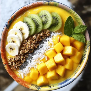 - 2 ripe mangoes, diced - 1 banana, sliced - 1 cup coconut milk (or almond milk) - 1/2 cup Greek yogurt (optional for creaminess) I love using fresh, ripe mangoes in this smoothie bowl. They add a sweet, tropical flavor. Bananas bring creaminess and a smooth texture. Coconut milk makes it rich and adds a hint of tropical taste. If you want it extra creamy, Greek yogurt is a great choice. - 1 tablespoon honey or maple syrup - 1/2 teaspoon vanilla extract To sweeten the bowl, I often use honey or maple syrup. Adjust the amount based on your taste. A touch of vanilla extract adds warmth and depth. - Sliced kiwi - Granola, shredded coconut - Chia seeds and fresh mint leaves For toppings, I like to use sliced kiwi for a tangy kick. Granola gives a nice crunch, while shredded coconut adds tropical flair. Chia seeds are great for a health boost. Finally, fresh mint leaves add a pop of color and flavor. You can explore the full recipe to learn how to make this delicious Tropical Mango Smoothie Bowl. First, gather your ingredients. In a blender, combine: - 2 ripe mangoes, diced - 1 banana, sliced - 1 cup coconut milk (or almond milk) - 1/2 cup Greek yogurt (optional for creaminess) - 1 tablespoon honey or maple syrup - 1/2 teaspoon vanilla extract Blend these ingredients on high until smooth. You want it creamy without lumps. If it feels too thick, add a bit more coconut milk. This will help you get the right consistency. For the best texture, blend for a full minute. Stop the blender and scrape down the sides if needed. Taste the smoothie. If you want it sweeter, add more honey or syrup. Blend again until mixed. Pour the smoothie mix into bowls. Use chilled bowls for a refreshing touch. Now for the fun part: arranging toppings! Start with sliced kiwi, then add granola, shredded coconut, and chia seeds. Finish with fresh mint leaves on top. This makes your bowl look beautiful and inviting. Enjoy your Tropical Mango Smoothie Bowl! For detailed steps, check the Full Recipe. To make your smoothie bowl just right, focus on the texture. If your smoothie is too thick, add more coconut milk. Start with a small amount and blend again. If it’s too thin, add more mango or banana. These fruits help thicken the mix. You can also use frozen fruit to make it thicker without adding ice. For liquids, coconut milk works great. Almond milk is a good choice too. Both add nice flavors. You can even try oat milk if you want something new. Each option changes the taste a little, so feel free to experiment! Using chilled bowls makes a big difference. It keeps your smoothie cold and fresh. When you serve it, a colorful bowl grabs attention. You can use bowls in bright colors to make your dish pop! Arrange your toppings in fun patterns. Try a circle of kiwi slices around the edge, then sprinkle granola in the middle. This not only looks great but also makes eating more fun. Serve with a small spoon to enjoy every bite! Want to make your smoothie bowl even better? Add some protein or fiber. You can mix in a scoop of protein powder or some nut butter. These add creaminess and keep you feeling full longer. Superfoods like chia seeds or flaxseeds boost nutrition too. They add healthy fats and fiber. You can sprinkle them on top or mix them in. With these small changes, your smoothie bowl becomes a powerhouse of nutrients. For the full recipe, check out the Tropical Mango Smoothie Bowl section. {{image_2}} You can mix in other tropical fruits. Try adding pineapple, papaya, or passion fruit. These fruits boost flavor and nutrition. You can also add berries for a sweet twist. Want to add greens? Spinach or kale blends well. They add nutrients without changing the taste much. To make it dairy-free, use coconut milk or almond milk. Skip the Greek yogurt if you want a lighter option. For a vegan version, use maple syrup instead of honey. Top with seeds and nuts for added crunch. This makes the bowl filling and tasty. You can change the recipe based on the season. In summer, use fresh berries or stone fruits. In fall, try adding apples or pears. Each season brings new flavors. Incorporate seasonal fruits to keep it fresh and exciting. This keeps the smoothie bowl fun and nutritious. Enjoy the Tropical Mango Smoothie Bowl as a refreshing treat all year long. For the complete recipe, check out the Full Recipe. To keep your tropical mango smoothie bowl fresh, store any leftovers in the fridge. Use an airtight container to avoid exposure to air. The smoothie bowl will stay fresh for about one to two days. After that, the flavors may start to fade, and the texture may change. If you want to save some smoothie bowl for later, freezing is great! Pour the smoothie into freezer-safe containers. Leave some space at the top for expansion as it freezes. To defrost, place the container in the fridge overnight. You can also use the microwave on low heat for quicker results. Watch for spoilage signs to keep your smoothie bowl tasty. Look for changes in color, texture, or smell. If it starts to smell sour or looks discolored, it’s best to toss it. To keep flavors fresh, only add toppings just before eating. This prevents sogginess and keeps each bite crunchy and delightful. You can use almond milk, oat milk, or soy milk instead. Each has a unique taste. Almond milk is nutty and light. Oat milk has a creamy texture. Soy milk is rich and smooth. All options work well if you want a dairy-free choice. Yes, you can prep this smoothie bowl in advance! Blend your fruits and liquids, then store in the fridge. Keep the toppings separate until you’re ready to serve. This keeps them fresh and crunchy. For best taste, eat within 24 hours. Mangoes are full of vitamins A and C. They help boost your immune system. The Greek yogurt gives you protein and calcium. It also aids digestion. Adding toppings like chia seeds or nuts adds fiber and healthy fats too! Enjoy this bowl as a tasty, healthy treat. You can find the full recipe above. In this article, I shared how to create a delicious tropical mango smoothie bowl. From selecting ripe mangoes and bananas to blending the perfect mix, these steps ensure a tasty treat. You can customize it with different fruits or toppings to fit your taste. Remember, presentation matters! Use chilled bowls and fresh garnishes to impress. With the right storage methods, you can keep leftovers fresh. Enjoy making this vibrant dish, packed with flavor and nutrition. You'll love how easy it is to make and adapt. An excellent choice for breakfast or a snack!