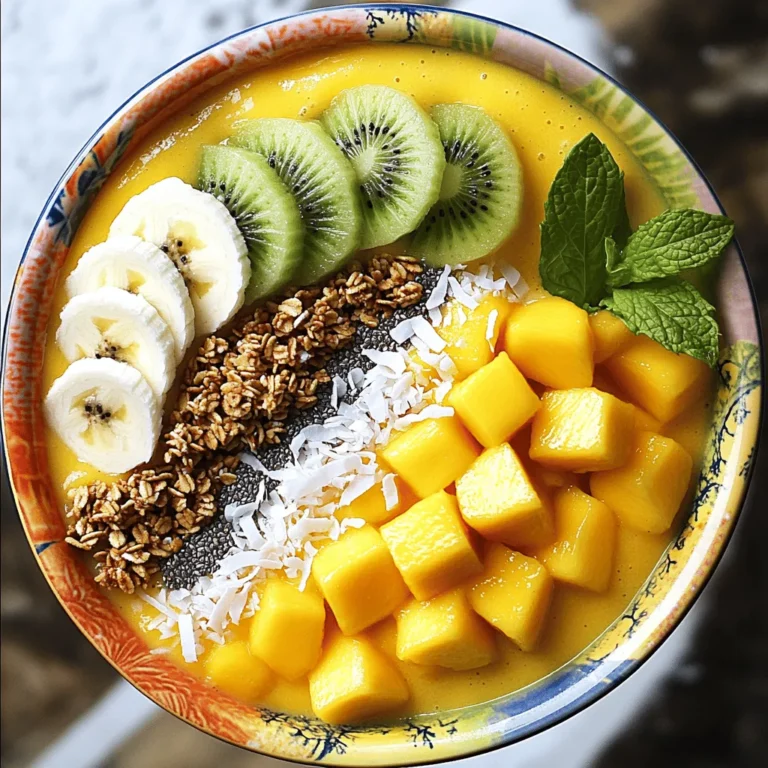 - 2 ripe mangoes, diced - 1 banana, sliced - 1 cup coconut milk (or almond milk) - 1/2 cup Greek yogurt (optional for creaminess) I love using fresh, ripe mangoes in this smoothie bowl. They add a sweet, tropical flavor. Bananas bring creaminess and a smooth texture. Coconut milk makes it rich and adds a hint of tropical taste. If you want it extra creamy, Greek yogurt is a great choice. - 1 tablespoon honey or maple syrup - 1/2 teaspoon vanilla extract To sweeten the bowl, I often use honey or maple syrup. Adjust the amount based on your taste. A touch of vanilla extract adds warmth and depth. - Sliced kiwi - Granola, shredded coconut - Chia seeds and fresh mint leaves For toppings, I like to use sliced kiwi for a tangy kick. Granola gives a nice crunch, while shredded coconut adds tropical flair. Chia seeds are great for a health boost. Finally, fresh mint leaves add a pop of color and flavor. You can explore the full recipe to learn how to make this delicious Tropical Mango Smoothie Bowl. First, gather your ingredients. In a blender, combine: - 2 ripe mangoes, diced - 1 banana, sliced - 1 cup coconut milk (or almond milk) - 1/2 cup Greek yogurt (optional for creaminess) - 1 tablespoon honey or maple syrup - 1/2 teaspoon vanilla extract Blend these ingredients on high until smooth. You want it creamy without lumps. If it feels too thick, add a bit more coconut milk. This will help you get the right consistency. For the best texture, blend for a full minute. Stop the blender and scrape down the sides if needed. Taste the smoothie. If you want it sweeter, add more honey or syrup. Blend again until mixed. Pour the smoothie mix into bowls. Use chilled bowls for a refreshing touch. Now for the fun part: arranging toppings! Start with sliced kiwi, then add granola, shredded coconut, and chia seeds. Finish with fresh mint leaves on top. This makes your bowl look beautiful and inviting. Enjoy your Tropical Mango Smoothie Bowl! For detailed steps, check the Full Recipe. To make your smoothie bowl just right, focus on the texture. If your smoothie is too thick, add more coconut milk. Start with a small amount and blend again. If it’s too thin, add more mango or banana. These fruits help thicken the mix. You can also use frozen fruit to make it thicker without adding ice. For liquids, coconut milk works great. Almond milk is a good choice too. Both add nice flavors. You can even try oat milk if you want something new. Each option changes the taste a little, so feel free to experiment! Using chilled bowls makes a big difference. It keeps your smoothie cold and fresh. When you serve it, a colorful bowl grabs attention. You can use bowls in bright colors to make your dish pop! Arrange your toppings in fun patterns. Try a circle of kiwi slices around the edge, then sprinkle granola in the middle. This not only looks great but also makes eating more fun. Serve with a small spoon to enjoy every bite! Want to make your smoothie bowl even better? Add some protein or fiber. You can mix in a scoop of protein powder or some nut butter. These add creaminess and keep you feeling full longer. Superfoods like chia seeds or flaxseeds boost nutrition too. They add healthy fats and fiber. You can sprinkle them on top or mix them in. With these small changes, your smoothie bowl becomes a powerhouse of nutrients. For the full recipe, check out the Tropical Mango Smoothie Bowl section. {{image_2}} You can mix in other tropical fruits. Try adding pineapple, papaya, or passion fruit. These fruits boost flavor and nutrition. You can also add berries for a sweet twist. Want to add greens? Spinach or kale blends well. They add nutrients without changing the taste much. To make it dairy-free, use coconut milk or almond milk. Skip the Greek yogurt if you want a lighter option. For a vegan version, use maple syrup instead of honey. Top with seeds and nuts for added crunch. This makes the bowl filling and tasty. You can change the recipe based on the season. In summer, use fresh berries or stone fruits. In fall, try adding apples or pears. Each season brings new flavors. Incorporate seasonal fruits to keep it fresh and exciting. This keeps the smoothie bowl fun and nutritious. Enjoy the Tropical Mango Smoothie Bowl as a refreshing treat all year long. For the complete recipe, check out the Full Recipe. To keep your tropical mango smoothie bowl fresh, store any leftovers in the fridge. Use an airtight container to avoid exposure to air. The smoothie bowl will stay fresh for about one to two days. After that, the flavors may start to fade, and the texture may change. If you want to save some smoothie bowl for later, freezing is great! Pour the smoothie into freezer-safe containers. Leave some space at the top for expansion as it freezes. To defrost, place the container in the fridge overnight. You can also use the microwave on low heat for quicker results. Watch for spoilage signs to keep your smoothie bowl tasty. Look for changes in color, texture, or smell. If it starts to smell sour or looks discolored, it’s best to toss it. To keep flavors fresh, only add toppings just before eating. This prevents sogginess and keeps each bite crunchy and delightful. You can use almond milk, oat milk, or soy milk instead. Each has a unique taste. Almond milk is nutty and light. Oat milk has a creamy texture. Soy milk is rich and smooth. All options work well if you want a dairy-free choice. Yes, you can prep this smoothie bowl in advance! Blend your fruits and liquids, then store in the fridge. Keep the toppings separate until you’re ready to serve. This keeps them fresh and crunchy. For best taste, eat within 24 hours. Mangoes are full of vitamins A and C. They help boost your immune system. The Greek yogurt gives you protein and calcium. It also aids digestion. Adding toppings like chia seeds or nuts adds fiber and healthy fats too! Enjoy this bowl as a tasty, healthy treat. You can find the full recipe above. In this article, I shared how to create a delicious tropical mango smoothie bowl. From selecting ripe mangoes and bananas to blending the perfect mix, these steps ensure a tasty treat. You can customize it with different fruits or toppings to fit your taste. Remember, presentation matters! Use chilled bowls and fresh garnishes to impress. With the right storage methods, you can keep leftovers fresh. Enjoy making this vibrant dish, packed with flavor and nutrition. You'll love how easy it is to make and adapt. An excellent choice for breakfast or a snack!