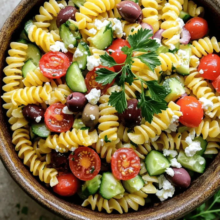 To make this salad, you will need some simple, fresh items. Here’s what you need: - 8 oz (about 225g) fusilli pasta - 1 cup cherry tomatoes, halved - 1 cucumber, diced - 1/2 red onion, finely chopped - 1/2 cup Kalamata olives, pitted and halved - 1/2 cup feta cheese, crumbled - 1/4 cup fresh parsley, chopped - 3 tablespoons olive oil - 2 tablespoons lemon juice - 1 teaspoon dried oregano - Salt and pepper to taste These ingredients work well together. The pasta gives a nice base. The veggies add crunch and color. Feta cheese brings creaminess, while olives add a salty kick. You can mix in some extras to make your salad unique. Here are a few ideas: - Bell peppers for more crunch - Artichoke hearts for a tangy flavor - Fresh basil for a fragrant touch - Red wine vinegar for extra zing Feel free to adjust the salad to fit your taste. This makes it fun and special for you. The best pasta for this dish is fusilli. Its shape holds the dressing well. Other good choices include: - Penne - Farfalle (bow-tie pasta) - Orzo (for a smaller bite) Choose a pasta that you like best. Just remember to cook it until it is al dente. This will keep it firm and tasty in your salad. For the full recipe, check out the details provided earlier. Start by boiling salted water in a large pot. Once it’s bubbling, add 8 ounces of fusilli pasta. Cook it according to the package directions. Aim for al dente, which means it should be firm to the bite. This usually takes about 8 to 10 minutes. When it's done, drain the pasta in a colander. Rinse it under cold water to stop the cooking. This keeps the pasta from getting mushy. Set it aside while you prepare the other ingredients. While the pasta cooks, chop your veggies. You’ll need 1 cup of halved cherry tomatoes and 1 diced cucumber. Slice 1/2 red onion finely. Also, pit and halve 1/2 cup of Kalamata olives. Crumble 1/2 cup of feta cheese. In a large mixing bowl, combine all these ingredients. The colors and textures will make your salad pop. Add 1/4 cup of chopped fresh parsley for a bright touch. In a small bowl, whisk together 3 tablespoons of olive oil, 2 tablespoons of lemon juice, and 1 teaspoon of dried oregano. Season with salt and pepper to taste. This dressing brings all the flavors together. Pour it over the pasta salad mix. Gently toss everything until coated. Let the salad sit for 15 to 20 minutes. This gives the flavors time to meld. For the Full Recipe, refer to the earlier section. To make a great pasta salad, cook the pasta just right. Use a large pot with plenty of salted water. Bring the water to a boil before adding the pasta. Stir it well to keep it from sticking. Cook until it is al dente, which means it should have a slight bite. This usually takes about 8 to 10 minutes, depending on the pasta. Once cooked, drain the pasta in a colander. Rinse it under cold water to stop the cooking process and cool it down. This step is key for a fresh salad. If you have leftovers, store them properly. Place the pasta salad in an airtight container. This helps keep it fresh longer. You can keep it in the fridge for about 3 days. Before serving, give it a quick stir. If it looks dry, add a splash of olive oil or lemon juice to bring back some moisture. This way, your salad will taste just as good as when you first made it. Want to boost the flavor? Add fresh herbs! I love using parsley, basil, or even mint. These herbs add freshness and brightness to your salad. You can also try adding some crushed red pepper for a little heat. A dash of garlic powder can also enhance the taste without overpowering the dish. Mix and match these flavors to find your favorite combo. For the full recipe, check out the Mediterranean Bliss Pasta Salad. {{image_2}} You can easily make this salad vegetarian. Start by skipping the meats and using fresh veggies. Add more bell peppers, artichokes, or spinach for a burst of color and taste. You can also toss in roasted zucchini or eggplant. These veggies bring extra flavor and texture. The salad stays bright and fresh, perfect for any meal. If you want to add protein, chicken, tuna, or chickpeas work well. Grilled chicken adds a smoky flavor. Use canned tuna for quick protein that mixes well. Chickpeas are a great plant-based option. They add fiber and keep the salad hearty. Just mix your choice in with the other ingredients. This keeps the dish filling and satisfying. For a gluten-free version, use gluten-free pasta. There are many types available, like brown rice or quinoa pasta. These options cook nicely and taste great. Just follow the cooking instructions on the package for the best results. The salad will still hold all the wonderful flavors. Enjoy your healthy twist without losing any taste! Check out the Full Recipe for more details on making this Easy Greek Pasta Salad. To keep your Easy Greek Pasta Salad fresh, store it in an airtight container. Make sure the lid seals tightly. This keeps out air and moisture. If you add dressing, it may make the pasta soggy. To avoid this, you can store the dressing separately. When ready to eat, mix it in. The salad stays good for about 3 to 5 days in the fridge. Freezing Easy Greek Pasta Salad is not the best choice. The pasta can become mushy when thawed. If you still want to freeze it, leave out the feta and dressing. Store the salad in a freezer-safe bag. Use it within 1 to 2 months for best taste. When you are ready to eat, thaw it in the fridge overnight. If your salad needs a little boost, here’s what to do. First, take it out of the fridge. Let it sit at room temperature for 15 minutes. This helps the flavors come back. If it seems dry, add a splash of olive oil or lemon juice. Toss everything well before serving. You can also add fresh herbs for a bright touch. Enjoy your Easy Greek Pasta Salad just like before! You can keep Easy Greek Pasta Salad in the fridge for 3 to 5 days. Store it in an airtight container. This helps keep it fresh and tasty. If you see any signs of spoilage, throw it away. Yes, you can make this salad ahead of time. It tastes even better after sitting for a few hours. I recommend making it the day before. This way, the flavors blend well. Just remember to store it in the fridge. You can serve Easy Greek Pasta Salad as a main dish or a side. It pairs well with grilled chicken or seafood. Try it alongside pita bread and hummus for a full meal. You can also add a sprinkle of extra feta on top for a nice touch. Absolutely! To make it vegan, skip the feta cheese. You can replace it with vegan cheese or simply leave it out. Use more veggies like bell peppers or avocados to add creaminess. The salad will still be full of flavor. The Full Recipe for Easy Greek Pasta Salad includes: - 8 oz fusilli pasta - 1 cup cherry tomatoes, halved - 1 cucumber, diced - 1/2 red onion, finely chopped - 1/2 cup Kalamata olives, pitted and halved - 1/2 cup feta cheese, crumbled - 1/4 cup fresh parsley, chopped - 3 tablespoons olive oil - 2 tablespoons lemon juice - 1 teaspoon dried oregano - Salt and pepper to taste This combination creates a tasty and colorful dish. You’ve learned how to make an easy Greek pasta salad with fresh ingredients. We discussed key steps from cooking pasta to mixing dressing. You also discovered ways to store leftovers and enhance flavor. Remember, you can customize with proteins or gluten-free pasta. This dish is simple and perfect for many meals. Enjoy its fresh taste whenever you whip it up, knowing you can adjust it to fit your needs. Creative cooking keeps meals exciting and fun.