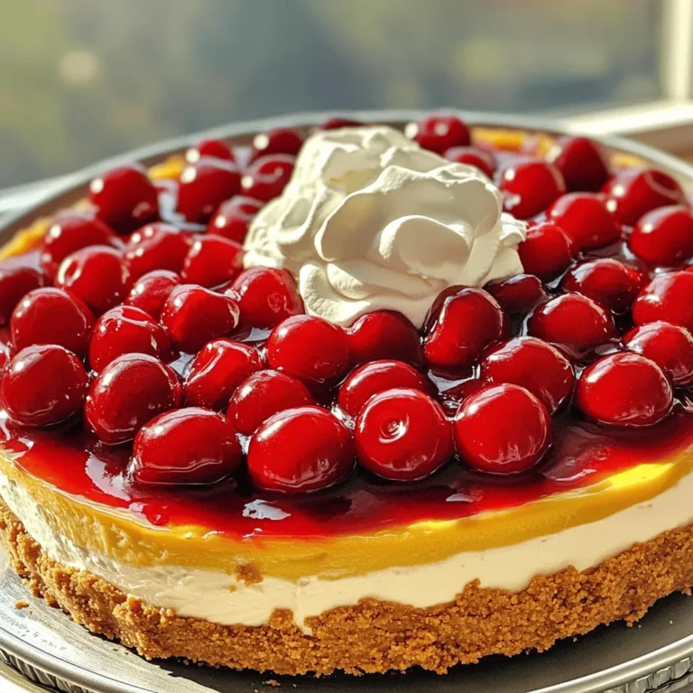 - 1 ½ cups graham cracker crumbs - ½ cup unsalted butter, melted - 1 cup sugar, divided - 1 teaspoon ground cinnamon - 3 packages (8 oz each) cream cheese, softened - 1 teaspoon vanilla extract - 3 large eggs, at room temperature - 2 cups cherry pie filling (store-bought or homemade) - ½ cup all-purpose flour - 1 tablespoon cornstarch - 1 teaspoon fresh lemon juice - Whipped cream for topping (optional) When I make Cherry Cobbler Cheesecake, I love gathering my ingredients first. It makes the whole process smoother and more fun. The graham cracker crumbs form a tasty base. The melted butter helps hold it all together. You can use either store-bought or homemade cherry pie filling, depending on your mood. I find that using room temperature cream cheese makes a big difference. It blends easier and gives a smooth texture. For a touch of warmth, the ground cinnamon adds depth to the flavor. A squeeze of fresh lemon juice brightens everything up. Don't forget the whipped cream! It’s a nice touch on top. You can serve it plain or with more cherry filling. This dessert not only tastes great but looks stunning too. Each slice reveals beautiful layers of cream cheese and cherries. - 9-inch springform pan - Electric mixer - Mixing bowls - Measuring cups and spoons Having the right tools makes cooking much easier. A 9-inch springform pan is perfect for this cheesecake. It helps with easy removal after baking. An electric mixer is great for achieving that creamy consistency with the cream cheese. I always keep my measuring cups and spoons handy. Accurate measurements are key to getting the perfect cheesecake every time. With everything set, you're ready to create this divine dessert delight! 1. Preheat Oven: Start by preheating your oven to 325°F (160°C). This step is key to ensure even baking. 2. Make and Bake the Crust: Combine 1 ½ cups of graham cracker crumbs, ½ cup of melted unsalted butter, ½ cup of sugar, and 1 teaspoon of ground cinnamon in a bowl. Mix it well until the crumbs are moist. Press this mixture firmly into the bottom of a 9-inch springform pan. Bake for 10 minutes, then set it aside to cool. 3. Beat the Cream Cheese: In a large bowl, use an electric mixer to beat 3 packages of softened cream cheese until smooth. This creates a fluffy base for your cheesecake. 4. Incorporate Sugar and Eggs: Gradually mix in the remaining ½ cup of sugar. Add 1 teaspoon of vanilla extract, then add 3 large eggs one at a time. Mix well after each addition. This ensures a creamy mixture. 5. Layering Half of the Batter and Cherry Filling: Pour half of the cheesecake batter over the cooled crust. Spread it evenly with a spatula. Spoon half of the 2 cups of cherry pie filling over this layer. 6. Repeat with Remaining Ingredients: Pour the rest of the cheesecake batter on top. Then, add the remaining cherry filling to complete the layering. 7. Bake Cheesecake: Place the filled springform pan in the oven. Bake for 50-60 minutes until the center is set but has a slight jiggle. This jiggle is important for a creamy texture. 8. Cooling in the Oven: After baking, turn off the oven. Crack the oven door open slightly, allowing steam to escape. Let the cheesecake cool in the oven for 1 hour. This step helps prevent cracks. 9. Refrigerate for At Least 4 Hours: Once cooled, transfer the cheesecake to the refrigerator. Chill for at least 4 hours, or overnight for the best taste and texture. 10. Presentation Tips and Optional Toppings: When you are ready to serve, add a dollop of whipped cream on top. You can also drizzle more cherry filling for a vibrant look. Serve slices on chilled plates and sprinkle with extra graham cracker crumbs for a nice touch. For the complete steps and measurements, refer to the Full Recipe above. - Overmixing the Batter: Mixing too much can make your cheesecake dense. Mix until just combined. This keeps it light and fluffy. - Not Cooling Properly: Cooling is key. If you skip the cooling step, your cheesecake may crack. Let it cool in the oven with the door ajar for an hour. This gentle cooling helps keep it smooth. - Make Ahead Tips: You can make this cheesecake a day ahead. This lets the flavors meld and improves the taste. Chill it overnight for best results. - Using Room Temperature Ingredients: Always use room temperature cheese and eggs. This helps them blend better. It ensures a smooth and creamy batter. - Importance of Cooling and Chilling: After baking, cooling is vital. Chill for at least four hours, or overnight. This step sets the cheesecake and enhances its texture. - Baking Techniques: Bake at a low temperature. This helps prevent cracks. Check for doneness when the center has a slight jiggle. This means it’s creamy but not overbaked. These tips will help you create the perfect cherry cobbler cheesecake. For more details, check out the Full Recipe. {{image_4}} You can change the fruit filling to fit your taste. Blueberries, strawberries, or peaches work great. Each fruit brings a unique flavor. Blueberries add a sweet and tart taste. Strawberries give a fresh, fruity vibe. Peaches offer a nice, juicy sweetness. Just swap the cherry pie filling for your chosen fruit. Keep the same amount so the recipe stays balanced. If you need a gluten-free option, you can make a simple swap. Use almond flour or gluten-free graham crackers for the crust. This keeps the texture nice and crunchy. Just mix the gluten-free crumbs with melted butter, sugar, and cinnamon. Press it into the pan, and you are ready to bake. To make your cheesecake even better, add some flavor boosts. A little lemon zest brightens the taste. It adds a fresh, zesty kick that pairs well with the sweetness. You can also try almond extract. Just a dash will give a warm, nutty flavor. These small tweaks can take your cheesecake to a whole new level. For the full recipe, check the main article. Refrigeration Guidelines After your cheesecake cools, cover it well. Use plastic wrap or foil. Place it in the fridge. This keeps it fresh for up to five days. Always store it in an airtight container if possible. Freezing Instructions If you want to keep it longer, freeze the cheesecake. Wrap it tightly in plastic wrap. Then, wrap it in foil for extra protection. Frozen cheesecake lasts about three months. To thaw, place it in the fridge overnight before serving. Best Practices for Freshness For the best taste and texture, enjoy your cheesecake within a week. Always check for signs of spoilage. If it smells off or has mold, toss it out. Storing it properly helps maintain its rich flavor. How to Reheat without Losing Quality To reheat cheesecake, use an oven or microwave. Preheat your oven to 300°F (150°C). Place slices on a baking sheet. Heat for about 10 minutes. This warms it without ruining the texture. If using a microwave, heat for 10-15 seconds at a time. Enjoy your cheesecake warm and delicious! To stop cheesecake from cracking, start with room temperature cream cheese. It mixes better and stays smooth. Avoid overmixing once you add eggs. Overmixing adds air, which causes cracks. Bake at a low temperature and place a pan of water in the oven. The steam helps keep moisture in. Yes, you can make cherry cobbler cheesecake a day ahead. In fact, chilling it overnight helps the flavors blend. It also firms up the texture, making it easier to slice. Just cover it well with plastic wrap in the fridge. If you need a cream cheese substitute, try mascarpone or ricotta cheese. Both give a creamy texture, though the flavor will change a bit. You can also use Greek yogurt for a lighter option. To check if the cheesecake is done, look for a slight jiggle in the center. It should not look liquid, but it can still wobble a bit. The edges should be set, while the middle remains soft. Once it cools, it will firm up. Yes, you can use fresh cherries. Just pit and chop them. Mix them with sugar and a bit of lemon juice to create a sauce. This will add a fresh taste to your cheesecake. Each slice of cherry cobbler cheesecake has about 350 calories. This can vary based on the specific ingredients used. For the full recipe, check the details provided. In this post, we covered how to make cherry cobbler cheesecake from start to finish. You learned about the ingredients, equipment, and step-by-step instructions. This dessert combines rich cream cheese with sweet cherry filling and a tasty crust. Remember to avoid overmixing and let it cool properly for the best result. Enjoy experimenting with different flavors and toppings. This cheesecake is ideal for any occasion, and I hope it brings joy to your table. Happy baking!
