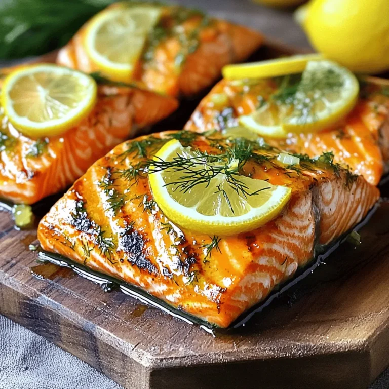 To make Lemon Dill Grilled Salmon, you need a few simple yet fresh ingredients. Here’s the list: - Fresh Salmon Fillets - Fresh Dill - Lemon - Garlic - Olive Oil - Honey - Seasoning: Salt and Pepper - Lemon Slices for Garnish Each ingredient plays a key role in creating the bright and delicious taste of this dish. Fresh salmon fillets give you a rich flavor and perfect texture. The fresh dill adds a fragrant herb note that pairs well with the fish. Lemon provides the zesty brightness that cuts through the richness of the salmon. Garlic gives depth, while olive oil adds a smooth finish. Honey balances the flavors with just a hint of sweetness. Finally, salt and pepper enhance everything, and lemon slices make for a lovely garnish. You can find the full recipe with detailed steps to prepare this dish easily. Enjoy the process of cooking and savor the delightful taste! - In a mixing bowl, combine the chopped dill, lemon zest, lemon juice, minced garlic, olive oil, honey, salt, and pepper. - Whisk the ingredients together until well blended to create a marinade. This step is key. The mix of flavors will soak into the salmon. - Place the salmon fillets in a resealable plastic bag or shallow dish. Pour the marinade over the top. - Seal the bag or cover the dish. This ensures the salmon gets coated well. Marinate in the refrigerator for 30 minutes to 1 hour for maximum flavor. The longer you marinate, the more taste you get. - Preheat your grill to medium-high heat. This helps cook the salmon evenly. - Remove the salmon from the marinade and let any excess drip off. Discard the marinade for safety. - Grease the grill grates with a little olive oil. This helps prevent sticking. - Place the salmon fillets skin-side down on the grill. Grill for 4-6 minutes without moving them. This allows the skin to become crispy. - Carefully flip the salmon fillets using a wide spatula. Grill for an additional 4-6 minutes. The fish should be opaque and flake easily with a fork. Adjust the time based on the thickness of your fillets. - Remove the salmon from the grill and let it rest for a couple of minutes. Resting helps keep it juicy. - Serve the grilled salmon garnished with fresh lemon slices and a sprinkle of additional dill if desired. Enjoy the fresh taste! For the complete recipe, check out the Full Recipe link. To enhance flavor with the marinade, use fresh ingredients. Fresh dill, garlic, and lemon add zest to the salmon. Combine these ingredients in a bowl and whisk until well mixed. This step makes every bite burst with flavor. Marinating is key, too. Let the salmon sit in the marinade for at least 30 minutes. This time allows the flavors to soak in deeply. For best results, aim for one hour. To prevent sticking on the grill, grease the grates with olive oil. This simple tip helps the salmon slide off easily. Place the salmon skin-side down on the grill first. Grill for 4-6 minutes without moving it. This helps the skin get crispy. To check for doneness, look for opaque flesh that flakes easily. If your salmon is thick, it may need a bit more time. Always use a wide spatula when flipping. This supports the fillet and keeps it intact. For a complete meal, pair your salmon with fresh vegetables or a light salad. Steamed asparagus or roasted broccoli complement the dish well. You can also serve it with rice or quinoa for a filling side. Don’t forget to garnish with lemon slices. They add a bright touch and extra flavor. Enjoy your delicious meal! For the full recipe, check out the detailed steps above. {{image_2}} Alternative Herbs and Spices You can switch up the herbs in this dish. Try fresh parsley or basil instead of dill. These herbs add unique tastes and aromas. Adding a pinch of red pepper flakes gives a bit of heat. This twist can make your salmon extra special. Different Citrus Options Lemon is great, but don’t stop there. Use lime or orange juice for a different kick. Each citrus option brings its own flavor. You can mix citrus juices for a fun blend. This variation makes the dish exciting and fresh. Oven-Baked Lemon Dill Salmon Baking salmon is simple and tasty. Preheat your oven to 375°F. Place the marinated salmon on a baking sheet. Bake for 15 to 20 minutes. Check for flakiness to know when it's done. This method keeps the salmon moist and flavorful. Pan-Seared Lemon Dill Salmon Pan-searing gives a crispy outer layer. Heat oil in a pan over medium heat. Add the salmon skin-side down and cook for 4-5 minutes. Flip and cook for another 4-5 minutes. This method enhances the flavor and adds a nice texture. Low-Carb and Keto Options This recipe is already low in carbs. You can keep it keto-friendly by using healthy fats. Olive oil works great here. You can also serve it with low-carb veggies like zucchini or asparagus. Gluten-Free Modifications This dish is naturally gluten-free. Just make sure all your ingredients are gluten-free. Check the labels on the olive oil and honey. This way, you can enjoy this dish without any worries. For the full recipe, check the earlier section and get started on this delicious meal! After grilling your lemon dill salmon, you may have some leftovers. To keep your salmon fresh, follow these best practices for refrigeration: - Cool it down first. Let the salmon reach room temperature before storing. - Use an airtight container. This helps prevent odors and keeps the salmon moist. - Refrigerate within two hours. This keeps bacteria from growing. If you want to enjoy your salmon later, freezing is a great option. Here's how to freeze salmon safely: - Wrap each fillet tightly. Use plastic wrap or aluminum foil to prevent freezer burn. - Place in a freezer bag. Squeeze out as much air as possible before sealing. - Label and date it. This helps you keep track of how long it’s been in the freezer. When it's time to enjoy your leftover salmon, reheating correctly is key to keeping the flavor and texture. Here are some recommended methods: - Oven method: Preheat your oven to 275°F (135°C). Place the salmon on a baking sheet and cover it with foil. Heat for about 15 minutes. - Stovetop method: Heat a non-stick skillet over medium-low heat. Add a splash of water or broth. Place the salmon in the skillet, cover, and heat for 5-7 minutes. To maintain the flavor and texture, avoid using a microwave. Microwaving can dry out the salmon and make it tough. Enjoy your delicious lemon dill grilled salmon again with these easy tips. And don't forget to check out the Full Recipe for more details! Marinating salmon for 30 minutes to 1 hour works best. This time allows the flavors to soak in without overpowering the fish. If you marinate for too long, the texture may change. Always keep it in the fridge while marinating to keep it fresh. Yes, you can use dried dill instead of fresh. Use about one-third of the amount since dried herbs are stronger. Fresh dill gives a brighter flavor, but dried dill still works well in a pinch. Grill your salmon at medium-high heat, around 375°F to 400°F. This heat helps create a nice sear while keeping the inside tender. If your grill runs hotter, reduce the heat slightly. - What if my salmon fillets are thick or thin? For thick fillets, increase the grilling time by a few minutes. For thin fillets, decrease the time. Always check for doneness by seeing if the fish flakes easily with a fork. Salmon is rich in omega-3 fatty acids, which are good for your heart. It also has high-quality protein that helps build muscle. Salmon is packed with vitamins like B12, D, and selenium. Eating salmon can boost brain health and improve mood. For the full recipe, please refer to [Full Recipe]. This blog post gives you the keys to grill perfect salmon. We covered essential ingredients, marinating tips, and grilling techniques. With the right marinade and careful cooking, you'll impress at every meal. Plus, explore tasty variations to keep it fresh and exciting. Store leftovers smartly and reheat without losing flavor. By following these steps, you can enjoy delicious salmon that is healthy and easy to make. Embrace these tips to make every salmon dish a hit!