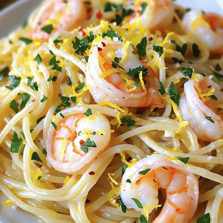 - 8 oz spaghetti or linguine - 1 lb large shrimp, peeled and deveined - 4 cloves garlic, minced - 1/4 cup olive oil - 1 lemon (zested and juiced) - 1/4 cup fresh parsley, chopped - 1/2 teaspoon red pepper flakes (optional) - Salt and pepper to taste - Grated Parmesan cheese for serving When I make Lemon Garlic Shrimp Pasta, I start with the main ingredients. The pasta is key. I choose either spaghetti or linguine. Both have the right texture. The shrimp adds protein and flavor. Large shrimp work best. Their size means they cook well and absorb the taste. Next, I grab garlic. Fresh, minced garlic gives the dish a punch of flavor. It's one of my favorite parts. With these main ingredients, we're well on our way to a great meal. Now, I gather the additional ingredients. First, I pour in some olive oil. It helps cook the garlic and shrimp. Then, I zest and juice a lemon. The citrus brightens up the dish and adds freshness. I also chop fresh parsley. It adds color and flavor. If you like heat, add red pepper flakes. They bring a nice kick. Don't forget salt and pepper. They are essential for seasoning. Finally, I always keep grated Parmesan cheese on hand. It makes a great topping that melts into the warm pasta. These ingredients come together for a dish that is simple yet packed with flavor. For the full recipe, you can follow the steps to create this delightful meal. To start, bring a large pot of salted water to a boil. Add 8 ounces of spaghetti or linguine. Cook the pasta until it is al dente, following the package instructions. This usually takes about 8 to 10 minutes. Once done, reserve about 1/2 cup of the pasta water before draining the rest. Set the pasta aside in a large bowl. Next, grab a large skillet and heat 1/4 cup of olive oil over medium heat. Add 4 cloves of minced garlic to the skillet. Sauté the garlic for about 1 minute. Keep an eye on it, so it doesn't burn. After the garlic becomes fragrant, add 1 pound of large shrimp, peeled and deveined. Cook the shrimp for 2 to 3 minutes on each side. They will turn pink when done. Season the shrimp with salt, pepper, and optional red pepper flakes for some heat. Once the shrimp are cooked, it’s time to mix everything. Add the cooked pasta to the skillet with the shrimp. Pour in the juice and zest from 1 lemon. Toss everything well to combine. If the pasta looks dry, add a little of the reserved pasta water. This will help achieve the right consistency. Finally, stir in 1/4 cup of chopped fresh parsley. Adjust the seasoning if needed and serve immediately. For a finishing touch, sprinkle some grated Parmesan cheese on top. Enjoy your delicious meal! To cook your pasta just right, aim for al dente. This means the pasta should be firm yet tender. Cook it according to the package, but check a minute early. This helps keep a good bite. Don’t forget to reserve some pasta water before draining. This water is starchy and helps bind the sauce. If your dish seems dry, just add a splash of this water to get the right texture. Season your dish well. Use salt and pepper to bring out the flavors. For extra zing, add red pepper flakes. They add warmth without overpowering the dish. To really boost the garlic flavor, sauté it gently. Cook it until it's fragrant but not burnt. This way, the garlic infuses the oil with a rich taste, enhancing the shrimp and pasta. Make your dish look great when serving. Sprinkle fresh parsley on top for a pop of color. You can also add a generous amount of grated Parmesan cheese. It adds a nice finish and rich flavor. Pair Lemon Garlic Shrimp Pasta with a crisp salad or some garlic bread. These sides bring balance and make your meal feel complete. For more tasty ideas, check out the Full Recipe. {{image_2}} You can change the pasta type to fit your taste. Use whole wheat or gluten-free pasta. Both options work well with the dish. If you want a unique twist, try using fettuccine or penne. They all absorb the flavors nicely. If shrimp isn't your favorite, swap in other proteins. Chicken or scallops are great alternatives. You can even use tofu for a plant-based meal. Just adjust cooking times to ensure everything cooks evenly. Adding vegetables boosts both flavor and nutrition. Spinach wilts down nicely and adds color. Cherry tomatoes burst with juice and sweetness. You can add these veggies when cooking the shrimp. Herbs and spices can transform this dish. Basil or oregano pair well with lemon. For heat, consider using crushed red pepper flakes. Fresh herbs like basil or cilantro add a pop of freshness. Experiment with what you love! Gluten-free eaters can enjoy this dish too. Use gluten-free pasta instead of traditional options. Make sure to check the label for safe ingredients. For a vegan version, skip the shrimp and Parmesan. Use chickpeas or mushrooms for texture. Nutritional yeast can give a cheesy flavor without the dairy. This way, everyone can enjoy a delicious meal! For the full recipe, check out the [Full Recipe]. To store your Lemon Garlic Shrimp Pasta, place it in an airtight container. This helps keep it fresh. You can store it in the fridge for up to three days. If you want to enjoy it later, make sure it cools down first before sealing the container. When you’re ready to eat the pasta again, there are a few easy ways to reheat it. You can use the microwave or heat it on the stove. If you microwave it, add a splash of water to keep it moist. If you use the stove, warm it over low heat and stir gently. This helps keep the shrimp tender and the pasta tasty. If you want to keep the Lemon Garlic Shrimp Pasta longer, freezing works great. First, let it cool completely. Then, pack it in a freezer-safe container or bag. It can last up to three months in the freezer. To reheat, thaw it overnight in the fridge. Then, warm it on the stove or microwave as mentioned above. Enjoy your delicious meal later with ease! For the complete recipe, check out the Full Recipe. Preparing Lemon Garlic Shrimp Pasta takes about 10 minutes for prep and 10 minutes for cooking. You can have this dish ready in just 20 minutes. This quick time makes it perfect for busy weeknights or a cozy dinner. Yes, you can use frozen shrimp. Just thaw the shrimp before cooking. Place frozen shrimp in a bowl of cold water for about 15-20 minutes. This method works well and keeps shrimp firm. Once thawed, peel and devein them if needed. Then, you can follow the steps in the full recipe. Lemon Garlic Shrimp Pasta goes well with many sides. Here are some great options: - A simple green salad with lemon vinaigrette. - Garlic bread for a crunchy bite. - Steamed asparagus or broccoli for some veggies. - A light tomato salad to balance the dish's flavors. These sides add freshness and texture to your meal, making it even more enjoyable. Lemon Garlic Shrimp Pasta combines fresh flavors and simple steps. We covered ingredients, cooking methods, and helpful tips. Remember to reserve pasta water for the best texture. You can also customize with veggies or different proteins. This dish is quick and enjoyable for any meal. Try it next time you cook. It’s easy, tasty, and sure to impress! Enjoy sharing or savoring this meal with loved ones.