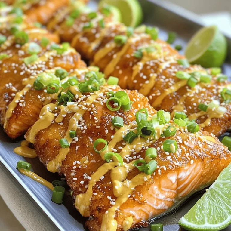 To make Bang Bang Salmon, you need a few simple ingredients. Each one adds its own special touch to the dish. Here’s what you will need: - 4 salmon fillets (approximately 6 ounces each) - 1/2 cup mayonnaise - 2 tablespoons sweet chili sauce - 1 teaspoon Sriracha sauce (adjust based on your spice tolerance) - 1 tablespoon freshly squeezed lime juice - 1 teaspoon garlic powder - 1 teaspoon ground ginger - Salt and freshly ground black pepper, to taste - 2 tablespoons sesame oil (for cooking) - 3 green onions, finely chopped (for garnish) - Toasted sesame seeds (for garnish) These ingredients create a perfect balance of flavors. The salmon shines with its rich taste, while the sauce brings sweetness and a hint of spice. If you want to try a twist, you can adjust the Sriracha sauce to suit your heat preference. The fresh lime juice adds a nice zing, making the dish bright and refreshing. For the best results, use fresh salmon fillets. They cook up juicy and flaky. Don’t forget the green onions and sesame seeds for garnish. They add color and texture to your finished dish. If you want to explore more, check out the Full Recipe for step-by-step guidance. To start, grab a medium mixing bowl. Combine the following ingredients: - 1/2 cup mayonnaise - 2 tablespoons sweet chili sauce - 1 teaspoon Sriracha sauce - 1 tablespoon lime juice - 1 teaspoon garlic powder - 1 teaspoon ground ginger Whisk these together until smooth. This sauce brings a sweet and spicy kick to the salmon. Set it aside so the flavors can mingle. Next, take your salmon fillets. Pat them dry with paper towels. This step helps the skin crisp up nicely. Season both sides with salt and pepper. Now, heat 2 tablespoons of sesame oil in a large, non-stick skillet over medium-high heat. Wait until the oil shimmers. Carefully place the salmon fillets skin-side down in the hot skillet. Cook for 4-5 minutes without moving them. This creates a golden crust. Then, flip each fillet gently using a spatula. Cook for another 3-4 minutes. The salmon should be opaque and easily flake with a fork when done. Once the salmon is cooked perfectly, remove it from the skillet. Place the fillets on a serving platter. Drizzle the prepared Bang Bang sauce over the top of each fillet. For a pop of color and texture, sprinkle the dish with finely chopped green onions and toasted sesame seeds. For an extra touch, arrange lime wedges on the side. This adds a zesty burst of flavor. You can find the Full Recipe for detailed steps and tips. Enjoy your delicious Bang Bang Salmon! When selecting salmon, freshness is key. Look for bright, firm fillets. The color should be vibrant, ranging from deep pink to orange. Avoid any fillets that look dull or have brown spots. Wild-caught salmon often has more flavor than farmed salmon. If you can, ask your fishmonger about the source. Sustainable options are always a great choice. Cooking salmon requires attention. For a 6-ounce fillet, cook for about 4-5 minutes on the skin side. Flip the fillet and cook for an additional 3-4 minutes. Keep an eye on the fish; it’s done when it flakes easily with a fork. If the salmon is thicker, adjust your cooking time. Use a meat thermometer for accuracy; the internal temperature should reach 145°F. For a beautiful presentation, serve your Bang Bang Salmon on a large platter. Drizzle extra Bang Bang sauce around the edges. Garnish with chopped green onions and toasted sesame seeds for crunch. Lime wedges add a zesty kick. Pair it with rice or a fresh salad to complete the meal. This dish is perfect for dinner parties or a weeknight treat. For the complete recipe, check the [Full Recipe]. {{image_4}} You can switch up the sauce to keep things fun. Try using yogurt instead of mayonnaise for a lighter taste. You can also mix in some honey mustard for a sweet kick. If you prefer something spicy, add more Sriracha or even chipotle sauce. Each sauce brings a new flavor twist to your Bang Bang Salmon. Pair your salmon with colorful veggies. Steamed broccoli or sautéed spinach work great. You can also roast bell peppers and zucchini for a tasty side. If you want a fun twist, serve it over a bed of rice or quinoa. These sides will make your meal more filling and nutritious. Baking is an easy way to cook Bang Bang Salmon. Preheat your oven to 400°F (200°C). Place the seasoned salmon on a baking sheet and drizzle with sesame oil. Bake for 12-15 minutes or until cooked through. Grilling is another option. Heat your grill and cook the salmon fillets for about 4-5 minutes per side. Both methods keep the salmon juicy and flavorful. For the complete instructions, check out the Full Recipe. To keep leftover Bang Bang salmon fresh, store it in the fridge. First, let the salmon cool down to room temperature. Then, place it in an airtight container. Make sure to cover it well to keep out air. Leftover salmon stays good for up to three days in the fridge. When you are ready to enjoy your leftover salmon, reheat it gently. I recommend using the oven for the best results. Preheat your oven to 350°F (175°C). Place the salmon on a baking sheet, and cover it with foil. Heat for about 10-15 minutes or until warm. You can also use a microwave, but it may dry out the fish. If using a microwave, heat in 30-second intervals to avoid overcooking. For storing your Bang Bang salmon, choose high-quality glass or BPA-free plastic containers. Glass containers work well because they don't hold odors and are easy to clean. Make sure the container has a tight seal to keep the salmon fresh. If you plan to freeze the salmon, use freezer-safe bags. Remove as much air as possible before sealing to prevent freezer burn. Bang Bang Salmon has a rich and creamy flavor. The sauce is sweet with a hint of heat. The balance of sweet chili and Sriracha gives it a unique kick. The salmon itself is tender and flaky, soaking up the sauce well. When you take a bite, you’ll enjoy layers of flavor that excite your taste buds. It’s a dish that combines savory, spicy, and slightly tangy notes, making it a delight for many. Yes, you can easily make Bang Bang Salmon gluten-free. First, check the labels on your sweet chili sauce and Sriracha. Many brands use gluten-free ingredients. If you find a gluten-free option, you'll be good to go! Also, ensure your mayonnaise is gluten-free. Making these swaps lets you enjoy this tasty dish without worry. You can tell when salmon is cooked by checking its color. It should turn from bright pink to a pale, opaque color. Use a fork to test it; if it flakes easily, it’s done. The internal temperature should reach 145°F for safety. Cooking times can vary based on the thickness of the fillet, so keep an eye on it. Following these tips will help you achieve perfectly cooked salmon every time. You learned how to make Bang Bang Salmon from start to finish. We covered the ingredients, cooking steps, and helpful tips along the way. With this quick guide, you can impress anyone with your cooking. Feel free to explore variations to tailor the dish to your taste. Remember to store leftovers properly to enjoy them later. This simple yet flavorful recipe can be a favorite at your table. Enjoy cooking and happy eating!