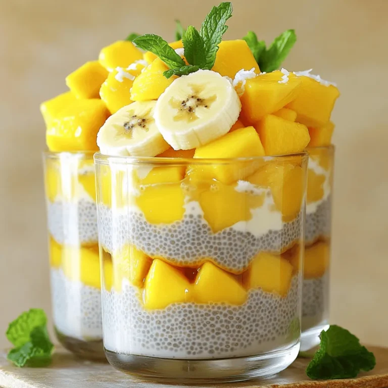To make the base of the pudding, you need a few key ingredients. First, gather 1/2 cup chia seeds. These tiny seeds absorb liquid and turn thick, creating a pudding texture. Next, use 2 cups of coconut milk, or any plant milk you like. Coconut milk adds a creamy taste. For sweetness, add 2 tablespoons of honey or maple syrup. Adjust this based on your preference. Lastly, include 1 teaspoon of vanilla extract for that extra flavor boost. Fresh fruit makes this pudding bright and fun. You will need 1 ripe banana, sliced. Bananas add creaminess and natural sweetness. Next, grab 1 cup of diced mango. Mango gives a juicy texture and tropical taste. Then, get 1 cup of diced pineapple which adds a tangy kick. To finish, include 1/2 cup of unsweetened shredded coconut. This adds a nice chewy texture. You can also use fresh mint leaves for garnish to brighten up the dish. Sweeteners and flavor enhancers play a big role in this pudding. Honey or maple syrup will add the right sweetness. You can also use agave syrup if you prefer. The vanilla extract not only adds sweetness but also a lovely aroma. If you're feeling adventurous, try adding a pinch of salt or cinnamon. Both can enhance the fruit flavors. For the full recipe, check the recipe section for more details. To start, gather your ingredients. You will need chia seeds, coconut milk, honey or maple syrup, and vanilla extract. In a mixing bowl, combine 1/2 cup chia seeds with 2 cups coconut milk. Add 2 tablespoons of honey or maple syrup, and 1 teaspoon of vanilla extract. Stir well to mix everything. Make sure the chia seeds spread out evenly in the liquid. Let this mixture sit for about 10 minutes. This time allows the chia seeds to absorb some liquid. After 10 minutes, stir again. This step is key. It helps keep the seeds from sticking together as they soak up the milk. Next, cover the bowl with plastic wrap or a lid. Place it in the fridge for at least 4 hours. If you can, let it sit overnight. The longer it sits, the thicker it gets. When you take it out, stir the pudding. It should feel thick and creamy, just like a good pudding should. Now it's time to layer your pudding with fresh fruit. Grab serving cups or bowls. Start with a layer of chia pudding at the bottom. Next, add sliced banana, followed by diced mango and pineapple. Repeat these layers until you reach the top of the cup. Finish with a sprinkle of shredded coconut and some fresh mint leaves for garnish. This adds a nice touch and bright flavor to your dish. You can find the full recipe at the beginning of this article. Enjoy this tasty treat! To get that creamy, pudding-like texture, you need to follow a few steps. After mixing the chia seeds with coconut milk, let it sit for 10 minutes. This allows the seeds to absorb some liquid. Then, stir again to break up any clumps. Cover the bowl and refrigerate for at least 4 hours. If you want a thicker pudding, add a bit more chia seeds to the mix. Always remember, the longer it sits, the thicker it gets! Choosing ripe fruits makes a big difference in flavor. For bananas, look for ones with a few brown spots. This shows they are sweet and ready to eat. When picking mangoes, press gently. They should give a little but not feel mushy. Pineapples should smell sweet at the base and feel firm. If you can, buy fruits that are in season. They taste better and are often cheaper! You can make this chia pudding your own. Try using different fruits like papaya or kiwi. You can also mix in spices like cinnamon or nutmeg for warmth. If you want a tropical twist, add a splash of lime juice. For more sweetness, adjust the honey or maple syrup to your taste. Experimenting lets you create a pudding you love. Check out the Full Recipe for more ideas! {{image_2}} You can use different types of milk for your pudding. Coconut milk adds a rich flavor. Almond milk is a light choice. Oat milk gives a creamy texture. You can also try soy milk or cashew milk. Each option changes the taste and texture slightly. Feel free to experiment and find your favorite! Tropical fruits bring fun flavors to your chia pudding. You can use papaya, kiwi, or passion fruit. Each fruit adds its own sweetness and zing. You might also enjoy using guava or dragon fruit. Mixing different fruits creates colorful layers. You can swap fruits based on what you like or have on hand. The options are endless, so have fun! Boost the health of your pudding by adding superfoods. You can stir in some crushed nuts or seeds. Try hemp seeds or flaxseeds for extra fiber. Spirulina or matcha powder can add a nutrient punch. You might also sprinkle some cacao nibs for a chocolatey touch. These additions not only give nutrients but also add unique flavors. Mix and match to make your pudding even better! To keep your chia pudding fresh, store it in airtight containers. Glass jars work great. Place the pudding in the fridge right after you make it. This keeps it cool and safe to eat. Make sure to use clean utensils when serving. This prevents germs from spoiling your snack. Chia pudding lasts about 5 days in the fridge. Check for signs of spoilage after a few days. If you see mold or a strange smell, it's time to toss it. The pudding may also separate. If that happens, just stir it well. This can help it look fresh again. You can freeze chia pudding for longer storage. Use freezer-safe containers for this. When you're ready to eat it, move it to the fridge overnight to thaw. Avoid microwaving it, as this can change the texture. After thawing, stir well to regain creaminess. For the best taste, enjoy it within a month. Yes, you can easily make this chia pudding vegan. Just use plant milk like almond or oat milk. Replace honey with maple syrup for a sweet touch. This way, you enjoy the same tasty pudding without any animal products. Chia pudding can last about 5 days in the fridge. Store it in an airtight container to keep it fresh. If you notice any changes in smell or texture, it’s best to throw it out. Always check before you eat! Chia seeds are tiny but mighty. They are full of fiber, which helps digestion. They also have omega-3 fatty acids, good for your heart. Plus, chia seeds provide protein and essential minerals. Adding them to your diet can boost your overall health! This blog post covered how to make delicious chia pudding with tropical fruits. We started with the chia seed base and added fresh fruits. I shared tips for the best texture, picking ripe fruit, and customizing flavors. You learned about milk options and superfood additions too. In conclusion, chia pudding is tasty and easy. You can mix flavors and even store it well. Enjoy your healthy treat any time!