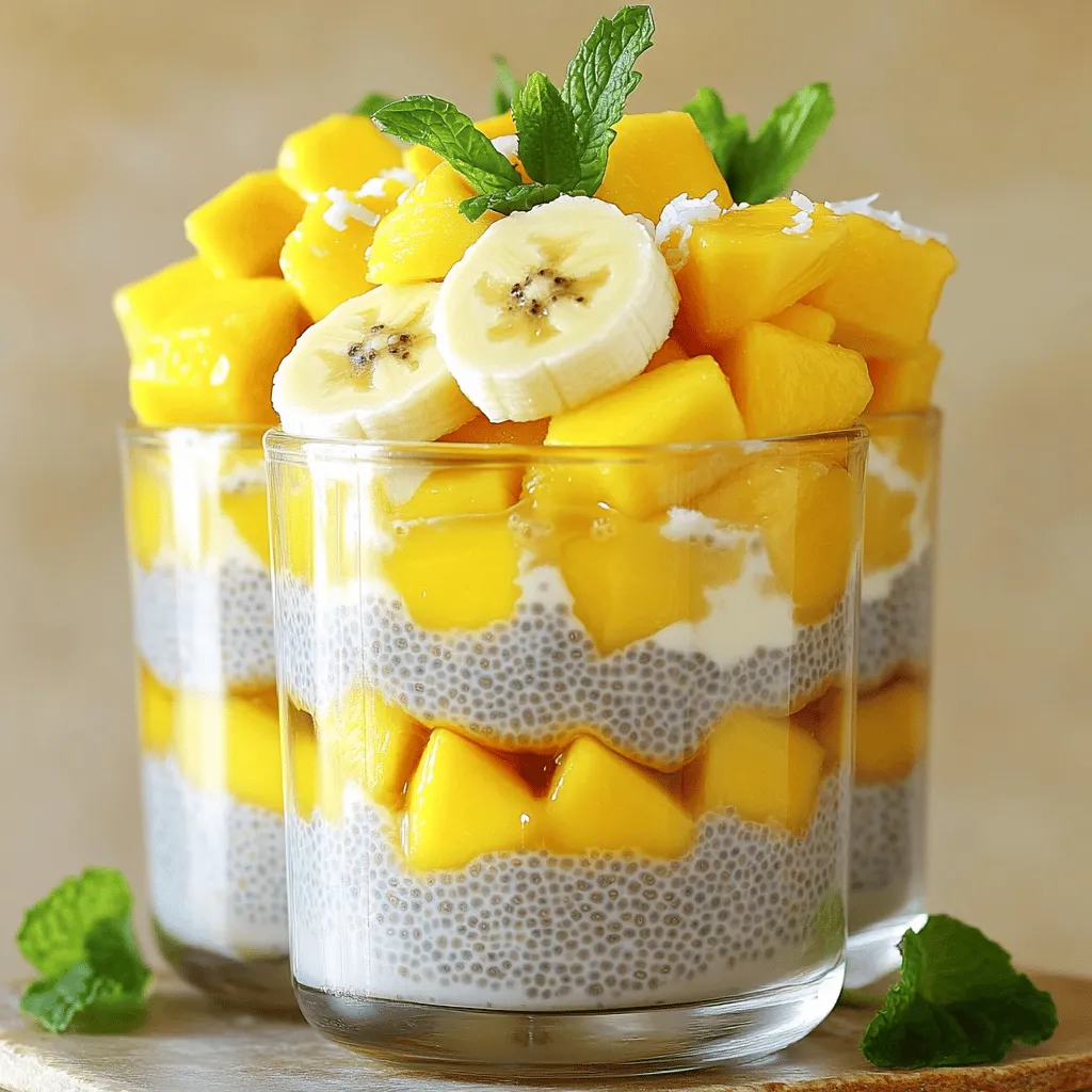 To make the base of the pudding, you need a few key ingredients. First, gather 1/2 cup chia seeds. These tiny seeds absorb liquid and turn thick, creating a pudding texture. Next, use 2 cups of coconut milk, or any plant milk you like. Coconut milk adds a creamy taste. For sweetness, add 2 tablespoons of honey or maple syrup. Adjust this based on your preference. Lastly, include 1 teaspoon of vanilla extract for that extra flavor boost. Fresh fruit makes this pudding bright and fun. You will need 1 ripe banana, sliced. Bananas add creaminess and natural sweetness. Next, grab 1 cup of diced mango. Mango gives a juicy texture and tropical taste. Then, get 1 cup of diced pineapple which adds a tangy kick. To finish, include 1/2 cup of unsweetened shredded coconut. This adds a nice chewy texture. You can also use fresh mint leaves for garnish to brighten up the dish. Sweeteners and flavor enhancers play a big role in this pudding. Honey or maple syrup will add the right sweetness. You can also use agave syrup if you prefer. The vanilla extract not only adds sweetness but also a lovely aroma. If you're feeling adventurous, try adding a pinch of salt or cinnamon. Both can enhance the fruit flavors. For the full recipe, check the recipe section for more details. To start, gather your ingredients. You will need chia seeds, coconut milk, honey or maple syrup, and vanilla extract. In a mixing bowl, combine 1/2 cup chia seeds with 2 cups coconut milk. Add 2 tablespoons of honey or maple syrup, and 1 teaspoon of vanilla extract. Stir well to mix everything. Make sure the chia seeds spread out evenly in the liquid. Let this mixture sit for about 10 minutes. This time allows the chia seeds to absorb some liquid. After 10 minutes, stir again. This step is key. It helps keep the seeds from sticking together as they soak up the milk. Next, cover the bowl with plastic wrap or a lid. Place it in the fridge for at least 4 hours. If you can, let it sit overnight. The longer it sits, the thicker it gets. When you take it out, stir the pudding. It should feel thick and creamy, just like a good pudding should. Now it's time to layer your pudding with fresh fruit. Grab serving cups or bowls. Start with a layer of chia pudding at the bottom. Next, add sliced banana, followed by diced mango and pineapple. Repeat these layers until you reach the top of the cup. Finish with a sprinkle of shredded coconut and some fresh mint leaves for garnish. This adds a nice touch and bright flavor to your dish. You can find the full recipe at the beginning of this article. Enjoy this tasty treat! To get that creamy, pudding-like texture, you need to follow a few steps. After mixing the chia seeds with coconut milk, let it sit for 10 minutes. This allows the seeds to absorb some liquid. Then, stir again to break up any clumps. Cover the bowl and refrigerate for at least 4 hours. If you want a thicker pudding, add a bit more chia seeds to the mix. Always remember, the longer it sits, the thicker it gets! Choosing ripe fruits makes a big difference in flavor. For bananas, look for ones with a few brown spots. This shows they are sweet and ready to eat. When picking mangoes, press gently. They should give a little but not feel mushy. Pineapples should smell sweet at the base and feel firm. If you can, buy fruits that are in season. They taste better and are often cheaper! You can make this chia pudding your own. Try using different fruits like papaya or kiwi. You can also mix in spices like cinnamon or nutmeg for warmth. If you want a tropical twist, add a splash of lime juice. For more sweetness, adjust the honey or maple syrup to your taste. Experimenting lets you create a pudding you love. Check out the Full Recipe for more ideas! {{image_2}} You can use different types of milk for your pudding. Coconut milk adds a rich flavor. Almond milk is a light choice. Oat milk gives a creamy texture. You can also try soy milk or cashew milk. Each option changes the taste and texture slightly. Feel free to experiment and find your favorite! Tropical fruits bring fun flavors to your chia pudding. You can use papaya, kiwi, or passion fruit. Each fruit adds its own sweetness and zing. You might also enjoy using guava or dragon fruit. Mixing different fruits creates colorful layers. You can swap fruits based on what you like or have on hand. The options are endless, so have fun! Boost the health of your pudding by adding superfoods. You can stir in some crushed nuts or seeds. Try hemp seeds or flaxseeds for extra fiber. Spirulina or matcha powder can add a nutrient punch. You might also sprinkle some cacao nibs for a chocolatey touch. These additions not only give nutrients but also add unique flavors. Mix and match to make your pudding even better! To keep your chia pudding fresh, store it in airtight containers. Glass jars work great. Place the pudding in the fridge right after you make it. This keeps it cool and safe to eat. Make sure to use clean utensils when serving. This prevents germs from spoiling your snack. Chia pudding lasts about 5 days in the fridge. Check for signs of spoilage after a few days. If you see mold or a strange smell, it's time to toss it. The pudding may also separate. If that happens, just stir it well. This can help it look fresh again. You can freeze chia pudding for longer storage. Use freezer-safe containers for this. When you're ready to eat it, move it to the fridge overnight to thaw. Avoid microwaving it, as this can change the texture. After thawing, stir well to regain creaminess. For the best taste, enjoy it within a month. Yes, you can easily make this chia pudding vegan. Just use plant milk like almond or oat milk. Replace honey with maple syrup for a sweet touch. This way, you enjoy the same tasty pudding without any animal products. Chia pudding can last about 5 days in the fridge. Store it in an airtight container to keep it fresh. If you notice any changes in smell or texture, it’s best to throw it out. Always check before you eat! Chia seeds are tiny but mighty. They are full of fiber, which helps digestion. They also have omega-3 fatty acids, good for your heart. Plus, chia seeds provide protein and essential minerals. Adding them to your diet can boost your overall health! This blog post covered how to make delicious chia pudding with tropical fruits. We started with the chia seed base and added fresh fruits. I shared tips for the best texture, picking ripe fruit, and customizing flavors. You learned about milk options and superfood additions too. In conclusion, chia pudding is tasty and easy. You can mix flavors and even store it well. Enjoy your healthy treat any time!