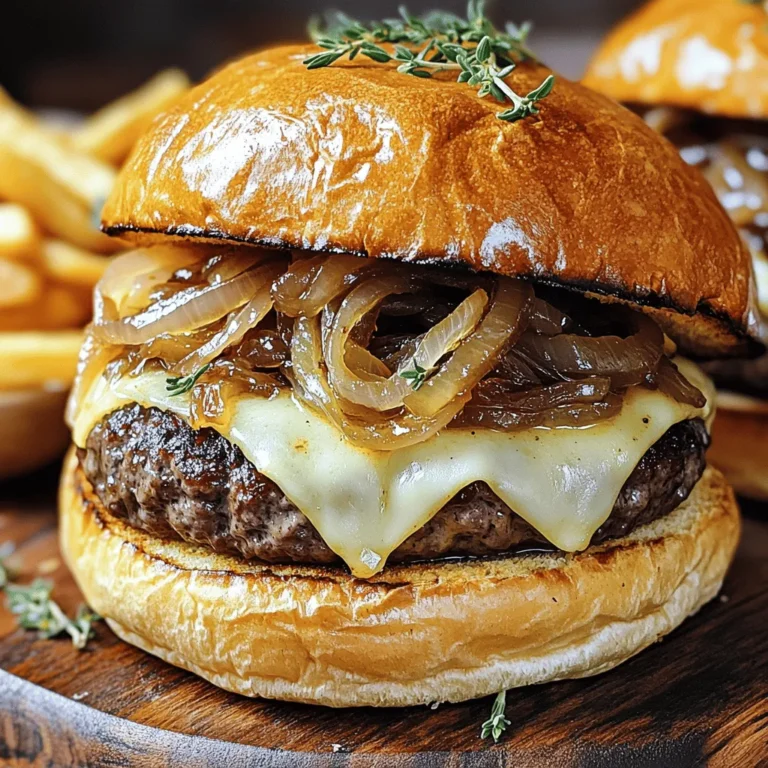 - 1 lb ground beef (80% lean, 20% fat) - 1 large yellow onion, thinly sliced - 4 slices of Swiss cheese - 4 burger buns (preferably brioche) - 2 tablespoons unsalted butter - 1 tablespoon olive oil - 1 teaspoon sugar - 1 teaspoon garlic powder - Salt and pepper to taste - Fresh thyme leaves When I make French onion burgers, I love using the best ingredients. The ground beef is key. I choose a mix that has 80% lean meat. This gives the burger a juicy and tasty bite. Yellow onions add sweetness and depth. Slicing them thin helps them caramelize well. Swiss cheese melts beautifully on the burger. It adds a creamy layer that pairs perfectly with the onions. For the buns, I recommend brioche. They have a soft and buttery texture that elevates the meal. I also pay attention to seasonings. Unsalted butter and olive oil help caramelize the onions. Sugar enhances their natural sweetness. Garlic powder adds an extra punch of flavor. A pinch of salt and pepper rounds out the seasoning. Lastly, fresh thyme leaves make a lovely garnish. They add color and a hint of earthiness to the dish. This simple herb brightens up the rich flavors. For a full recipe, you can explore how these ingredients come together in a wonderful meal. To make the caramelized onions, heat a large skillet on medium. Add two tablespoons of unsalted butter and one tablespoon of olive oil. Once the butter melts, add one large, thinly sliced yellow onion, a teaspoon of sugar, and a pinch of salt. Stir the onions often for about 25 minutes. They will turn a lovely golden brown. This slow cooking brings out their sweet flavor. Tips for achieving perfect caramelization: - Use low to medium heat: High heat can burn the onions. - Be patient: Caramelizing takes time but is worth it. - Stir frequently: This helps cook them evenly. Grab a mixing bowl and add one pound of ground beef. Use beef that is 80% lean and 20% fat for the best taste. Mix in one teaspoon of garlic powder, salt, and pepper to your liking. Make sure the spices blend well with the meat. When shaping, divide the meat into four equal pieces. Form each piece into a patty. Make these patties a bit bigger than the buns. They will shrink while cooking. You can cook the burgers on a grill or in a skillet. Preheat your grill or skillet over medium-high heat. Place the patties on the hot surface and sear them for about 4 to 5 minutes on each side. This depends on how you like your burgers cooked. Best practices for cheese melting: - Place a slice of Swiss cheese on each patty in the last minute of cooking. - Cover the pan or grill. This traps heat and helps melt the cheese nicely. Follow these steps carefully, and you will have flavorful French onion burgers ready to enjoy! For the full recipe, check out the detailed cooking process mentioned earlier. To boost the French onion flavor, use fresh onions. Fresh onions add a sweet taste and aroma. Caramelizing them well is key. Cook them slowly over low heat for great results. Stir them often to prevent burning. Adding a teaspoon of sugar helps them caramelize nicely. For juicier burgers, choose ground beef with 20% fat. This keeps the meat moist and tasty. Don't overmix the beef; handle it gently. French onion burgers pair well with crispy fries or a fresh salad. You can also serve them with a side of onion rings for fun. For a nice touch, use a wooden board to present the burgers. Add extra sprigs of thyme around the burgers for color. This makes your meal look inviting and delicious. One common mistake is pressing down on the burgers while they cook. This squeezes out juices and makes them dry. Another mistake is cooking burgers on too high heat. This can burn the outside while leaving the inside raw. Use a meat thermometer to check the doneness. Aim for 160°F for perfect burgers. Lastly, don't skimp on seasoning. Salt and pepper make a big difference in flavor. {{image_4}} You can switch up the cheese on your French onion burgers. Swiss cheese is tasty, but other options work too. Try provolone for a creamy melt. Cheddar brings a sharp flavor and great color. Mixing cheeses can also be fun! Use a blend of Swiss and cheddar for a gourmet touch. This combination adds depth to your burger's taste. Not everyone wants beef, and that’s okay! You can use ground turkey or chicken instead. These options are lighter yet still delicious. For a vegetarian spin, try a black bean or lentil patty. Season it well to capture that French onion flavor. You still get the rich taste without meat. Toppings and sauces can elevate your burger. A creamy garlic aioli pairs nicely with the sweet onions. You can add a tangy barbecue sauce for a fun twist. Sautéed mushrooms or crispy bacon add great texture. For a fresh touch, add arugula or spinach instead of lettuce. These toppings enhance the burger's flavor and make each bite exciting. For full details on making these savory burgers, check out the Full Recipe. After you enjoy your French onion burgers, store any leftovers in the fridge. Place the burgers in an airtight container. This keeps them fresh and tasty for up to three days. To avoid soggy onions, store them separately in another container. This helps maintain their texture and flavor. When it's time to eat your leftovers, reheating is key. The best way to reheat burgers is in a skillet. Heat the skillet over medium heat, add a splash of water, and cover it. This method keeps the burger juicy while warming it through. You can also use the microwave. Place the burger on a microwave-safe plate and cover it with a damp paper towel. Heat in short bursts until warm. If you want to save burgers for longer, freeze them. Wrap each burger tightly in plastic wrap, then place them in a freezer bag. They last up to three months in the freezer. When ready to eat, thaw them in the fridge overnight before reheating. For more details, check the Full Recipe. French onion burgers mix classic burgers with the sweet and savory taste of French onion soup. The key flavors come from caramelized onions and Swiss cheese, which create a rich and creamy experience. Each bite bursts with umami, making these burgers special and satisfying. Yes, you can prepare French onion burgers ahead of time. Cook the patties and caramelize the onions, then store them in the fridge. Use airtight containers to keep them fresh. When you’re ready to eat, just reheat the patties and onions. This makes meal prep easy and saves you time during busy weeks. To check if your burger is cooked right, use a meat thermometer. The safe internal temperature for beef burgers is 160°F (71°C). This ensures that your burger is juicy and safe to eat. A well-cooked burger will have a nice brown color on the outside while staying moist inside. French onion burgers blend savory flavors and textures. We covered key ingredients like ground beef, caramelized onions, and Swiss cheese. I also shared tips for seasoning, cooking methods, and common mistakes to avoid. Remember to try different cheeses and toppings for a twist. These burgers are easy to customize and perfect for sharing. Enjoy your cooking journey and create a meal that impresses everyone!
