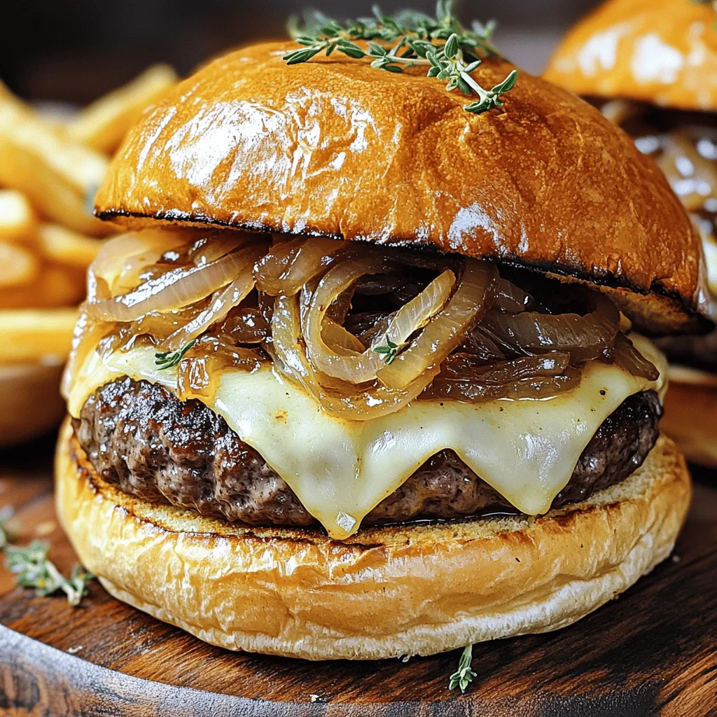 - 1 lb ground beef (80% lean, 20% fat) - 1 large yellow onion, thinly sliced - 4 slices of Swiss cheese - 4 burger buns (preferably brioche) - 2 tablespoons unsalted butter - 1 tablespoon olive oil - 1 teaspoon sugar - 1 teaspoon garlic powder - Salt and pepper to taste - Fresh thyme leaves When I make French onion burgers, I love using the best ingredients. The ground beef is key. I choose a mix that has 80% lean meat. This gives the burger a juicy and tasty bite. Yellow onions add sweetness and depth. Slicing them thin helps them caramelize well. Swiss cheese melts beautifully on the burger. It adds a creamy layer that pairs perfectly with the onions. For the buns, I recommend brioche. They have a soft and buttery texture that elevates the meal. I also pay attention to seasonings. Unsalted butter and olive oil help caramelize the onions. Sugar enhances their natural sweetness. Garlic powder adds an extra punch of flavor. A pinch of salt and pepper rounds out the seasoning. Lastly, fresh thyme leaves make a lovely garnish. They add color and a hint of earthiness to the dish. This simple herb brightens up the rich flavors. For a full recipe, you can explore how these ingredients come together in a wonderful meal. To make the caramelized onions, heat a large skillet on medium. Add two tablespoons of unsalted butter and one tablespoon of olive oil. Once the butter melts, add one large, thinly sliced yellow onion, a teaspoon of sugar, and a pinch of salt. Stir the onions often for about 25 minutes. They will turn a lovely golden brown. This slow cooking brings out their sweet flavor. Tips for achieving perfect caramelization: - Use low to medium heat: High heat can burn the onions. - Be patient: Caramelizing takes time but is worth it. - Stir frequently: This helps cook them evenly. Grab a mixing bowl and add one pound of ground beef. Use beef that is 80% lean and 20% fat for the best taste. Mix in one teaspoon of garlic powder, salt, and pepper to your liking. Make sure the spices blend well with the meat. When shaping, divide the meat into four equal pieces. Form each piece into a patty. Make these patties a bit bigger than the buns. They will shrink while cooking. You can cook the burgers on a grill or in a skillet. Preheat your grill or skillet over medium-high heat. Place the patties on the hot surface and sear them for about 4 to 5 minutes on each side. This depends on how you like your burgers cooked. Best practices for cheese melting: - Place a slice of Swiss cheese on each patty in the last minute of cooking. - Cover the pan or grill. This traps heat and helps melt the cheese nicely. Follow these steps carefully, and you will have flavorful French onion burgers ready to enjoy! For the full recipe, check out the detailed cooking process mentioned earlier. To boost the French onion flavor, use fresh onions. Fresh onions add a sweet taste and aroma. Caramelizing them well is key. Cook them slowly over low heat for great results. Stir them often to prevent burning. Adding a teaspoon of sugar helps them caramelize nicely. For juicier burgers, choose ground beef with 20% fat. This keeps the meat moist and tasty. Don't overmix the beef; handle it gently. French onion burgers pair well with crispy fries or a fresh salad. You can also serve them with a side of onion rings for fun. For a nice touch, use a wooden board to present the burgers. Add extra sprigs of thyme around the burgers for color. This makes your meal look inviting and delicious. One common mistake is pressing down on the burgers while they cook. This squeezes out juices and makes them dry. Another mistake is cooking burgers on too high heat. This can burn the outside while leaving the inside raw. Use a meat thermometer to check the doneness. Aim for 160°F for perfect burgers. Lastly, don't skimp on seasoning. Salt and pepper make a big difference in flavor. {{image_4}} You can switch up the cheese on your French onion burgers. Swiss cheese is tasty, but other options work too. Try provolone for a creamy melt. Cheddar brings a sharp flavor and great color. Mixing cheeses can also be fun! Use a blend of Swiss and cheddar for a gourmet touch. This combination adds depth to your burger's taste. Not everyone wants beef, and that’s okay! You can use ground turkey or chicken instead. These options are lighter yet still delicious. For a vegetarian spin, try a black bean or lentil patty. Season it well to capture that French onion flavor. You still get the rich taste without meat. Toppings and sauces can elevate your burger. A creamy garlic aioli pairs nicely with the sweet onions. You can add a tangy barbecue sauce for a fun twist. Sautéed mushrooms or crispy bacon add great texture. For a fresh touch, add arugula or spinach instead of lettuce. These toppings enhance the burger's flavor and make each bite exciting. For full details on making these savory burgers, check out the Full Recipe. After you enjoy your French onion burgers, store any leftovers in the fridge. Place the burgers in an airtight container. This keeps them fresh and tasty for up to three days. To avoid soggy onions, store them separately in another container. This helps maintain their texture and flavor. When it's time to eat your leftovers, reheating is key. The best way to reheat burgers is in a skillet. Heat the skillet over medium heat, add a splash of water, and cover it. This method keeps the burger juicy while warming it through. You can also use the microwave. Place the burger on a microwave-safe plate and cover it with a damp paper towel. Heat in short bursts until warm. If you want to save burgers for longer, freeze them. Wrap each burger tightly in plastic wrap, then place them in a freezer bag. They last up to three months in the freezer. When ready to eat, thaw them in the fridge overnight before reheating. For more details, check the Full Recipe. French onion burgers mix classic burgers with the sweet and savory taste of French onion soup. The key flavors come from caramelized onions and Swiss cheese, which create a rich and creamy experience. Each bite bursts with umami, making these burgers special and satisfying. Yes, you can prepare French onion burgers ahead of time. Cook the patties and caramelize the onions, then store them in the fridge. Use airtight containers to keep them fresh. When you’re ready to eat, just reheat the patties and onions. This makes meal prep easy and saves you time during busy weeks. To check if your burger is cooked right, use a meat thermometer. The safe internal temperature for beef burgers is 160°F (71°C). This ensures that your burger is juicy and safe to eat. A well-cooked burger will have a nice brown color on the outside while staying moist inside. French onion burgers blend savory flavors and textures. We covered key ingredients like ground beef, caramelized onions, and Swiss cheese. I also shared tips for seasoning, cooking methods, and common mistakes to avoid. Remember to try different cheeses and toppings for a twist. These burgers are easy to customize and perfect for sharing. Enjoy your cooking journey and create a meal that impresses everyone!