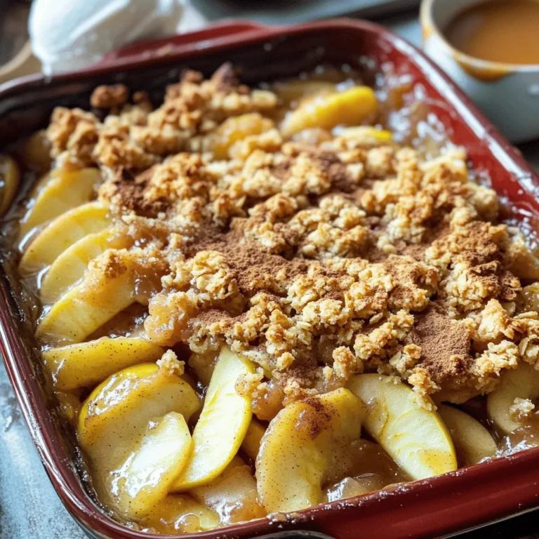 - 6 medium apples (Granny Smith or Honeycrisp) - 1 tablespoon lemon juice - 1 teaspoon ground cinnamon - ¼ teaspoon nutmeg - ¾ cup granulated sugar - 1 cup rolled oats - ¾ cup all-purpose flour - ½ cup brown sugar, packed - ½ cup unsalted butter, melted - Pinch of salt - Raisins or dried cranberries - Chopped nuts for crunch - Vanilla extract for extra flavor Gathering your ingredients is key to making a great apple crisp. You want to use fresh apples for the best taste. I love using Granny Smith for their tartness or Honeycrisp for sweetness. The lemon juice brightens the flavor and keeps the apples from browning. Ground cinnamon and nutmeg add a warm spice that makes this dessert feel cozy. Also, don’t forget the oats! They create a crunchy topping that contrasts perfectly with the soft, warm apples. You can mix in some raisins or nuts if you want more texture. A dash of vanilla can also make it extra special. When you have everything ready, you’re set to create this simple and delicious dessert. For the full recipe, check out the [Full Recipe]. - Preheat the oven to 350°F (175°C). - In a large bowl, combine sliced apples with lemon juice, cinnamon, nutmeg, and sugar. - Toss until the apples are well coated. This adds flavor and keeps the apples fresh. - In another bowl, mix oats, flour, brown sugar, melted butter, and salt. - Stir until the mixture is crumbly. This will create a nice topping. - Layer the apple mixture in a greased 9x13 inch baking dish. - Sprinkle the oat mixture evenly on top of the apples. - Bake for 35-40 minutes. Look for a golden brown topping and bubbling apples. Enjoy this classic apple crisp, and don't forget to check the Full Recipe for all the details! To make the best apple crisp, I suggest using a mix of tart and sweet apples. Granny Smith apples add a nice tart flavor, while Honeycrisp brings sweetness. This balance makes each bite delicious. Don’t forget to add the lemon juice. It brightens the flavor and keeps the apples from browning. A little acidity goes a long way in enhancing the taste. When it comes to serving, warm apple crisp shines with a scoop of vanilla ice cream. The cold ice cream melts into the warm crisp, creating a tasty treat. You can also top it with whipped cream for a light touch. For an extra sweet kick, drizzle caramel sauce on top. This adds richness and pairs well with the apples. Try these tips for a delightful dessert experience. For the full recipe, check out the [Full Recipe]. {{image_2}} You can add fun flavors to your apple crisp. Mixing in spices like ginger or cardamom gives it a warm kick. Ginger adds a hint of spice, while cardamom brings a sweet, floral note. You can also brighten your dish by adding some citrus zest. Try using lemon or orange zest for a fresh twist. This makes each bite pop with flavor. Apple crisp does not have to be just apples. You can use other fruits too. Pears can add a lovely sweetness. Berries, like blueberries or raspberries, give a nice tartness. Peaches can add a juicy and soft texture. You could even mix different fruits together. A blend of apples, pears, and berries creates a colorful and tasty dessert. You can find the full recipe for classic apple crisp to try these ideas. Refrigerate leftovers in an airtight container. This keeps the apple crisp fresh for about 3 to 5 days. Make sure to let it cool before storing. If you plan to enjoy it later, cover it well to prevent it from drying out. You can freeze apple crisp for up to 3 months. To do this, let it cool completely. Then, wrap it tightly with plastic wrap and place it in a freezer-safe bag. When you're ready to enjoy it, remove it from the freezer and thaw it in the fridge overnight. For reheating, preheat your oven to 350°F (175°C). Place the apple crisp in an oven-safe dish. Heat it for about 20 minutes, or until warm. This method keeps the topping nice and crisp. You can also microwave individual portions for a quick treat. Just heat for 30 seconds to 1 minute. Enjoy your delicious dessert! Your apple crisp is done when the topping is golden brown. The apples should bubble around the edges. Check the center to see if the apples are tender. This usually takes 35 to 40 minutes in the oven. If you see steam rising, that means it's cooking well! Yes, you can prepare your apple crisp ahead of time! Just follow the recipe up to the baking step. Cover the dish tightly and store it in the fridge. When you're ready, bake it fresh. You can also freeze it. Just thaw it in the fridge overnight before baking. Apple crisp pairs well with many treats! A scoop of vanilla ice cream is a classic choice. Whipped cream adds a nice touch too. For a fun twist, drizzle caramel sauce on top. You can also serve it with coffee or warm tea to balance the sweetness. Enjoy! To recap, we explored the delicious world of apple crisp. We covered what ingredients you need and how to prepare them. I shared tips for the perfect bake and fun variations. You learned about storage methods and FAQs to enhance your baking. Apple crisp is versatile and easy to make. With a few simple tweaks, you can create your unique version. Enjoy baking and savoring this classic dish with your favorite add-ins. Your warm apple crisp will surely please everyone at the table.