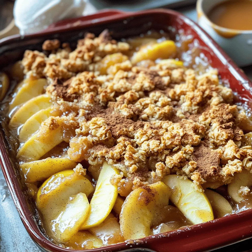 - 6 medium apples (Granny Smith or Honeycrisp) - 1 tablespoon lemon juice - 1 teaspoon ground cinnamon - ¼ teaspoon nutmeg - ¾ cup granulated sugar - 1 cup rolled oats - ¾ cup all-purpose flour - ½ cup brown sugar, packed - ½ cup unsalted butter, melted - Pinch of salt - Raisins or dried cranberries - Chopped nuts for crunch - Vanilla extract for extra flavor Gathering your ingredients is key to making a great apple crisp. You want to use fresh apples for the best taste. I love using Granny Smith for their tartness or Honeycrisp for sweetness. The lemon juice brightens the flavor and keeps the apples from browning. Ground cinnamon and nutmeg add a warm spice that makes this dessert feel cozy. Also, don’t forget the oats! They create a crunchy topping that contrasts perfectly with the soft, warm apples. You can mix in some raisins or nuts if you want more texture. A dash of vanilla can also make it extra special. When you have everything ready, you’re set to create this simple and delicious dessert. For the full recipe, check out the [Full Recipe]. - Preheat the oven to 350°F (175°C). - In a large bowl, combine sliced apples with lemon juice, cinnamon, nutmeg, and sugar. - Toss until the apples are well coated. This adds flavor and keeps the apples fresh. - In another bowl, mix oats, flour, brown sugar, melted butter, and salt. - Stir until the mixture is crumbly. This will create a nice topping. - Layer the apple mixture in a greased 9x13 inch baking dish. - Sprinkle the oat mixture evenly on top of the apples. - Bake for 35-40 minutes. Look for a golden brown topping and bubbling apples. Enjoy this classic apple crisp, and don't forget to check the Full Recipe for all the details! To make the best apple crisp, I suggest using a mix of tart and sweet apples. Granny Smith apples add a nice tart flavor, while Honeycrisp brings sweetness. This balance makes each bite delicious. Don’t forget to add the lemon juice. It brightens the flavor and keeps the apples from browning. A little acidity goes a long way in enhancing the taste. When it comes to serving, warm apple crisp shines with a scoop of vanilla ice cream. The cold ice cream melts into the warm crisp, creating a tasty treat. You can also top it with whipped cream for a light touch. For an extra sweet kick, drizzle caramel sauce on top. This adds richness and pairs well with the apples. Try these tips for a delightful dessert experience. For the full recipe, check out the [Full Recipe]. {{image_2}} You can add fun flavors to your apple crisp. Mixing in spices like ginger or cardamom gives it a warm kick. Ginger adds a hint of spice, while cardamom brings a sweet, floral note. You can also brighten your dish by adding some citrus zest. Try using lemon or orange zest for a fresh twist. This makes each bite pop with flavor. Apple crisp does not have to be just apples. You can use other fruits too. Pears can add a lovely sweetness. Berries, like blueberries or raspberries, give a nice tartness. Peaches can add a juicy and soft texture. You could even mix different fruits together. A blend of apples, pears, and berries creates a colorful and tasty dessert. You can find the full recipe for classic apple crisp to try these ideas. Refrigerate leftovers in an airtight container. This keeps the apple crisp fresh for about 3 to 5 days. Make sure to let it cool before storing. If you plan to enjoy it later, cover it well to prevent it from drying out. You can freeze apple crisp for up to 3 months. To do this, let it cool completely. Then, wrap it tightly with plastic wrap and place it in a freezer-safe bag. When you're ready to enjoy it, remove it from the freezer and thaw it in the fridge overnight. For reheating, preheat your oven to 350°F (175°C). Place the apple crisp in an oven-safe dish. Heat it for about 20 minutes, or until warm. This method keeps the topping nice and crisp. You can also microwave individual portions for a quick treat. Just heat for 30 seconds to 1 minute. Enjoy your delicious dessert! Your apple crisp is done when the topping is golden brown. The apples should bubble around the edges. Check the center to see if the apples are tender. This usually takes 35 to 40 minutes in the oven. If you see steam rising, that means it's cooking well! Yes, you can prepare your apple crisp ahead of time! Just follow the recipe up to the baking step. Cover the dish tightly and store it in the fridge. When you're ready, bake it fresh. You can also freeze it. Just thaw it in the fridge overnight before baking. Apple crisp pairs well with many treats! A scoop of vanilla ice cream is a classic choice. Whipped cream adds a nice touch too. For a fun twist, drizzle caramel sauce on top. You can also serve it with coffee or warm tea to balance the sweetness. Enjoy! To recap, we explored the delicious world of apple crisp. We covered what ingredients you need and how to prepare them. I shared tips for the perfect bake and fun variations. You learned about storage methods and FAQs to enhance your baking. Apple crisp is versatile and easy to make. With a few simple tweaks, you can create your unique version. Enjoy baking and savoring this classic dish with your favorite add-ins. Your warm apple crisp will surely please everyone at the table.