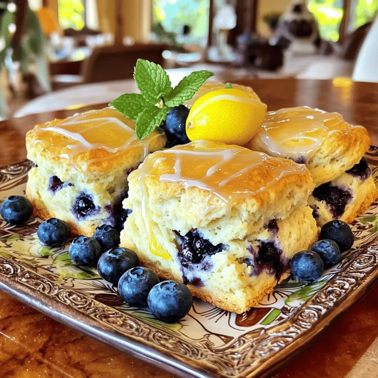 - 2 cups all-purpose flour - 1/2 cup granulated sugar - 1 tablespoon baking powder - 1/2 teaspoon salt - 6 tablespoons cold unsalted butter, cubed - 1/2 cup fresh blueberries (plus extra for garnish) - Zest of 1 lemon - 1/4 cup heavy cream - 1/4 cup Greek yogurt - 1 tablespoon lemon juice - 1 teaspoon vanilla extract - 1 egg To make these lemon blueberry scones, we start with simple, fresh ingredients. The flour provides the base, while sugar adds sweetness. Baking powder helps the scones rise, making them light. A pinch of salt balances the flavors. Cold butter is key. It creates a flaky texture. The blueberries burst with flavor, making each bite special. Lemon zest adds a bright, fresh taste. Heavy cream and Greek yogurt keep the scones moist. Lemon juice enhances the lemony flavor, and vanilla brings warmth. The egg binds everything together. - Mixing bowls - Pastry cutter (or fingertips) - Baking sheet - Parchment paper - Wire rack You will need a few tools for this recipe. A mixing bowl helps combine all the ingredients. A pastry cutter or your hands will mix the butter into the flour. A baking sheet is essential for baking scones. Lining it with parchment paper stops sticking. Finally, a wire rack cools the scones after baking. For the complete recipe, check the section labeled "Full Recipe" to dive into this delightful treat. - Preheat your oven to 400°F (200°C). - Line a baking sheet with parchment paper. - In a large mixing bowl, whisk together: - 2 cups all-purpose flour - 1/2 cup granulated sugar - 1 tablespoon baking powder - 1/2 teaspoon salt I always start with the dry mix. This step ensures everything blends well. Proper mixing helps the scones rise perfectly. - Add cold cubed butter to the dry ingredients. - Fold in 1/2 cup of fresh blueberries and zest of 1 lemon. Cutting the cold butter into the flour makes the scones flaky. The blueberries and lemon zest add bright flavors. Gently fold them in to keep the berries whole. - In a separate bowl, whisk together: - 1/4 cup heavy cream - 1/4 cup Greek yogurt - 1 tablespoon lemon juice - 1 teaspoon vanilla extract - 1 egg This mixture gives the scones moisture. The yogurt adds richness and helps keep them tender. - Pour the wet mixture into the dry ingredients. - Stir gently until just combined. Be careful not to overmix. This keeps the scones light and airy. - Turn the dough onto a floured surface. - Knead it gently and pat it into a disc about 1 inch thick. - Cut into 8 wedges and place them on the prepared baking sheet. Bake for 15-18 minutes, or until golden brown. The warm scones come out soft, with a nice crunch on the outside. For more detail, you can check the Full Recipe for Lemon Blueberry Bliss Scones. To make the best lemon blueberry scones, avoid over-mixing the dough. When you mix too much, the scones can become tough. Gently stir until the ingredients just come together. This keeps them light and fluffy. For a stronger lemon flavor, add more lemon zest. You can also add a little more lemon juice to the wet mix. If you want extra sweetness, increase the sugar slightly. This will balance the tartness of the blueberries. You can even add a pinch of salt to enhance all the flavors. For serving your scones, place them on a nice plate. Add fresh blueberries and a sprig of mint for color. You can also drizzle a lemon glaze made from powdered sugar and lemon juice on top. This gives a lovely shine and extra taste. For the full recipe, check out Lemon Blueberry Bliss Scones. {{image_2}} You can change the fruit in these scones. Try raspberries, strawberries, or blackberries. Each fruit adds a new taste. You can also add nuts like walnuts or pecans for crunch. For a fun twist, mix in some chocolate chips. This adds a sweet richness. Don't be afraid to experiment! Just keep the main ingredients the same. To make gluten-free scones, swap the all-purpose flour with a gluten-free blend. Look for blends that have xanthan gum. This helps give the scones structure. You might also need to adjust the liquid a bit. Add a tablespoon of extra yogurt or cream if the dough feels dry. If you want vegan scones, use plant-based butter instead of dairy butter. Replace the egg with a flax egg. Just mix one tablespoon of flaxseed meal with three tablespoons of water. Let it sit for a few minutes to thicken. For the cream, use coconut cream or almond milk. These swaps keep the scones tasty and light. You can still enjoy Lemon Blueberry Bliss Scones with these changes! After baking, I recommend storing your Lemon Blueberry Scones at room temperature. Place them in an airtight container. This keeps them soft and fresh. If you prefer, you can store them in the fridge. However, this may make them a bit dry. I find room temperature is best for keeping that delightful taste. For long-term storage, freezing is the way to go. Wrap each scone tightly in plastic wrap. Then, place them in a freezer bag. This prevents freezer burn and keeps the scones fresh. They can stay in the freezer for up to three months. When ready to eat, just thaw them in the fridge overnight. To enjoy your scones warm, reheat them in the oven. Preheat your oven to 350°F (175°C). Place the scones on a baking tray and cover them with foil. Heat for about 10 minutes. This method keeps them soft and tasty. You can also use a microwave, but this may make them chewy. If you prefer, sprinkle a little lemon juice on top before reheating for extra zing. Yes, you can use frozen blueberries. They work well in scones. Just remember a few tips: - Do not thaw the blueberries before adding them to your dough. - Frozen berries may color the dough blue. This is normal. - Use a bit more flour to balance moisture from the frozen fruit. These scones stay fresh for about 2 to 3 days at room temperature. - Store them in an airtight container to keep them soft. - You can also refrigerate them for up to a week. - If you freeze them, they can last up to 3 months. Lemon blueberry scones pair well with many drinks and spreads. Here are some ideas: - Freshly brewed tea or coffee enhances the flavors. - Serve with lemon curd for an extra citrus kick. - Cream cheese or whipped cream adds a smooth texture. You can prepare the dough in advance and chill it. - Form the scones and wrap them tightly in plastic wrap. - Refrigerate for up to 24 hours before baking. - You can also freeze them before baking. Just add a few extra minutes to the baking time. Enjoy these scones warm for the best taste. - Drizzle with a simple lemon glaze for added sweetness. - Garnish with fresh blueberries for a pop of color. - Pair with a dollop of cream or yogurt for a rich treat. For complete details, check out the [Lemon Blueberry Bliss Scones](#). This article shared a simple recipe for Lemon Blueberry Scones. You learned essential tips for baking and storage. Feel free to customize flavors or make vegan versions. Don’t skip the presentation tips; they’ll impress your guests. Enjoy your fresh scones warm or store them for later. Baking these treats brings joy and delicious taste. Dive in and make your kitchen a cozy place! Your scone adventure starts now!