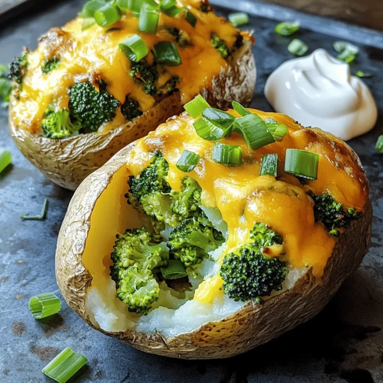 - 4 large russet potatoes - 2 cups broccoli florets, chopped - 1 cup sharp cheddar cheese, grated - 1/2 cup cream cheese, softened - 1/4 cup sour cream - 2 tablespoons butter - 1 garlic clove, minced - Salt and pepper to taste - 1/4 teaspoon paprika (optional) - Green onions, chopped (for garnish) The main ingredients for broccoli cheddar stuffed potatoes are simple and fresh. Russet potatoes are perfect because they are fluffy and hold up well. Broccoli adds a nice crunch and color. Sharp cheddar cheese gives a bold flavor, while cream cheese and sour cream add creaminess. Butter and garlic bring richness and aroma. - Additional toppings (bacon bits, chives) - Alternative cheese options You can play with the toppings. Bacon bits add a savory touch. Chives lend a fresh, onion-like flavor. You may also swap cheese types if you prefer. Try mozzarella or pepper jack for a twist. This recipe is flexible, so feel free to make it your own! 1. Preheat your oven to 425°F (220°C). This helps the potatoes cook evenly. 2. Scrub the russet potatoes under running water. This removes dirt and makes them clean. 3. Pierce each potato several times with a fork. This lets steam escape as they bake. 4. Place the potatoes on a baking sheet. Bake them for 45-60 minutes. They are done when tender. 1. While the potatoes bake, steam the broccoli florets for 3-4 minutes. They should look bright green and tender. 2. Drain the broccoli and set it aside. This keeps it from getting too soggy. 3. In a mixing bowl, combine the steamed broccoli, sharp cheddar cheese, cream cheese, sour cream, butter, and minced garlic. 4. Stir everything together until it’s well mixed and coated. Add salt and pepper to taste. This mixture is the heart of the dish. 1. When the potatoes are cooked, take them out of the oven. Let them cool for a few minutes. 2. Cut each potato in half lengthwise. Be careful; they will be hot! 3. Scoop out some of the potato flesh with a spoon. Place this in a separate bowl. Don’t scoop out too much; leave some for structure. 4. Mash the scooped-out potato flesh with a fork until it’s smooth. 5. Add this mashed potato back to the broccoli and cheese mixture. Stir until everything is combined. 6. Spoon the broccoli-cheese filling back into the potato skins. Heap it on top for a nice look. 7. Return the filled potatoes to the oven. Bake for an additional 15 minutes. The tops should be golden and the cheese melted. 8. Take them out of the oven and let them cool slightly. Garnish with chopped green onions before serving. For the complete details, check the Full Recipe. Enjoy your delicious Broccoli Cheddar Stuffed Potatoes! To know when your potatoes are done, pierce them with a fork. If it slides in easily, they’re ready. For best results, bake large russet potatoes for 45-60 minutes at 425°F (220°C). When you scoop out the flesh, leave some inside the skins. This helps the potato hold its shape. It also keeps the skins from getting too crispy. A little potato left adds flavor and texture to your filling. To boost flavor, consider adding spices like garlic powder or onion powder. A sprinkle of paprika gives a nice touch. You can also mix in some herbs, like thyme or chives, for a fresh taste. For a creamy filling, use both cream cheese and sour cream. This combo creates a rich texture. Mixing in some melted butter also adds a lovely smoothness to the filling. Serve your stuffed potatoes on a colorful plate. This makes the dish look inviting. You can drizzle a bit of sour cream on the side. It adds extra creaminess and looks nice too. Garnish with chopped green onions for a pop of color. They add a fresh crunch that pairs well with the soft filling. For an extra touch, you can even sprinkle some cheese on top before serving. Enjoy these tips to make your broccoli cheddar stuffed potatoes not just tasty, but a feast for the eyes! Don't forget to check out the Full Recipe for complete instructions. {{image_2}} If you want a vegan version, swap dairy ingredients for plant-based options. Use vegan cheese instead of cheddar. Replace cream cheese and sour cream with cashew cream or tofu. These changes keep the flavor while making it dairy-free. For gluten-free needs, ensure you pick gluten-free cheese. Most cheeses are safe, but always check labels. You can also serve the filling in a bowl without the potato skin. This way, you enjoy all the flavors without gluten. Adding protein can make this dish heartier. Try cooked chicken or crispy bacon for extra flavor. Chop them up and mix them into the filling. This will add a tasty twist and make it more filling. You can also change up the veggies! Spinach and bell peppers work well. Chop them finely and add them to the broccoli mix. This adds color and nutrition to the dish, making it even better. Want to save time? You can use an air fryer. Just set it to 375°F (190°C) and cook the potatoes for about 30 minutes. This method gives you a crispy skin and soft inside. For a hands-off approach, try a slow cooker. Place the potatoes in the cooker, add a bit of water, and cook on low for 6-8 hours. This way, they cook while you do other things. Just be sure to check for doneness before serving. For the full recipe, check out the details above. To store your leftover broccoli cheddar stuffed potatoes, place them in an airtight container. This keeps them fresh and tasty in the fridge. Make sure to cool them down before sealing the container. They can stay in the fridge for about 3 to 5 days. If you want to save some for later, freezing is a great option. Wrap each stuffed potato tightly in plastic wrap, then place them in a freezer bag. This method helps prevent freezer burn. You can freeze them for up to 3 months. When it's time to heat up your stuffed potatoes, the best method is to use the oven. Preheat your oven to 350°F (175°C). Place the potatoes on a baking sheet and cover them with foil. This keeps moisture in and prevents drying out. Heat for about 20-25 minutes or until they are hot all the way through. You can also use a microwave if you're in a hurry. Simply place a potato on a microwave-safe plate and cover it with a damp paper towel. Heat for 2-3 minutes, checking often to avoid overcooking. These stuffed potatoes can last in the fridge for about 3 to 5 days. If you freeze them, they can last for 3 months. Look for signs of spoilage, like a sour smell or mold, before eating. If they don't smell right, it's best to toss them. Enjoying your delicious broccoli cheddar stuffed potatoes fresh is always the best way! For the complete recipe, see the [Full Recipe]. Baking the potatoes takes about 45 to 60 minutes. Start by preheating your oven to 425°F (220°C). Scrub the potatoes well and pierce them several times with a fork. This step helps steam escape while they bake. Place the potatoes on a baking sheet and let them bake until they feel soft when you poke them with a fork. The exact time can depend on the size of your potatoes. Larger ones might take a bit longer. Yes, you can prepare these stuffed potatoes ahead of time. Bake the potatoes and prepare the filling. Store the potato skins and filling separately in the fridge. When you are ready to eat, simply fill the skins and bake them. This method saves you time on busy days. You can even prepare everything a day before. Just reheat the filling if it has cooled down too much. Stuffed potatoes pair well with many side dishes. A simple green salad adds freshness and crunch. You can also serve them with roasted vegetables for extra flavor. If you want protein, grilled chicken or a side of beans works well too. For a heartier meal, consider adding a warm soup. Tomato soup or a creamy broccoli soup complements the stuffed potatoes nicely. Absolutely, you can make these potatoes vegetarian. Use plant-based cream cheese and sour cream for the filling. You can also swap the cheddar cheese for a dairy-free alternative. This way, you keep the creamy texture and rich flavor. Ensure all your ingredients are labeled vegetarian. This dish remains delicious and satisfying without meat. This blog post detailed how to make tasty stuffed potatoes. We covered the key ingredients, preparation steps, and helpful tips. You learned ways to enhance flavor and explore easy variations. Stuffed potatoes are versatile, healthy, and fun to make. You can enjoy them as a side dish or a main meal. With these ideas, you can create your own unique version. Enjoy cooking and sharing this delicious dish!