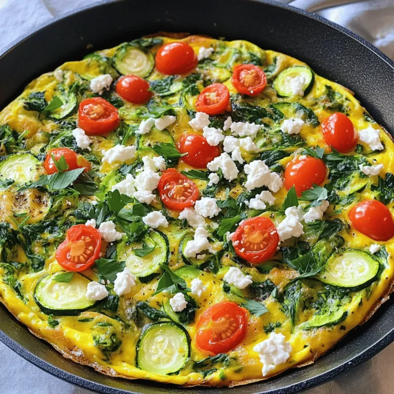To make a Zucchini Spinach Frittata, you need: - 4 large eggs - 1 medium zucchini, grated - 2 cups fresh spinach, chopped - 1/2 cup onion, finely chopped - 1/2 cup cherry tomatoes, halved - 1/3 cup feta cheese, crumbled - 2 tablespoons olive oil - 1 teaspoon garlic powder - Salt and pepper, to taste - Fresh herbs (parsley or basil), for garnish You can swap some ingredients to fit your taste. Use kale instead of spinach or bell peppers instead of zucchini. If you prefer a dairy-free meal, replace feta with tofu or a dairy-free cheese. For a lighter frittata, use egg whites or egg substitutes. You can also use different herbs for flavor. Basil and dill work well! This frittata is not only tasty but also healthy. Each serving has about: - Calories: 200 - Protein: 12g - Fat: 14g - Carbohydrates: 6g - Fiber: 2g The eggs provide protein, while spinach and zucchini add vitamins and minerals. Feta cheese brings calcium and flavor. This meal is balanced and great for breakfast, lunch, or dinner. For the full recipe, check out the cooking instructions. Start by gathering all your ingredients. You will need: - 4 large eggs - 1 medium zucchini, grated - 2 cups fresh spinach, chopped - 1/2 cup onion, finely chopped - 1/2 cup cherry tomatoes, halved - 1/3 cup feta cheese, crumbled - 2 tablespoons olive oil - 1 teaspoon garlic powder - Salt and pepper, to taste - Fresh herbs (parsley or basil), for garnish Next, preheat your oven to 375°F (190°C). This step is crucial for even cooking. In a medium bowl, whisk the eggs with garlic powder, salt, and pepper until mixed well. Set this bowl aside for later. Now, take an oven-safe skillet and heat the olive oil over medium heat. Once the oil is hot, add the chopped onion. Sauté it for about 3-4 minutes until it looks soft and clear. Then, add the grated zucchini to the skillet. Cook this mixture for another 2-3 minutes until the zucchini is tender. After that, stir in the chopped spinach and halved cherry tomatoes. Cook until the spinach wilts, which should take about 2 minutes. Pour the egg mixture evenly over the cooked veggies. Make sure it spreads out well. Sprinkle the crumbled feta cheese on top. Let it cook on the stovetop for 2-3 minutes until the edges start to set. Now, carefully transfer the skillet to the preheated oven. Bake for 10-15 minutes. You want the frittata to be firm in the center and golden brown on top. Once done, take it out of the oven and let it cool for a few minutes. Slice it up and garnish with fresh herbs. To get that perfect frittata texture, keep these tips in mind: - Whisk the eggs well to add air. This makes the frittata fluffy. - Avoid overcooking the veggies. They should be soft but not mushy. - Bake until just firm. Overbaking can dry it out. - Let it cool slightly before slicing. This helps it hold its shape. These simple steps will help you make a delicious and healthy Zucchini Spinach Frittata! For the complete recipe, check the Full Recipe section. When making a frittata, it's easy to make a few mistakes. Here are some to watch for: - Overcooking the eggs: This makes your frittata dry. Cook until just set. - Not using enough oil: A non-stick skillet is great, but oil helps prevent sticking. - Skipping the seasoning: Don't forget salt and pepper. They add flavor. Using the right tools makes cooking easier. Here are some I recommend: - Oven-safe skillet: A cast iron or non-stick skillet works best for even cooking. - Whisk: This helps mix the eggs smoothly. - Spatula: Use a silicone spatula to gently stir the veggies and eggs. You can make your dish pop with a few easy tips: - Fresh herbs: Add parsley or basil as a garnish for color and taste. - Cheese variety: Try goat cheese or mozzarella for a different flavor. - Colorful veggies: Use red bell peppers or mushrooms for more color and texture. Follow the Full Recipe for a delicious Zucchini Spinach Frittata that impresses every time! {{image_2}} You can easily change up your zucchini spinach frittata. Try adding bell peppers for sweetness or mushrooms for a savory touch. If you want more protein, add cooked sausage or diced ham. For a spicy kick, throw in some jalapeños or red pepper flakes. Don't forget that herbs can boost flavor too! Fresh dill or chives can add a lovely twist. You can make this frittata vegan by swapping eggs with silken tofu. Just blend the tofu until smooth and season as you would with eggs. To keep it gluten-free, make sure to check any added ingredients like cheese or seasonings. You can also use a gluten-free cheese option. This way, everyone can enjoy a slice! Serve your frittata warm or at room temperature. It pairs well with a fresh salad or crusty bread. For a heartier meal, serve it with roasted potatoes or a grain like quinoa. You can also enjoy it with a dollop of yogurt or a sprinkle of fresh herbs on top. This frittata is great for breakfast, lunch, or dinner. For the full recipe, check out the Zesty Zucchini Spinach Frittata. To keep your frittata fresh, let it cool first. Place it in an airtight container. This helps prevent moisture loss. You can store it in the fridge for up to three days. If you want to keep it longer, consider freezing it. When you're ready to enjoy your leftovers, preheat your oven to 350°F (175°C). Place the frittata on a baking sheet. Cover it with foil to keep it moist. Heat it for about 15 minutes. You can also reheat slices in the microwave. Just warm them for 30 to 60 seconds. If you want to freeze your frittata, slice it first. Wrap each slice in plastic wrap. Then, place the slices in a freezer-safe bag. This way, you can take out just what you need. It can stay fresh for up to two months in the freezer. When you're ready to eat, thaw it in the fridge overnight before reheating. Enjoy your tasty meal anytime! For the full recipe, refer to the Zesty Zucchini Spinach Frittata. To make a frittata fluffy, use fresh eggs. Whisk them well until they are light and airy. The key is to mix in air as you whisk. This helps the frittata rise while it cooks. Another tip is to cook it on low heat. This gives the eggs time to set without burning. Yes, you can add many other vegetables. Bell peppers, mushrooms, or asparagus work well. Just make sure to chop them small. This helps them cook evenly. You can also mix in leftover vegetables. This is a great way to use what you have. You can serve the frittata with a simple salad. A green salad with lemon dressing pairs nicely. Fresh fruit is another excellent choice. Sliced tomatoes or avocado add a nice touch too. For a heartier meal, consider serving it with toast or roasted potatoes. For the full recipe, check out the Zesty Zucchini Spinach Frittata. In this article, we explored the Zucchini Spinach Frittata. We covered the essential ingredients, substitutions, and nutrition. The step-by-step instructions showed how to prep and cook for the best texture. We discussed common mistakes to avoid and tools to use. Variations let you adapt the dish to your needs and taste. Finally, we shared storage tips for leftovers. This frittata is simple to make and full of flavor. Enjoy experimenting with it!