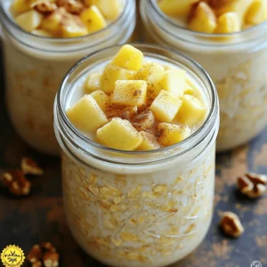 To make Apple Cinnamon Overnight Oats, you will need the following ingredients: - 1 cup rolled oats - 1 ½ cups almond milk (or any milk of your choice) - 1 medium apple, diced (preferably a sweet variety like Fuji or Honeycrisp) - 1 teaspoon ground cinnamon - 2 tablespoons maple syrup (or honey) - 1 tablespoon chia seeds (optional for added texture) - ¼ cup Greek yogurt (for creaminess, can be omitted for dairy-free) - A pinch of salt - Chopped walnuts or pecans for topping (optional) These ingredients blend well. The rolled oats give a hearty base. Almond milk adds creaminess. Diced apples bring sweetness and crunch. Cinnamon enhances warmth and flavor. Maple syrup or honey provides natural sweetness. Chia seeds add a fun texture. Greek yogurt makes it creamy, while salt balances flavors. Topping with nuts gives a nice crunch. Make sure to pick a sweet apple for the best taste. You can customize by using different types of milk or sweeteners. For a dairy-free option, just skip the yogurt. You can find the full recipe in the main article. Enjoy your healthy breakfast! 1. Combine rolled oats, almond milk, cinnamon, syrup, chia seeds, and salt. In a medium bowl, mix 1 cup of rolled oats, 1 ½ cups of almond milk, 1 teaspoon of ground cinnamon, 2 tablespoons of maple syrup, 1 tablespoon of chia seeds, and a pinch of salt. Stir until everything is well mixed. 2. Fold in diced apple and Greek yogurt (if using). Take 1 medium diced apple and gently fold it into the oat mixture. If you want extra creaminess, add ¼ cup of Greek yogurt. 3. Divide into jars and refrigerate. Pour the mixture into two jars or airtight containers. Seal them and place them in your fridge. Let them chill overnight or for at least 4 hours. - How to stir and add consistency in the morning. In the morning, take out your jars of oats. Stir them well. If they seem too thick, add a splash of almond milk to loosen them up. - Topping ideas for enhanced flavor. You can top your oats with more diced apples, a sprinkle of cinnamon, or some chopped walnuts or pecans. These toppings add great flavor and crunch! Enjoy your tasty Apple Cinnamon Overnight Oats from the Full Recipe! When making apple cinnamon overnight oats, choosing the right oats is key. I always use rolled oats. They soak up the liquid well and give a nice, chewy texture. Avoid instant oats; they can turn mushy. Keep your oats fresh by checking the date on the package. Adjusting sweetness is another important step. If you like sweeter oats, add more maple syrup or honey. Start with two tablespoons, then taste. You can always add more later. Keep in mind that the apple adds natural sweetness too. You can easily make this recipe dairy-free or vegan. For a dairy-free version, just skip the Greek yogurt. Use almond milk or another plant-based milk. This keeps it creamy and delicious without dairy. Feel free to mix in different fruits and nuts. Berries or bananas can add a fun twist. You could also try nuts like almonds or pecans. They add great crunch and flavor. Don’t hesitate to get creative and make it your own! For the full recipe, check out the details above. {{image_2}} You can change the flavor of your Apple Cinnamon Overnight Oats easily. Try adding spices like nutmeg or ginger. These spices give a warm twist to the dish. If you want a different sweet taste, swap maple syrup for agave or honey. This small change can make your oats feel fresh and new. Texture is key in any dish. To add crunch, include seeds, nuts, or granola. Walnuts or pecans work great on top. They give a nice bite and extra flavor. You can also adjust the yogurt amount for creaminess. If you want it thick, add more yogurt. For a lighter feel, use less. These tweaks can change how you enjoy your oats. Check the full recipe for more ideas. To keep your apple cinnamon overnight oats fresh, store them in the fridge. Use airtight jars or containers. This keeps the oats moist and prevents odors from other foods. Make sure to seal them tightly. These oats will last about 3 to 5 days in the fridge. If you see any mold or the oats smell sour, it’s best to toss them. Always check for signs of spoilage before eating. If you want to enjoy your oats warm, reheating is easy. Pour the oats into a bowl and microwave them for about 30 seconds. Stir them halfway through to heat evenly. To keep the oats creamy, add a splash of almond milk or water before reheating. This helps maintain their nice texture. Enjoy your warm oats with fresh toppings for an extra treat! How long do overnight oats last in the fridge? Overnight oats can last in the fridge for up to five days. This makes them great for meal prep. Just store them in airtight containers to keep them fresh. Can I use quick oats instead of rolled oats? Yes, you can use quick oats. However, they will absorb more liquid and may become mushy. Rolled oats give a better texture and chew. What’s the best way to meal prep overnight oats? To meal prep overnight oats, prepare several jars at once. Layer your ingredients in jars, seal them, and store them in the fridge. This saves time and makes mornings easy. Can I substitute almond milk with other types of milk? Absolutely! You can use any milk you like, such as cow's milk, soy milk, or oat milk. Each will give a slightly different flavor and texture. Apple cinnamon overnight oats are easy to make and tasty. You combine oats with milk, apples, and spices for a great meal. You can customize the recipe with various fruits or nuts. Remember to store your oats in the fridge for freshness. This simple dish gives you a healthy start to your day. Enjoy your creations and make them your own!